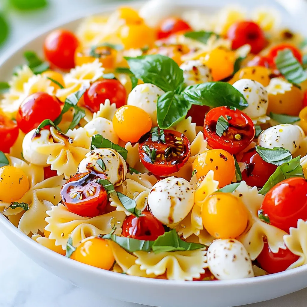 - 8 oz. farfalle (bow-tie) pasta - 1 cup cherry tomatoes, halved - 1 cup fresh mozzarella balls, halved - 1 cup fresh basil leaves, torn - 3 tablespoons extra-virgin olive oil - 1 tablespoon balsamic glaze - 1 clove garlic, minced - Salt and pepper to taste The key to a great Caprese pasta salad is fresh ingredients. I always choose ripe cherry tomatoes. Their sweetness adds a burst of flavor. Fresh mozzarella balls bring a creamy texture. You can find them in most stores. Look for ones packed in water for the best taste. Basil leaves are essential for that refreshing aroma. I prefer to tear them instead of chopping. It keeps the flavor intact. The extra-virgin olive oil gives the salad a rich depth. Balsamic glaze adds a sweet tang, balancing the dish perfectly. For seasoning, just a pinch of salt and pepper works wonders. I like to mix everything in a large bowl. This way, the flavors combine well. When you prepare this salad, you create a colorful and tasty dish. It’s perfect for gatherings or a quick lunch. Each bite is a delightful experience! {{ingredient_image_1}} First, boil water in a big pot. Add a pinch of salt to the water. Once it is boiling, add 8 oz. of farfalle pasta. Cook it for about 10-12 minutes until it is al dente. This means it should be firm but not hard. Drain the pasta in a colander. Rinse it under cold water to cool it down. This will stop the cooking process. In a large mixing bowl, combine the cooled farfalle pasta with 1 cup of halved cherry tomatoes and 1 cup of halved fresh mozzarella balls. Next, add 1 cup of torn fresh basil leaves. To this mixture, add 1 clove of minced garlic. Make sure to mix everything gently so that the ingredients stay intact. Now, it is time to add some flavor. Drizzle 3 tablespoons of extra-virgin olive oil over the salad. Next, add 1 tablespoon of balsamic glaze. Toss everything together gently until all the ingredients are well coated with the dressing. This will make your pasta salad taste fresh and delicious. Let the pasta salad chill in the refrigerator for about 15-30 minutes. This helps the flavors mix well. When you serve it, you can use a big bowl or individual plates. For a nice touch, add some extra basil leaves on top and drizzle more balsamic glaze. This makes the salad look nice and inviting. To make your Caprese pasta salad shine, focus on these tips: - Tips for al dente pasta: Always cook your farfalle pasta until it is al dente. This means it should be firm to the bite. Follow the package instructions, but check a minute or two early. Once cooked, drain and rinse the pasta under cold water. This stops the cooking and cools it down quickly. - Choosing the best tomatoes and mozzarella: Use fresh cherry tomatoes for a burst of flavor. Look for ones that are bright and firm. For mozzarella, choose fresh mozzarella balls, often called bocconcini. They should be plump and creamy. Their mild taste pairs perfectly with the other ingredients. To make your pasta salad even more appealing, think about these ideas: - Recommended pairings and garnishes: Serve your Caprese pasta salad with grilled chicken or shrimp. These proteins add heartiness. Garnish with extra basil leaves for a fresh touch. A drizzle of balsamic glaze on top adds a sweet note. - Plate presentation ideas: Present your salad in a large bowl or on individual plates. A bright plate contrasts nicely with the colors of the salad. Arrange the salad with care for a beautiful look. Avoid these common pitfalls: - Overcooking pasta: If you cook your pasta too long, it will become mushy. Keep an eye on the timer and taste frequently. - Using low-quality ingredients: The quality of your ingredients makes a big difference. Low-quality tomatoes or cheese can ruin your dish. Always choose fresh and high-quality items for the best flavor. Pro Tips Fresh Ingredients: Use the freshest cherry tomatoes and basil for the best flavor. Look for vibrant colors and firm textures. Perfect Pasta: Make sure to cook the pasta al dente to prevent it from becoming mushy when mixed with the dressing. Chill Time: Allow the pasta salad to sit in the refrigerator for at least 15-30 minutes before serving to enhance the flavors. Balsamic Glaze: For an added touch of sweetness and depth, consider drizzling extra balsamic glaze over the salad just before serving. {{image_2}} You can make Caprese pasta salad your own by adding protein. Grilled chicken or shrimp boosts flavor and makes it heartier. Simply chop the cooked protein and mix it in with the pasta and veggies. For a vegetarian option, try chickpeas or white beans. They add protein and keep the dish filling. If you have dietary needs, substitute ingredients easily. Use gluten-free pasta for a gluten-free version. Swap mozzarella for a vegan cheese or tofu for a dairy-free dish. These changes keep the salad delicious while meeting your needs. Seasonal vegetables can make your Caprese pasta salad shine. In spring, add fresh peas or asparagus for a crisp touch. In summer, consider diced bell peppers or zucchini for extra crunch. Fall brings the chance to add roasted butternut squash or Brussels sprouts. In winter, try using hearty greens like kale or spinach. These veggies not only bring flavor but also a pop of color to the dish. Work with what is fresh and available for the best taste. To enhance the flavor, think about adding spices or different dressings. A pinch of red pepper flakes can give the salad a nice kick. Fresh herbs like oregano or thyme deepen the flavor, too. Instead of balsamic glaze, dress your salad with lemon vinaigrette for a zesty twist. A sprinkle of Parmesan cheese adds richness without overpowering the dish. Experiment with flavors until you find your favorite mix. Each tweak makes your Caprese pasta salad unique and exciting! To keep your Caprese Pasta Salad fresh, refrigerate it right away. Use an airtight container. This helps block out air and keeps the salad's flavors. When stored correctly, it can stay good for up to three days. Be sure to stir it before serving. This mixes the flavors again. I do not recommend freezing Caprese Pasta Salad. The fresh ingredients like tomatoes and mozzarella do not freeze well. They can change texture and taste when thawed. It’s best to enjoy this salad fresh for the best flavor and texture. When stored in the fridge, your Caprese Pasta Salad will stay fresh for about three days. After that, it may lose its taste and quality. Always check for any changes in smell or appearance before eating. If it looks off, it's best to toss it. I love using farfalle pasta in this salad. Its fun shape holds the sauce well. You can also use rotini or penne if you prefer. These shapes add texture and make the dish more enjoyable. Just remember to cook your pasta until it is al dente. This means it should still be firm when you bite into it. Yes, you can make this salad ahead of time! It tastes even better after the flavors mix. I suggest preparing it in the morning if you plan to serve it later. Just keep it in the fridge. Let it sit for at least 15-30 minutes before serving. This waiting time allows the pasta to soak up the delicious dressing. To make this salad vegan, swap the fresh mozzarella for a plant-based cheese. You can find options made from nuts or soy. You can also skip the cheese if you want. The salad will still taste great with just the pasta, tomatoes, and basil. Use a good quality olive oil for extra flavor. Caprese Pasta Salad pairs well with many dishes. You can serve it with grilled chicken for added protein. It also goes great with garlic bread or a light soup. A fresh green salad makes a nice side, too. For drinks, try serving it with iced tea or sparkling water. In this blog post, we explored how to make a tasty Caprese Pasta Salad. We covered the essential ingredients like farfalle pasta, cherry tomatoes, and fresh basil. You learned the step-by-step process, tips for perfecting your dish, and how to store leftovers. Caprese Pasta Salad is versatile and easy, allowing you to customize it with proteins or seasonal flavors. Remember, fresh ingredients make a big difference. Enjoy creating your own tasty versions and sharing them with friends and family!
