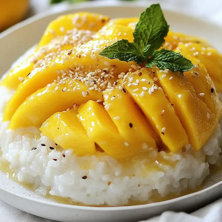 - 1 cup glutinous rice - 1 ½ cups coconut milk - ½ cup sugar - ½ teaspoon salt - 2 ripe mangoes, sliced - 1 tablespoon sesame seeds (toasted) - Fresh mint leaves (for garnish) To make Thai mango sticky rice, you need glutinous rice. This rice is sticky and helps create that perfect texture. Coconut milk adds rich flavor and creaminess. Sugar sweetens the dish, while salt balances the taste. Ripe mangoes provide freshness and a burst of flavor. Each ingredient plays a key role in making this dessert special. You can enhance your dish with toasted sesame seeds for crunch. Fresh mint leaves add a pop of color and flavor. If you want more texture, try adding crushed nuts. Some people like to drizzle extra coconut sauce on top. These add-ins make the dish even more delightful. {{ingredient_image_1}} To start, rinse 1 cup of glutinous rice in cold water. Keep rinsing until the water runs clear. This step helps remove excess starch. Next, soak the rice in water for at least 4 hours. Soaking overnight is even better. When you are ready, drain the rice. Place the rice in a bamboo steamer lined with cheesecloth or a heatproof dish. Steam the rice over simmering water for 25 to 30 minutes. The rice should be tender and sticky when done. While the rice is steaming, prepare the coconut sauce. In a saucepan, mix 1 ½ cups of coconut milk, ½ cup of sugar, and ½ teaspoon of salt. Heat this mixture gently. Stir until the sugar dissolves completely. Make sure not to let it boil. Set aside about 1/3 cup of this sauce. You’ll drizzle it later for extra flavor. After the rice is cooked, transfer it to a bowl. Pour the remaining coconut sauce over the rice. Mix well, allowing the rice to absorb the sauce for about 10 minutes. To serve, take a portion of sticky rice and place it on a plate. Fan out the sliced mangoes next to the rice. Drizzle the reserved coconut sauce over the top. Finish by sprinkling toasted sesame seeds on top and adding fresh mint leaves for garnish. Enjoy your delightful Thai mango sticky rice! To make the best mango sticky rice, you need ripe mangoes. Look for mangoes that feel soft but not mushy. The skin should have a nice yellow or orange color. You can also smell the fruit; a sweet aroma means it’s ripe. Try to choose mangoes that have smooth skin. Avoid any with dark spots or wrinkles. Sticky rice is the star of this dish. First, rinse the rice until the water runs clear. This removes excess starch. Soak the rice for at least four hours or overnight for the best texture. Steam the rice gently for 25-30 minutes. It should be tender and sticky. If it feels dry, add a bit more coconut milk. Mixing the rice with coconut sauce adds flavor and moisture. One common mistake is not soaking the rice long enough. This can lead to hard rice. Another mistake is boiling the coconut milk. Heat it gently to avoid curdling. Also, don't skip the reserved coconut sauce for drizzling. It adds a rich touch to the dish. Lastly, remember to let the rice absorb the sauce for about 10 minutes before serving. This step makes a big difference in flavor. Pro Tips Perfect Rice Texture: Soaking the glutinous rice for at least 4 hours helps achieve the desired sticky texture. For best results, soak it overnight. Low Heat Coconut Sauce: When preparing the coconut sauce, heat it on low to prevent boiling, which can alter its creamy consistency and flavor. Serving Temperature: Serve the sticky rice warm with chilled mango slices for a delightful contrast that enhances the dish's flavors. Garnish Variety: Experiment with different garnishes like toasted coconut flakes or chopped nuts to add texture and visual appeal to your dish. {{image_2}} To make your Thai mango sticky rice even better, try adding fruits and nuts. You can mix in sliced bananas or juicy pineapple for a fun twist. Chopped nuts like almonds or cashews add crunch and flavor. Sprinkle them on top for a beautiful look. These additions bring new tastes to the dish and make it more fun to eat. You can change the sweetener in your coconut sauce. Instead of sugar, try honey or agave nectar. Each sweetener gives a different flavor to the sauce. If you want a low-calorie option, use a sugar substitute like stevia. This lets you enjoy the dish without the extra calories. This recipe is already dairy-free, but you can make it more vegan-friendly. Use coconut milk, which is plant-based and rich. Make sure to check for any added ingredients in store-bought coconut milk. If you want to add creaminess, try a splash of almond or cashew milk. This keeps the dish tasty while sticking to vegan choices. You can store leftover sticky rice in an airtight container. Let it cool first. Place it in the fridge for up to three days. When you want to eat it, check the smell. If it smells off, throw it away. To reheat sticky rice, use a steamer or microwave. If using a microwave, add a splash of water. Cover it with a damp paper towel. Heat it for 30 seconds, then check. Repeat until warm. Steaming keeps it soft and sticky. Store ripe mangoes at room temperature until they soften. After they ripen, move them to the fridge. This helps them last longer. If you have cut mango, wrap it well. Use it within two days for the best taste. Thai Mango Sticky Rice is a sweet dessert from Thailand. It features glutinous rice, ripe mango, and coconut milk. The rice is sticky and soft, while the mango adds a fresh taste. You pour sweet coconut sauce over the rice. This dessert is simple but full of flavor. Yes, you can prepare parts of this recipe in advance. Soak the rice the night before. You can also make the coconut sauce ahead of time. Just store it in the fridge. When ready to serve, steam the rice and assemble everything. This makes it easier for gatherings. Yes, glutinous rice is unique. It is stickier than regular rice. This sticky texture helps it hold together. Regular rice does not have this quality. Glutinous rice is often used in Asian desserts. It makes the dish creamy and chewy, which is perfect for Thai Mango Sticky Rice. In this post, I shared how to make Thai Mango Sticky Rice. We covered essential ingredients and optional add-ins. You learned to prepare glutinous rice and make coconut sauce. We discussed tips to choose ripe mangoes and avoid common mistakes. I also shared variations, storage info, and answered FAQs. Enjoy this delightful dish with friends and family. It’s easy to make and always a hit. With practice, you’ll master it quickly. Happy cooking!