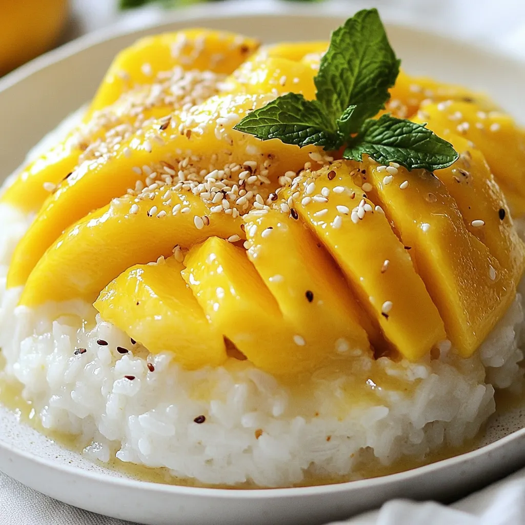 - 1 cup glutinous rice - 1 ½ cups coconut milk - ½ cup sugar - ½ teaspoon salt - 2 ripe mangoes, sliced - 1 tablespoon sesame seeds (toasted) - Fresh mint leaves (for garnish) To make Thai mango sticky rice, you need glutinous rice. This rice is sticky and helps create that perfect texture. Coconut milk adds rich flavor and creaminess. Sugar sweetens the dish, while salt balances the taste. Ripe mangoes provide freshness and a burst of flavor. Each ingredient plays a key role in making this dessert special. You can enhance your dish with toasted sesame seeds for crunch. Fresh mint leaves add a pop of color and flavor. If you want more texture, try adding crushed nuts. Some people like to drizzle extra coconut sauce on top. These add-ins make the dish even more delightful. {{ingredient_image_1}} To start, rinse 1 cup of glutinous rice in cold water. Keep rinsing until the water runs clear. This step helps remove excess starch. Next, soak the rice in water for at least 4 hours. Soaking overnight is even better. When you are ready, drain the rice. Place the rice in a bamboo steamer lined with cheesecloth or a heatproof dish. Steam the rice over simmering water for 25 to 30 minutes. The rice should be tender and sticky when done. While the rice is steaming, prepare the coconut sauce. In a saucepan, mix 1 ½ cups of coconut milk, ½ cup of sugar, and ½ teaspoon of salt. Heat this mixture gently. Stir until the sugar dissolves completely. Make sure not to let it boil. Set aside about 1/3 cup of this sauce. You’ll drizzle it later for extra flavor. After the rice is cooked, transfer it to a bowl. Pour the remaining coconut sauce over the rice. Mix well, allowing the rice to absorb the sauce for about 10 minutes. To serve, take a portion of sticky rice and place it on a plate. Fan out the sliced mangoes next to the rice. Drizzle the reserved coconut sauce over the top. Finish by sprinkling toasted sesame seeds on top and adding fresh mint leaves for garnish. Enjoy your delightful Thai mango sticky rice! To make the best mango sticky rice, you need ripe mangoes. Look for mangoes that feel soft but not mushy. The skin should have a nice yellow or orange color. You can also smell the fruit; a sweet aroma means it’s ripe. Try to choose mangoes that have smooth skin. Avoid any with dark spots or wrinkles. Sticky rice is the star of this dish. First, rinse the rice until the water runs clear. This removes excess starch. Soak the rice for at least four hours or overnight for the best texture. Steam the rice gently for 25-30 minutes. It should be tender and sticky. If it feels dry, add a bit more coconut milk. Mixing the rice with coconut sauce adds flavor and moisture. One common mistake is not soaking the rice long enough. This can lead to hard rice. Another mistake is boiling the coconut milk. Heat it gently to avoid curdling. Also, don't skip the reserved coconut sauce for drizzling. It adds a rich touch to the dish. Lastly, remember to let the rice absorb the sauce for about 10 minutes before serving. This step makes a big difference in flavor. Pro Tips Perfect Rice Texture: Soaking the glutinous rice for at least 4 hours helps achieve the desired sticky texture. For best results, soak it overnight. Low Heat Coconut Sauce: When preparing the coconut sauce, heat it on low to prevent boiling, which can alter its creamy consistency and flavor. Serving Temperature: Serve the sticky rice warm with chilled mango slices for a delightful contrast that enhances the dish's flavors. Garnish Variety: Experiment with different garnishes like toasted coconut flakes or chopped nuts to add texture and visual appeal to your dish. {{image_2}} To make your Thai mango sticky rice even better, try adding fruits and nuts. You can mix in sliced bananas or juicy pineapple for a fun twist. Chopped nuts like almonds or cashews add crunch and flavor. Sprinkle them on top for a beautiful look. These additions bring new tastes to the dish and make it more fun to eat. You can change the sweetener in your coconut sauce. Instead of sugar, try honey or agave nectar. Each sweetener gives a different flavor to the sauce. If you want a low-calorie option, use a sugar substitute like stevia. This lets you enjoy the dish without the extra calories. This recipe is already dairy-free, but you can make it more vegan-friendly. Use coconut milk, which is plant-based and rich. Make sure to check for any added ingredients in store-bought coconut milk. If you want to add creaminess, try a splash of almond or cashew milk. This keeps the dish tasty while sticking to vegan choices. You can store leftover sticky rice in an airtight container. Let it cool first. Place it in the fridge for up to three days. When you want to eat it, check the smell. If it smells off, throw it away. To reheat sticky rice, use a steamer or microwave. If using a microwave, add a splash of water. Cover it with a damp paper towel. Heat it for 30 seconds, then check. Repeat until warm. Steaming keeps it soft and sticky. Store ripe mangoes at room temperature until they soften. After they ripen, move them to the fridge. This helps them last longer. If you have cut mango, wrap it well. Use it within two days for the best taste. Thai Mango Sticky Rice is a sweet dessert from Thailand. It features glutinous rice, ripe mango, and coconut milk. The rice is sticky and soft, while the mango adds a fresh taste. You pour sweet coconut sauce over the rice. This dessert is simple but full of flavor. Yes, you can prepare parts of this recipe in advance. Soak the rice the night before. You can also make the coconut sauce ahead of time. Just store it in the fridge. When ready to serve, steam the rice and assemble everything. This makes it easier for gatherings. Yes, glutinous rice is unique. It is stickier than regular rice. This sticky texture helps it hold together. Regular rice does not have this quality. Glutinous rice is often used in Asian desserts. It makes the dish creamy and chewy, which is perfect for Thai Mango Sticky Rice. In this post, I shared how to make Thai Mango Sticky Rice. We covered essential ingredients and optional add-ins. You learned to prepare glutinous rice and make coconut sauce. We discussed tips to choose ripe mangoes and avoid common mistakes. I also shared variations, storage info, and answered FAQs. Enjoy this delightful dish with friends and family. It’s easy to make and always a hit. With practice, you’ll master it quickly. Happy cooking!
