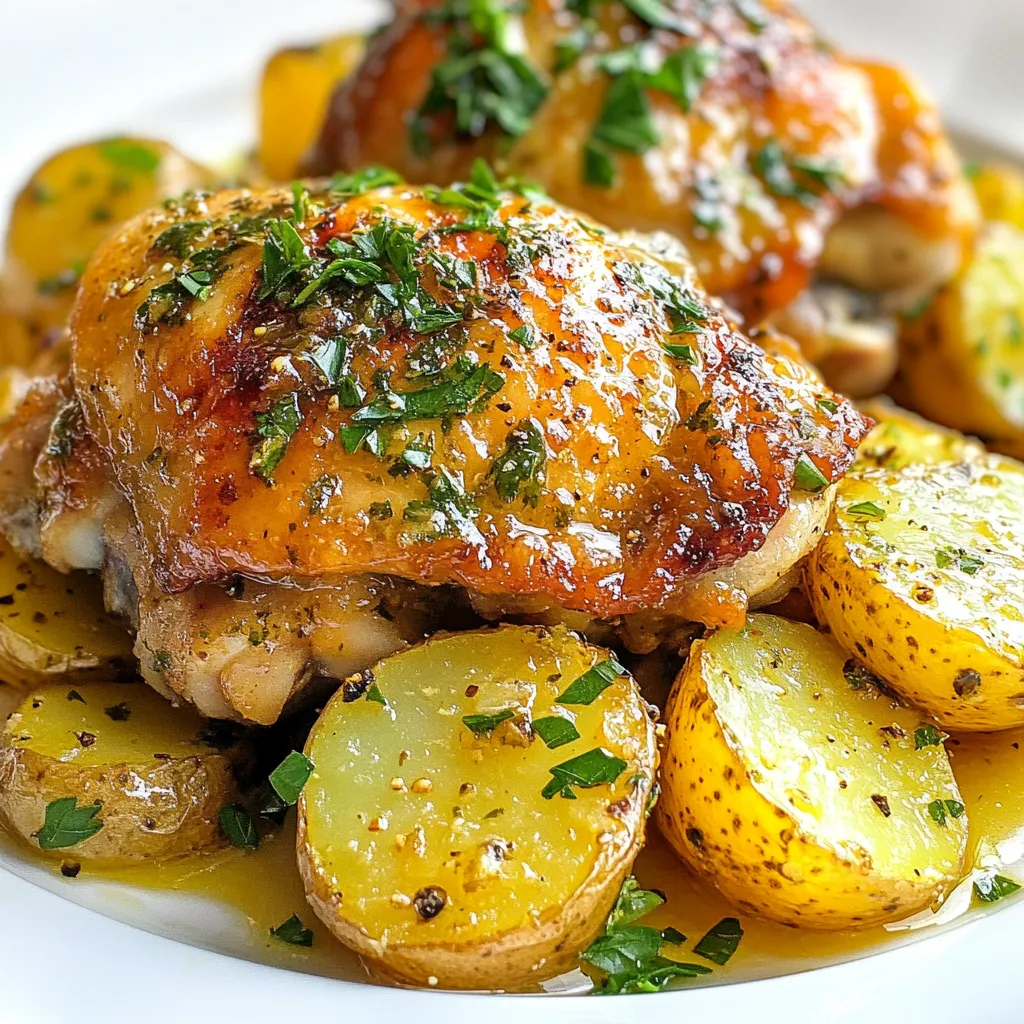 To make Greek Lemon Chicken and Potatoes, you need a few simple ingredients. Here’s what you will need: - 4 bone-in chicken thighs, skin-on - 1.5 pounds baby potatoes, halved - 4 cloves garlic, minced - 1 lemon, zested and juiced - 1 tablespoon dried oregano - 1 teaspoon thyme - 1/4 cup olive oil - Salt and pepper to taste - Fresh parsley, chopped (for garnish) Each ingredient plays a key role in building flavor. The chicken thighs give you rich, juicy meat. The baby potatoes soak up all that tasty lemon and olive oil. Garlic adds warmth and depth. Lemon brings a bright note that cuts through the richness. Oregano and thyme add herbal flavor that feels like a hug from the Mediterranean. Salt and pepper round out all these flavors, making every bite delightful. Don’t skip the fresh parsley on top! It adds a pop of color and a fresh taste. This dish is not just about eating; it’s about enjoying the mix of flavors and textures. You can find all these ingredients easily at the store, making this dish a great choice for a busy weeknight or a special meal. {{ingredient_image_1}} First, preheat your oven to 400°F (200°C). This step ensures your dish cooks evenly and gets that nice golden color. Next, grab a large mixing bowl. Combine 4 minced garlic cloves, the zest and juice of 1 lemon, 1/4 cup olive oil, 1 tablespoon dried oregano, and 1 teaspoon thyme. Add salt and pepper to taste. Mix all these ingredients until well blended. This marinade gives the chicken its vibrant flavor. Now, add 4 bone-in chicken thighs to the bowl. Make sure each piece is coated well in the marinade. Let the chicken sit for at least 20 minutes. For even more flavor, marinate it in the fridge for up to 2 hours. While the chicken marinates, take 1.5 pounds of baby potatoes and halve them. Place the potatoes in a large baking dish. Drizzle them with a little olive oil. Then, sprinkle with salt and pepper. Toss them gently to ensure they are well coated. After marinating, nestle the chicken thighs on top of the potatoes in the baking dish. This way, the juices from the chicken will flavor the potatoes as they cook. Pour any remaining marinade over everything, ensuring it’s all nicely coated. Place your baking dish in the preheated oven. Bake for 40-45 minutes. You’ll know it’s done when the chicken reaches 165°F and the juices run clear. The potatoes should also be tender. For a crispy skin, switch your oven to broil for the last 2-3 minutes. Keep a close eye on it, so it doesn't burn. The skin should turn a beautiful golden brown. Once done, remove the dish from the oven. Let it rest for about 5 minutes. This helps the juices settle. Before serving, sprinkle fresh chopped parsley on top for a burst of color and flavor. Enjoy your Greek Lemon Chicken and Potatoes! Marinating is key to great flavor. I suggest marinating your chicken for at least 20 minutes. If you have time, let it soak for up to 2 hours in the fridge. This helps the chicken absorb all the tasty garlic and lemon. Make sure to turn the chicken a few times. This ensures every piece gets the marinade. For crispy chicken skin, start by baking your chicken thighs skin-side up. This allows the heat to get directly to the skin. Once your chicken cooks for about 40 minutes, turn on the broiler for the last 2-3 minutes. Keep an eye on it! The skin can brown quickly. You want it golden and crispy, not burnt. Serve the Greek Lemon Chicken with the roasted baby potatoes right from the baking dish. The potatoes soak up the chicken juices, making them extra tasty. I love adding a sprinkle of fresh chopped parsley on top. It adds color and a fresh taste. Pair it with a side salad or some warm pita bread for a full meal. Pro Tips Marinate Longer for Flavor: Allow the chicken to marinate for at least 2 hours in the refrigerator. This enhances the flavor and tenderness of the chicken significantly. Crispier Skin: For extra crispy chicken skin, broil the dish for an additional 2-3 minutes after baking. Keep a close eye to prevent burning. Use Fresh Herbs: If possible, substitute dried oregano and thyme with fresh herbs for a brighter and more aromatic flavor profile. Even Cooking: Ensure the chicken thighs are of similar size for even cooking. You can also sear them in a pan before baking for added flavor and color. {{image_2}} You can add veggies to this dish for more flavor and color. Carrots, bell peppers, and zucchini work great. Just chop them up and toss them in with the potatoes. They soak up the lemony goodness and make the meal heartier. You can use cherry tomatoes too; they add a sweet burst. If you want to switch up the protein, use chicken breasts or drumsticks. Chicken breasts cook faster, so check them at 30 minutes. Drumsticks have more flavor and stay juicy. You can also try bone-in turkey thighs; they pair well with the lemon and herbs. Experiment with herbs to change the taste. Fresh rosemary or dill can add a nice twist. You could even add a pinch of cumin for a warm flavor. Just remember to adjust the amount based on your taste. Each herb brings its unique flair that can make this dish your own. To store leftovers, let the dish cool first. Place the chicken and potatoes in an airtight container. You can keep it in the fridge for up to 3 days. Make sure to cover it tightly. This will keep the flavors fresh and tasty. If you want to freeze the dish, cool it completely. Then, transfer it to a freezer-safe container. Use plastic wrap to cover it well before sealing. You can freeze it for up to 3 months. It’s best to freeze portions, so you can defrost just what you need. When you are ready to eat, thaw the dish in the fridge overnight. To reheat, use the oven for the best results. Preheat your oven to 350°F (175°C). Place the chicken and potatoes in a baking dish. Cover it with foil to keep it moist. Heat for about 20-30 minutes or until warmed through. For a crispy finish, remove the foil for the last 5 minutes. Enjoy your meal just like when it was fresh! Yes, you can use different types of potatoes. Red potatoes or Yukon gold work well. They have a similar texture and flavor. You can also try sweet potatoes for a twist. Each type will give a different taste. Just ensure they are cut into similar sizes for even cooking. If you use larger chicken pieces, increase the cooking time. Bone-in chicken breasts take longer to cook. Add about 10-15 minutes to the bake time. Always check the internal temperature. It should reach 165°F (74°C) for safety. This ensures your chicken is juicy and safe to eat. Greek Lemon Chicken and Potatoes pair well with many sides. A fresh Greek salad is a great choice. You can also serve it with rice or couscous. Roasted vegetables or steamed green beans are nice, too. These sides balance the flavors and add more nutrients. To check if the chicken is done, use a meat thermometer. Insert it into the thickest part of the thigh. It should read 165°F (74°C). The juices should run clear, not pink. If you cut into it, the meat should look opaque and white. This ensures it is fully cooked and safe. This blog post shows how to make Greek Lemon Chicken with potatoes. You learned about key ingredients like chicken thighs, garlic, and fresh herbs. I gave you simple steps to prepare and cook this dish. Using my tips, you can achieve crispy chicken skin and tasty results. Don’t forget about variations and storage options to make the most of your meal. With these ideas, you can impress anyone with your cooking skills. Enjoy your cooking adventure and savor the delicious flavors!