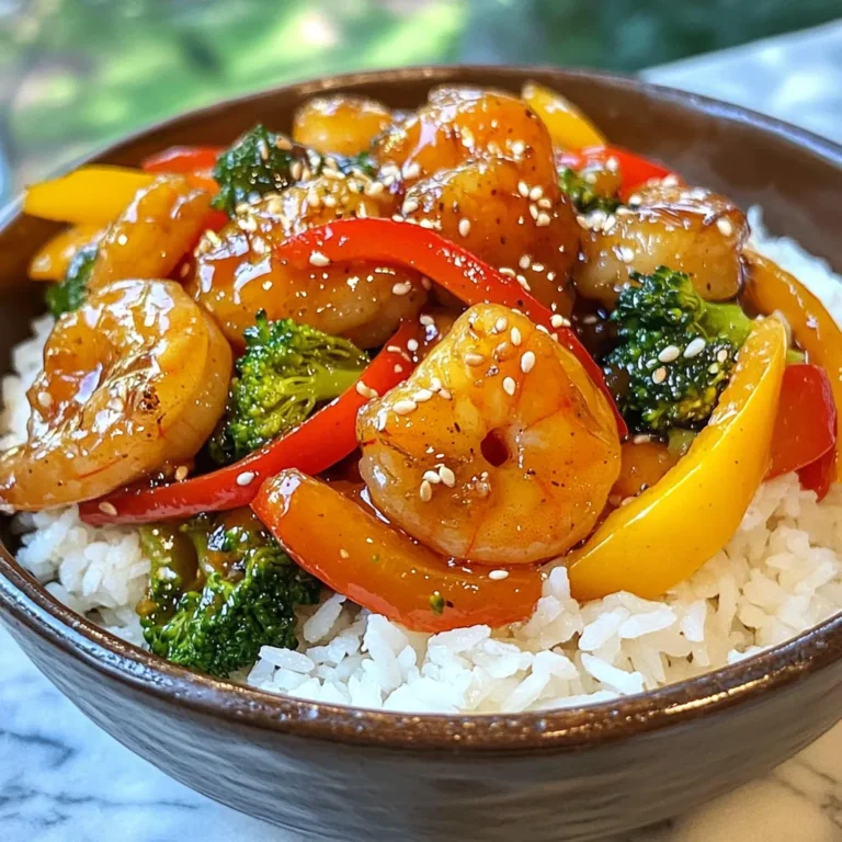 - 1 pound large shrimp, peeled and deveined - 1 cup bell peppers (red and yellow), sliced - 1 cup broccoli florets The main ingredients form the base of this honey garlic shrimp stir fry. The large shrimp provide protein and a sweet flavor. The bell peppers add color and crunch. Broccoli brings nutrients and a nice texture to the dish. - Honey - Soy sauce - Sesame oil - Minced garlic - Fresh ginger These sauces and seasonings create the honey garlic flavor. Honey adds sweetness, while soy sauce gives a salty kick. Sesame oil adds richness. Minced garlic and ginger bring aroma and depth to the taste. - Vegetable oil - Cornstarch mixed with water - Sesame seeds - Cooked jasmine rice for serving Vegetable oil helps cook everything evenly. The cornstarch thickens the sauce, making it stick to the shrimp and veggies. Sesame seeds are a tasty garnish. Serving the stir fry over jasmine rice makes it a complete meal. {{ingredient_image_1}} To start, whisk together honey, soy sauce, and sesame oil in a small bowl. This simple sauce adds great flavor to the dish. Set it aside for later use. Next, heat vegetable oil in a large skillet or wok over medium-high heat. Add minced garlic and ginger. Sauté them for about 30 seconds until they become fragrant. Be careful not to let them burn. Now, toss in the shrimp. Cook them for 2-3 minutes, stirring until they turn pink. This shows they are almost done. Now it’s time to add color and crunch. Stir-fry sliced bell peppers and broccoli florets for 3-4 minutes. The veggies should be tender but still crisp. Then, pour the honey garlic sauce over the shrimp and vegetables. Stir to coat everything evenly. To thicken the sauce, add the cornstarch mixed with water. Keep stirring for another 1-2 minutes until it thickens. This makes the dish rich and tasty! To get shrimp just right, avoid overcooking it. Shrimp cooks fast, so watch it closely. Once the shrimp turns pink and opaque, it’s done. If you leave it too long, the shrimp gets tough. You can use fresh or frozen shrimp. Fresh shrimp usually tastes better, but frozen can be just as good. When using frozen shrimp, thaw it in the fridge overnight. To boost flavor, add extra spices or vegetables. Try adding a pinch of red pepper flakes for heat or some sliced carrots for crunch. You can also toss in some snap peas for a sweet bite. If you're looking for alternative sweeteners, consider maple syrup or agave nectar. They can work well in place of honey. When serving, place the stir fry over jasmine rice. The rice soaks up the sauce and adds a nice touch. For a pop of color, garnish with sesame seeds or chopped green onions. This makes the dish look fancy and inviting! Pro Tips Fresh Ingredients: Using fresh shrimp and vegetables will enhance the flavor and texture of the dish significantly. Don’t Overcook: Keep an eye on the shrimp; they cook quickly. Remove them from the heat as soon as they turn pink for the best results. Customize Your Veggies: Feel free to add or substitute other vegetables like snap peas, carrots, or zucchini to suit your taste. Extra Sauce: If you love a saucier stir fry, double the honey garlic sauce ingredients and drizzle it over the finished dish. {{image_2}} If you want a twist, try using chicken, tofu, or beef instead of shrimp. Chicken breast works well and cooks quickly. Just cut it into small pieces. Tofu is a great choice for a plant-based option. Press it to remove water, then cube it before cooking. Beef strips can add more depth to your dish. Each protein has a unique taste but pairs well with the honey garlic sauce. You can create a tasty vegetarian stir fry by using lots of veggies and plant-based proteins. Try adding mushrooms, snap peas, or carrots for color and crunch. You can also replace shrimp with chickpeas or edamame for protein. These ingredients will soak up the honey garlic sauce, making each bite delicious. To change the flavor of your stir fry, think about adding spicy or citrus elements. A splash of lime juice or zest can brighten the dish. If you like heat, add red pepper flakes or sriracha. You can also switch up the sauces. Try teriyaki or sweet chili sauce for a different taste experience. Experimenting with flavors can lead to exciting new meals! To store your honey garlic shrimp stir fry, place it in an airtight container. Make sure it cools to room temperature first. This will help keep it fresh. You can safely refrigerate it for up to three days. After that, the shrimp may not taste as good. When you reheat your stir fry, aim to keep the flavor strong. The best way is to use a skillet. Heat it on medium and add a splash of water or broth. Stir the shrimp and veggies gently until they warm up. You can also use a microwave, but be careful to heat it in short bursts. Stir in between to avoid hot spots. Freezing your honey garlic shrimp stir fry is easy. First, let it cool completely. Then, pack it in freezer-safe bags or containers. Press out the air to prevent freezer burn. You can freeze it for up to three months. When you’re ready to eat, thaw it overnight in the fridge. Warm it up gently in a skillet to bring back the taste. Shrimp cooks fast. In a stir fry, it takes about 2 to 3 minutes. You know shrimp is done when it turns pink and opaque. Overcooking makes shrimp tough, so watch them closely. If you are cooking from frozen, add an extra minute or two. Always check that they are fully cooked before serving. Yes, you can prep some parts ahead. Chop the veggies and store them in the fridge. You can also mix the honey garlic sauce in advance. Keep it in an airtight container. When you are ready to cook, just add the shrimp and veggies together. This helps save time on busy nights. This dish pairs well with jasmine rice. The rice absorbs the honey garlic sauce nicely. You can also serve it with quinoa for a healthier twist. Add a side of steamed green beans or a fresh salad for extra crunch. These options will make your meal balanced and tasty. This blog post explained how to make a tasty honey garlic shrimp stir fry. We covered the main ingredients, sauces, and seasonings needed. I shared step-by-step cooking instructions and tips on perfecting your shrimp. I also provided variations for different proteins and vegetarian options. Lastly, we discussed storage and reheating methods to keep your dish fresh. Try this recipe for a quick meal. Enjoy the flavors and feel free to customize it!