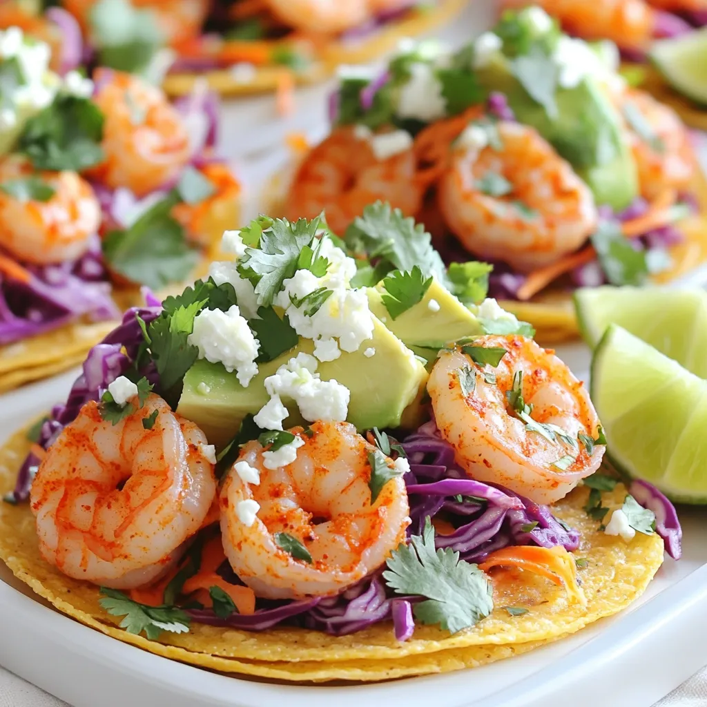 To make the Chili Lime Shrimp Tostadas, you need fresh and simple ingredients. Each one adds a burst of flavor to this dish. Here’s what you will need: - 1 lb shrimp, peeled and deveined - 2 tablespoons olive oil - 1 teaspoon chili powder - 1/2 teaspoon cumin - 1/2 teaspoon garlic powder - Zest and juice of 2 limes - Salt and pepper to taste - 6 corn tostada shells - 1 avocado, sliced - 1 cup shredded red cabbage - 1/4 cup fresh cilantro, chopped - 1/2 cup crumbled queso fresco - Lime wedges, for serving The shrimp is the star here. Choose shrimp that are fresh for the best taste. The spices, like chili powder and cumin, bring warmth and depth. Lime juice and zest add a bright zing. The toppings, especially avocado and queso fresco, offer a creamy balance. Don't skip the cabbage; its crunch adds texture. Each ingredient plays a role in making these tostadas a flavorful delight. To start, I mix the shrimp with olive oil in a medium bowl. I add chili powder, cumin, garlic powder, lime zest, and lime juice. I season with salt and pepper. Toss everything together until the shrimp are well coated. I let them marinate for about 15 minutes. This step helps the shrimp soak up all the tasty flavors. Next, I heat a skillet over medium-high heat. It’s important to let the skillet get hot before adding the shrimp. Once the skillet is hot, I add the marinated shrimp. I cook them for about 2-3 minutes on each side. I know they are done when they turn pink and opaque. Then, I take them off the heat. This quick cooking keeps the shrimp juicy and tender. While the shrimp cook, I prepare the tostada shells. Sometimes, I lightly toast them in the oven or on a griddle. This adds extra crunch. To assemble, I start with a layer of shredded red cabbage on each tostada shell. Then, I add a generous amount of the chili lime shrimp. Next, I top it with slices of avocado. Finally, I sprinkle on crumbled queso fresco and chopped cilantro. I serve lime wedges on the side for an extra burst of flavor. To make sure your shrimp are perfect, look for a bright pink color. Cook them just until they turn opaque. This usually takes 2-3 minutes on each side. Overcooking shrimp makes them tough, so watch them closely. You can also try different cooking methods. Grilling adds a nice smoky flavor. Simply place the shrimp on skewers and grill them for about 2-3 minutes per side. Baking is another option. Preheat your oven to 400°F (200°C) and bake the shrimp for 8-10 minutes. Both methods work well with this recipe. For ideal accompaniments, serve your tostadas with lime wedges and a fresh salsa. A side of black beans adds great flavor and nutrition. You can also pair them with a light salad for a complete meal. When it comes to presentation, arrange the tostadas on a large platter. Garnish with extra cilantro and lime wedges for a bright look. You can also serve them in a taco holder for a fun twist at gatherings. Choosing fresh shrimp is key to a great dish. Look for shrimp that smell like the sea, not fishy. Fresh shrimp should have a firm texture and a shiny appearance. If you buy frozen shrimp, thaw them in the fridge overnight for the best results. Selecting ripe avocados is simple. Gently squeeze the avocado; it should yield slightly. If it feels hard, it’s not ripe yet. If it’s too soft, it might be overripe. Use ripe avocados for a creamy topping that balances the spice of the shrimp. {{image_2}} You can switch up the protein in this dish. Try fish like tilapia or salmon. Chicken works well too. For a veggie option, use black beans or grilled veggies. Each choice gives a unique twist. For toppings, get creative! Add shredded cheese like cheddar or Monterey Jack. You can also drizzle sauces, like creamy cilantro or spicy chipotle. These add depth and richness to each bite. Want more heat? Add sliced jalapeños or a splash of your favorite hot sauce. This brings a nice kick to the shrimp. Garnishing can elevate your tostadas. Try fresh lime slices or extra cilantro. You can even add radishes for crunch and color. These small touches make a big difference in presentation and taste. To keep your chili lime shrimp tostadas fresh, store each component separately. Place the shrimp in an airtight container. This helps to avoid sogginess. For the tostada shells, keep them in a dry, cool place. A zip-top bag works well to keep them crisp. For toppings, store avocado slices in a little lime juice. This prevents browning. Wrap shredded cabbage and cilantro tightly in plastic wrap. Avoid mixing everything together. This keeps each item fresh for up to three days in the fridge. To reheat shrimp, use a skillet. Warm it over medium heat. Add a splash of olive oil for moisture. Cook for about 2-3 minutes until heated through. Avoid overcooking, or the shrimp will become tough. To crisp tostada shells again, bake them in the oven. Set the oven to 350°F (175°C). Place the shells on a baking sheet for about 5-7 minutes. Keep an eye on them to prevent burning. This method restores their crunchiness. Enjoy your leftovers just as much as the first time! When choosing shrimp, you can pick fresh or frozen. Fresh shrimp has a sweet, clean taste. Look for shrimp that smell like the ocean, not fishy. The shells should be shiny and firm. If you go for frozen shrimp, check for flash-frozen options. These are often fresher than previously thawed shrimp. Always buy shrimp that is peeled and deveined for ease. Yes, you can make parts of this recipe ahead. Cook the shrimp up to a day before. Store them in an airtight container in the fridge. Keep the tostada shells separate until you are ready to serve. This helps keep them crispy. You can also prepare your toppings ahead of time. Slice the avocado and chop the cilantro, but add them just before serving. This keeps everything fresh and tasty. Chili lime shrimp tostadas pair well with many sides. A fresh salad with lime vinaigrette works great. You can also serve black beans or corn salad for a hearty touch. For drinks, try iced tea or a light beer. A tropical cocktail also complements the flavors nicely. These options add to the fun and flavor of your meal. Chili lime shrimp tostadas are tasty and easy to make. We covered the key ingredients, steps, useful tips, and variations. You learned how to choose the best shrimp and how to store leftovers. For great flavor, feel free to mix ingredients to fit your taste. Whether for dinner or a festive gathering, these tostadas are sure to impress. Enjoy making your own delicious version!