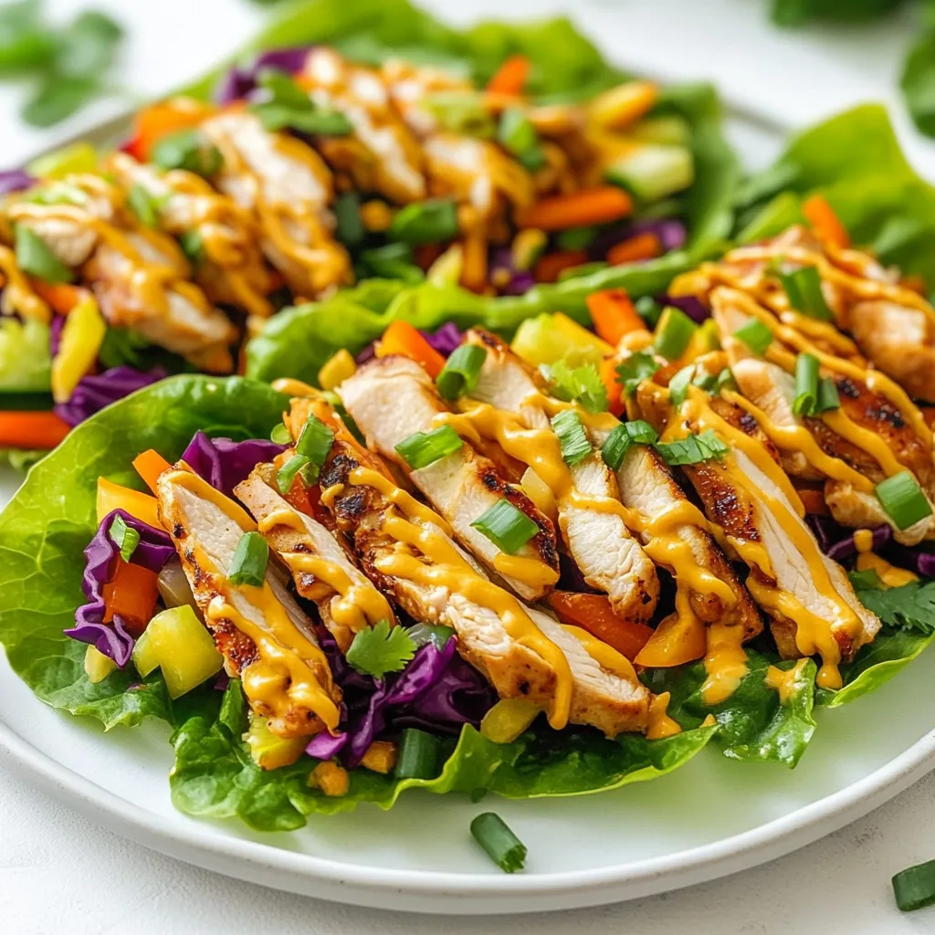 - 2 boneless, skinless chicken breasts - 1 tablespoon olive oil - Salt and pepper to taste - 1 bell pepper (red or yellow), thinly sliced - 1 cup shredded carrots - 1 cup red cabbage, shredded - ½ cup fresh cilantro, chopped - ¼ cup green onions, sliced - 4 large lettuce leaves (such as butter or romaine) For the Peanut Sauce: - ½ cup creamy peanut butter - 2 tablespoons soy sauce (or tamari for gluten-free) - 1 tablespoon honey or maple syrup - 1 tablespoon lime juice - 1 teaspoon grated fresh ginger - 1 teaspoon minced garlic - Water to thin (as needed) - Chicken Alternatives: You can use tofu or shrimp for different tastes. Both options work well in this recipe. - Vegetable Variations: Feel free to swap bell peppers with cucumbers or snap peas for crunch. You can also add avocado for creaminess. - Peanut Sauce Substitutions: If you can't find peanut butter, try almond or sunflower seed butter. These will give you a similar taste. You can also use a different sweetener like agave syrup. {{ingredient_image_1}} Start by seasoning the chicken breasts. Use olive oil, salt, and pepper. This simple mix boosts flavor. Heat your grill or pan over medium heat. Place the chicken on the grill or in the pan. Cook for 6-7 minutes on each side. The chicken needs to be fully cooked. It should reach 165°F inside. When done, let it cool for a moment. Then, shred or slice the chicken. Grab a bowl for the peanut sauce. Add creamy peanut butter, soy sauce, honey, lime juice, grated ginger, and minced garlic. Whisk them together until smooth. If the sauce is too thick, add water a little at a time. This helps to reach your desired consistency. Taste it and adjust if needed. You can add more honey for sweetness or more lime for tang. Now, let's build those wraps! Start with a large lettuce leaf on a plate. Place a few slices of grilled chicken in the center. Add bell pepper, shredded carrots, red cabbage, cilantro, and green onions. Drizzle a generous amount of peanut sauce on top. Next, fold the sides of the lettuce leaf over the filling. Then, roll it up from the bottom. If needed, use a toothpick to hold it together. Repeat this with the rest of your ingredients. Serve immediately with extra peanut sauce for dipping. Enjoy your tasty Thai peanut chicken wraps! Cooking Time Recommendations Cook chicken breasts for 6-7 minutes on each side. Use medium heat for even cooking. The chicken is done when it reaches 165°F. A meat thermometer helps with precision. Ensuring Juiciness To keep chicken juicy, let it rest before shredding. This process helps the juices stay inside. Season with salt and pepper before cooking for added flavor. Flavor Boosters Add a splash of lime juice for brightness. A bit of honey or maple syrup enhances sweetness. Fresh ginger and garlic add depth. Don’t skip these key ingredients! Common Mistakes to Avoid Avoid over-mixing the sauce; it can become too thick. If it’s thick, add water a little at a time. Taste as you go to adjust flavors. Plating Ideas Use a large plate for wraps. Arrange them neatly in a line or a circle. This makes the dish look inviting and fun. Garnishing Suggestions Sprinkle chopped cilantro on top for color. Add slices of lime next to the wraps for extra zing. A drizzle of extra peanut sauce can make it pop! Pro Tips Marinate the Chicken: For extra flavor, marinate the chicken in the peanut sauce for at least 30 minutes before cooking. This enhances the taste and tenderness of the meat. Customize Your Veggies: Feel free to mix and match vegetables according to your preference. Try adding cucumber, zucchini, or even avocado for added creaminess and crunch! Make it Spicy: If you like a kick, add some sliced jalapeños or a drizzle of sriracha to your wraps for an extra layer of heat and flavor. Store Leftover Sauce: The peanut sauce can be stored in the refrigerator for up to a week. Use it as a dip for fresh veggies or drizzle it over salads for a quick meal! {{image_2}} You can change the peanut sauce to suit your taste. - Spicy Peanut Sauce: To make it spicy, add red pepper flakes or sriracha. This gives the sauce a warm kick. Start with a small amount, then taste and add more if you like it hotter. - Alternative Dressings: You can try other dressings too. A sesame ginger dressing is a great option. It adds nice flavor and pairs well with the chicken. You can use different greens or add more fillings to your wraps. - Using Different Leafy Greens: Try using collard greens or Swiss chard instead of lettuce. These greens are sturdy and work well for wraps. They also add a unique taste. - Adding Different Fillings: Mix in other veggies like cucumber or avocado. You can also add cooked shrimp or tofu for a fun twist. Experimenting keeps your wraps exciting and fresh. Make these wraps fit your diet with a few easy changes. - Gluten-Free Options: Use tamari instead of soy sauce for a gluten-free peanut sauce. This keeps the flavors while making it safe for those with gluten allergies. - Vegetarian or Vegan Versions: Replace the chicken with tofu or tempeh. Marinate tofu to add flavor before cooking. Use maple syrup instead of honey to keep it vegan. These swaps keep the dish just as tasty! After you enjoy your Thai peanut chicken wraps, store the leftovers well. - Refrigeration Tips: Place the wraps in an airtight container. They stay fresh for up to three days in the fridge. This keeps the chicken and veggies crisp. If you store the sauce separately, it lasts longer, about one week. - Freezing Instructions: You can freeze the chicken and sauce, but not the wraps. Wrap the chicken tightly in plastic wrap, then place it in a freezer bag. For the sauce, pour it into a freezer-safe container. It’s best used within three months. When reheating, you want to keep the chicken juicy. - Best Methods to Reheat Chicken: The oven works best. Preheat to 350°F (175°C). Place the chicken in a dish and cover with foil. Heat for about 15 minutes. You can also use a skillet over low heat. This warms the chicken without drying it out. - Maintaining Freshness: If you reheat the wraps, do it gently. Warm them in a skillet for a few minutes. This keeps the lettuce crisp and the filling warm. Enjoy your meal again just like the first time! You can serve many side dishes with Thai peanut chicken wraps. Here are some tasty ideas: - Rice: Jasmine or brown rice works well. - Noodles: Rice noodles tossed in sesame oil are great. - Salad: A light cucumber salad adds freshness. - Spring Rolls: These make a fun side option. - Fruit: Slices of mango or pineapple add sweetness. These sides can enhance your meal and balance the flavors. You can add heat to your wraps easily. Here are some tips: - Hot Sauce: Drizzle your favorite hot sauce in the wraps. - Chili Paste: Mix chili paste into the peanut sauce. - Sliced Jalapeños: Add fresh jalapeños for a crunch and heat. - Red Pepper Flakes: Sprinkle these on top before wrapping. These options can really kick up the flavor in your meal. Yes, you can make the peanut sauce ahead. Here are some storage tips: - Duration: It lasts in the fridge for about one week. - Storage: Keep it in an airtight container. - Thinning: When ready to use, whisk in a bit of water if it thickens. Making it in advance saves time for your meal prep. We covered the key steps to make Thai Peanut Chicken Wraps. You learned about the main ingredients, cooking methods, and tips for that perfect wrap. Always remember to customize with your favorite veggies and sauces. Don't hesitate to try new flavors or swap ingredients based on your tastes. Enjoy your wraps fresh, and store leftovers properly for later. With these ideas, you can create a delicious meal any day. Get cooking and have fun experimenting!