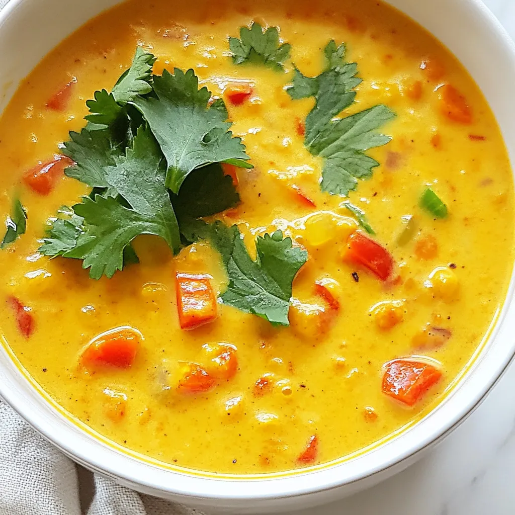 This soup has simple and tasty ingredients. Here’s what you need: - 1 cup red lentils, rinsed - 1 can (13.5 oz) coconut milk - 1 medium onion, diced - 2 cloves garlic, minced - 1 tablespoon fresh ginger, grated - 1 medium carrot, diced - 1 red bell pepper, diced - 2 tablespoons curry powder - 1 teaspoon turmeric - 1 teaspoon cumin - 4 cups vegetable broth - 2 tablespoons olive oil - Salt and pepper to taste - Fresh cilantro or parsley for garnish You can change some ingredients if needed. Here are a few options: - Use yellow lentils instead of red lentils for a different taste. - Swap coconut milk with almond milk or soy milk for a lighter soup. - If you lack fresh ginger, use ½ teaspoon ground ginger instead. - For a heartier soup, add cooked chicken or chickpeas. - You can use any vegetable broth you have at home. This soup is not just tasty; it’s healthy too! Here’s a quick look at what’s inside: - Calories: About 280 per serving - Protein: 14 grams - Carbohydrates: 40 grams - Fat: 9 grams - Fiber: 12 grams - Vitamins: Rich in vitamins A and C from the vegetables. - Minerals: Contains iron and potassium from lentils and broth. This soup is filling and great for your health! {{ingredient_image_1}} 1. Heat the olive oil in a large pot over medium heat. 2. Add the diced onion. Sauté until it turns translucent, about 5 minutes. 3. Next, add minced garlic and grated ginger. Cook for 1 minute until you smell their aroma. 4. Stir in the diced carrot and red bell pepper. Cook for 3–4 minutes until they soften a bit. 5. Now, sprinkle in the curry powder, turmeric, and cumin. Stir to coat the veggies with the spices. Cook for another minute. 6. Add the rinsed red lentils to the pot. Pour in the vegetable broth and coconut milk. Stir well. 7. Bring the soup to a gentle simmer. Then lower the heat, cover, and cook for 20-25 minutes until the lentils are tender. 8. Finally, season with salt and pepper to taste. For a creamier soup, blend part of it with an immersion blender. 9. Serve hot, garnished with fresh cilantro or parsley to add color and flavor. - Make sure to rinse the lentils before adding them. This helps remove any dirt and debris. - Use fresh spices for better flavor. Old spices can lose their potency. - Adjust the heat level by adding more curry powder or chili flakes if you like it spicy. - If the soup is too thick, add more vegetable broth for a lighter texture. - Taste the soup before serving. Adjust the seasoning to your liking for the best flavor. - Don't skip the sautéing step. It builds great flavor in your soup. - Avoid overcooking the lentils. They should be tender but not mushy. - Don’t forget to season. Salt and pepper enhance the soup’s flavors. - Mixing in the spices before adding liquids is key. This helps release their full aroma. - If using a blender, be careful not to blend too much. A little texture is nice! You can store leftover soup easily. First, let the soup cool. Then, pour it into airtight containers. This keeps the soup fresh for up to four days in the fridge. If you want to save it longer, freeze it. Place the cooled soup in freezer-safe bags. Make sure to label them with the date. This way, you can enjoy it later. To reheat the soup, pour it into a pot. Heat it over medium heat. Stir often to prevent sticking. You can also use a microwave. Place the soup in a microwave-safe bowl. Cover it loosely and heat in short bursts. Stir in between to avoid hot spots. Add a splash of water or broth if it seems too thick. For the perfect soup thickness, start by blending a portion of it. Use an immersion blender for ease. Blend until smooth, then stir it back in. If you like it thinner, add more broth or water. If it's too thin, simmer it longer to thicken. Adjust the seasoning after you change the consistency. Pro Tips Use Fresh Spices: Freshly ground spices will enhance the flavor of your soup. Consider grinding whole spices just before use for the best aroma. Adjust Consistency: If you prefer a thinner soup, add extra vegetable broth or water. For a thicker texture, blend a portion of the soup as desired. Garnish Wisely: Fresh herbs like cilantro or parsley not only add color but also enhance the flavor profile. Try adding a squeeze of lime for a zesty kick! Store Leftovers Properly: This soup keeps well in the fridge for up to 5 days. Store in airtight containers and reheat gently on the stove to maintain the flavor. {{image_2}} This soup is already vegan and gluten-free! The main ingredients, like lentils and coconut milk, fit well. You can enjoy it without any changes. Just make sure your vegetable broth is also vegan. You can mix it up with different vegetables. Try adding spinach, sweet potatoes, or zucchini. These add color and flavor. If you want more protein, add chickpeas or tofu. They blend nicely with the lentils and coconut milk. If you like heat, add chili flakes or fresh jalapeños. You can also use a dash of hot sauce. For a warm kick, try adding curry paste. Start with a small amount and taste as you go. This way, you can control the spice level just right! Coconut curry lentil soup is rich and filling. It pairs well with many side dishes. You can enjoy it with crusty bread. A warm baguette is a great choice. It soaks up the soup's creamy texture. You might also like naan bread. It adds an extra layer of flavor. For a lighter option, serve it with a fresh salad. A simple green salad works well. Toss some greens with a lemon vinaigrette. You can also try a cucumber salad. The crunch balances the soup's creaminess. Garnishes make the soup look and taste better. Fresh herbs add bright flavors. I often use cilantro or parsley. Just sprinkle some on top before serving. You can also add a squeeze of lime juice. It brightens the dish and adds zest. For a bit of crunch, consider toasted coconut flakes. They bring a nice texture contrast. If you like a bit of spice, add sliced red chili. It gives extra heat and color. Meal prep makes busy days easier. You can make this soup ahead of time. Store it in an airtight container. It keeps well in the fridge for about a week. If you want to freeze it, let it cool first. Pour it into freezer-safe containers. Leave some space at the top. The soup will expand as it freezes. To reheat, simply thaw it overnight in the fridge. Warm it on the stove over low heat. Stir often to keep it smooth. Yes, you can use dried lentils. Red lentils cook faster and get soft. If you use green or brown lentils, they will take longer to cook. You might need to adjust the cooking time. Keep an eye on them to avoid mushiness. Coconut Curry Lentil Soup lasts about 4-5 days in the fridge. Store it in an airtight container. Make sure it cools down before you put it in the fridge. This keeps it fresh and tasty for later. You can use almond milk or oat milk in place of coconut milk. They have different flavors, but they work well. If you want a creamy texture, try using cashew cream or soy cream instead. These options can still give a nice taste to your soup. This blog post covered the key steps to making Coconut Curry Lentil Soup. You learned about the ingredients, how to cook them, and tips to make it better. We discussed storing, reheating, and creative ways to change the recipe. I shared serving ideas, so your meal shines. Remember, cooking should be fun, and mistakes help you learn. Enjoy your soup-making journey and be proud of your tasty creations. Keep exploring new flavors and enjoy every bite!