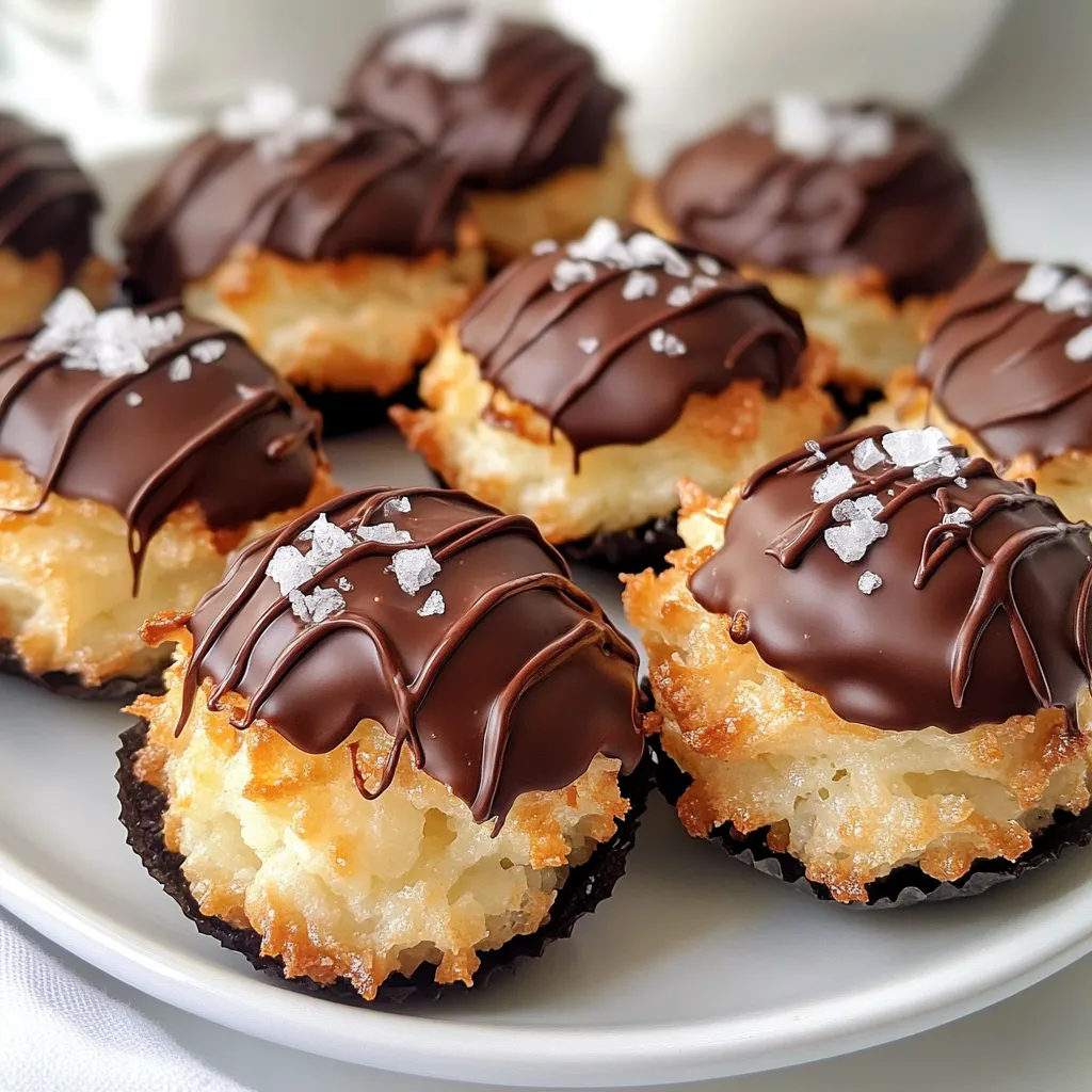 To make the best Chocolate Drizzled Coconut Macaroons, gather these simple ingredients: - 3 cups sweetened shredded coconut - 1/2 cup sweetened condensed milk - 1 teaspoon vanilla extract - 1/4 teaspoon almond extract - 1/4 cup all-purpose flour - 1/4 teaspoon salt - 1 cup semi-sweet chocolate chips - 1 tablespoon coconut oil Each ingredient plays a key role in the flavor and texture of the macaroons. The sweetened shredded coconut gives a chewy base. The sweetened condensed milk binds everything together and adds sweetness. Vanilla and almond extracts enhance the overall taste, making each bite special. All-purpose flour helps the macaroons hold their shape. A pinch of salt balances the sweetness, while the chocolate drizzle adds a rich touch. When you combine these ingredients, you create a delicious treat that is sure to impress. Make sure to use the right amounts for the best results. These ingredients are easy to find at grocery stores. So, prepare your kitchen and get ready to enjoy this delightful treat! {{ingredient_image_1}} 1. Start by preheating your oven to 325°F (160°C). This helps the macaroons bake evenly. 2. Line a baking sheet with parchment paper. This prevents sticking and makes cleanup easy. 3. In a large mixing bowl, combine: - 3 cups sweetened shredded coconut - 1/2 cup sweetened condensed milk - 1 teaspoon vanilla extract - 1/4 teaspoon almond extract - 1/4 cup all-purpose flour - 1/4 teaspoon salt 4. Mix the ingredients well until they form a sticky mixture. This is key for holding the macaroons together. 1. Use your hands or a small cookie scoop to form small mounds. Each mound should be about 1.5 inches in diameter. 2. Place the mounds on the baking sheet, spaced about 2 inches apart. This allows room for spreading. 3. Bake them in the preheated oven for 15-18 minutes. Look for edges that turn golden brown. Check them regularly to avoid burning. 4. After baking, take them out and let them cool completely on the baking sheet. This step helps them firm up. 1. While the macaroons cool, melt the chocolate chips and coconut oil together. 2. You can use a microwave, heating in 30-second intervals. Stir between intervals for smoothness. 3. Once melted, drizzle the chocolate over the macaroons. You can use a fork for a rustic look or a piping bag for precision. 4. Let the chocolate set at room temperature. For quicker results, place the macaroons in the fridge for about 15 minutes. To make great macaroons, texture and flavor matter. Use sweetened shredded coconut for a soft, chewy bite. The sweetened condensed milk adds a rich flavor. Mix until sticky to help shape them well. To avoid burning, keep an eye on the baking time. Set your timer for 15 minutes, and check them often. The edges should turn a light golden brown. If they seem too brown, take them out. For drizzling chocolate, you can use a fork or a piping bag. A fork gives a fun, rustic look. A piping bag helps you control the drizzle. This means you can make neat lines or patterns. You can also add toppings for extra flavor. Try sea salt for a sweet-salty mix. Finely chopped nuts or dried fruit can offer a tasty crunch. Get creative and make each macaroon unique! Pro Tips Storage Tip: Keep the macaroons in an airtight container at room temperature for up to a week to maintain their freshness. Texture Tip: For softer macaroons, reduce the baking time slightly; for chewier ones, increase the baking time just a bit. Chocolate Tip: Experiment with different types of chocolate, like dark or white, to customize the flavor profile of your macaroons. Flavor Tip: Add a pinch of sea salt on top of the chocolate drizzle for a delicious sweet and salty contrast. {{image_2}} You can make your macaroons even better by adding nuts or dried fruits. Chopped almonds or walnuts give a nice crunch. Dried cherries or cranberries add a sweet twist. Just mix these in with the coconut for extra flavor. You can also try different extracts. Instead of vanilla, use coconut or lemon extract. Each choice gives a unique taste. Experiment and find your favorite! For vegan or dairy-free options, replace sweetened condensed milk with coconut cream. This keeps the rich flavor while making it plant-based. Use dairy-free chocolate chips for drizzling too. If you need gluten-free macaroons, swap the all-purpose flour with almond flour. This keeps the texture while being safe for gluten-free diets. Enjoy your treats without worry! To keep your chocolate drizzled coconut macaroons fresh, use an airtight container. Glass or plastic containers work well. Line the bottom with parchment paper to avoid sticking. Place the macaroons in a single layer, if possible. You can also stack them with parchment paper between layers. Store the macaroons in a cool, dry place. They will stay fresh for up to five days. If you want to enjoy them longer, refrigeration is a good option. Just make sure they are sealed well to avoid drying out. You can freeze macaroons for up to three months. To freeze, first, let them cool completely. Place them in a single layer on a baking sheet and freeze for about an hour. After that, transfer them to a freezer-safe bag or container. When you are ready to enjoy them, thaw the macaroons in the fridge overnight. If you want them warm, you can heat them in the oven for a few minutes. This will help restore their original texture. Yes, you can use unsweetened coconut. It will change the taste. The macaroons may be less sweet, so consider adding a bit more sugar or sweetened condensed milk. This way, you can still enjoy the texture and flavor while making it your own. These macaroons can last about five days at room temperature. Just keep them in an airtight container. If you want them to last longer, you can store them in the fridge for about a week. You can use coconut milk mixed with sugar as a substitute. Use one cup of coconut milk and add 1/4 cup of sugar. This mix gives you a similar sweetness and keeps the coconut flavor strong. Yes! Use dairy-free chocolate chips and make sure to choose a dairy-free sweetened condensed milk. There are great brands available that fit this need. This way, everyone can enjoy your macaroons. If you don’t have almond extract, you can skip it or use extra vanilla extract. The macaroons will still taste great without it. You can also try other flavors like coconut or lemon extract for a fun twist. Yes, you can freeze them! Place the cooled macaroons in a single layer on a baking sheet. Once they freeze, transfer them to a freezer bag. They will last for up to three months. Just thaw them in the fridge when you're ready to enjoy. To make the chocolate drizzle smoother, ensure you melt it gently. Use a double boiler or microwave in small bursts. Adding a bit of coconut oil helps create a smooth texture for drizzling. Absolutely! You can sprinkle sea salt, chopped nuts, or shredded coconut on top before the chocolate sets. These toppings add extra flavor and make your macaroons look even better. We covered a lot about making delicious macaroons. You learned about the key ingredients, the step-by-step baking process, and how to add tasty chocolate drizzles. Plus, I shared tips for getting the perfect texture. You can even try fun variations or make them fit your diet. Don't forget the best ways to store and freeze your treats. Now, it's your turn to bake and enjoy these sweet bites! Follow the steps, add your twist, and share your yummy results. Happy baking!