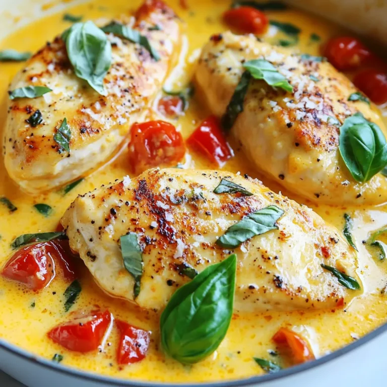 - 4 boneless, skinless chicken breasts - Salt and pepper to taste - 2 tablespoons olive oil - 1 medium onion, finely chopped - 4 cloves garlic, minced - 1 can (14 oz) crushed tomatoes - 1 cup heavy cream - 1 cup fresh basil leaves, chopped - 1 teaspoon Italian seasoning - ½ cup grated Parmesan cheese - 1 tablespoon balsamic vinegar - Optional: Red pepper flakes for extra heat The chicken breasts are the main star of this dish. I love using boneless and skinless chicken for a tender bite. Season them simply with salt and pepper. This helps bring out their natural flavor. Next is the sauce, which is the magic in this recipe. I start with olive oil for cooking. It adds flavor and helps brown the chicken. The onion and garlic create a sweet base. They soften quickly, making your kitchen smell amazing. Crushed tomatoes bring tanginess and richness to the sauce. I use a can because it saves time. Heavy cream makes the sauce creamy and smooth. For freshness, I add chopped basil. This herb gives a bright taste that pairs well with tomatoes. Italian seasoning is a blend of herbs. It adds depth to the sauce. Grated Parmesan cheese adds a nice salty touch and thickens the sauce. Balsamic vinegar adds a hint of sweetness and acidity. If you like a little heat, red pepper flakes are perfect. I often add them for an extra kick. Each ingredient plays a key role, making this dish a savory delight. {{ingredient_image_1}} Start by seasoning the chicken breasts with salt and pepper. This adds flavor right from the start. Heat olive oil in a large skillet over medium heat. Once hot, place the chicken breasts in the skillet. Sear them for about 5 to 6 minutes on each side. You want them golden brown and cooked through. When done, remove the chicken and set it aside. In the same skillet, add the chopped onion. Sauté it for about 3 minutes until it becomes soft. Then, add the minced garlic and cook for another minute. This step makes your kitchen smell amazing! Pour in the can of crushed tomatoes. Stir to mix everything well and let it simmer for 5 minutes. Next, lower the heat. Stir in the heavy cream, chopped basil, Italian seasoning, and balsamic vinegar. Let the sauce simmer for another 2 to 3 minutes. This allows the sauce to thicken just right and combine all the flavors. Now, return the chicken to the skillet. Make sure to coat it well with the creamy tomato basil sauce. Sprinkle the grated Parmesan cheese over the top. Let everything cook together for about 3 to 5 minutes. This heats the chicken through and melts the cheese. If you want some extra heat, add red pepper flakes for a kick! Serve it hot, and enjoy your delicious meal. To avoid dry chicken, consider a few key steps. First, always season the chicken breasts before cooking. Salt and pepper add flavor and help tenderize the meat. Use a meat thermometer to check for doneness. The internal temperature should reach 165°F. This helps keep the chicken juicy. For best searing, heat the olive oil on medium heat. Once hot, add the chicken breasts. Sear them for 5-6 minutes on each side. Look for a golden-brown color. This gives flavor and texture. Don't crowd the skillet. Cook in batches if needed. You can boost the flavor of your sauce with some simple additions. Try adding a splash of white wine for depth. A teaspoon of sugar can balance the acidity of the tomatoes too. If you want some heat, mix in red pepper flakes. To thicken the sauce, let it simmer longer. The heavy cream will help, but patience is key. You can also mix in a cornstarch slurry. Combine one tablespoon of cornstarch with two tablespoons of water. Stir it in and let it cook until thick. Garnishing makes your dish look great. Add fresh basil leaves on top for color. You can also sprinkle more grated Parmesan for a rich finish. For serving, consider a side of pasta or rice. These pair well with the creamy sauce. You can also serve it with a fresh salad for a light touch. Enjoy your meal with friends or family for a special night! Pro Tips Perfectly Cooked Chicken: To ensure your chicken breasts are juicy and tender, use a meat thermometer. The internal temperature should reach 165°F (75°C). Fresh Basil Flavor: For the best flavor, add the fresh basil at the end of cooking. This preserves its bright taste and vibrant color. Thickening the Sauce: If you prefer a thicker sauce, let it simmer uncovered for a few extra minutes, allowing more moisture to evaporate. Adjusting Spice Levels: If you enjoy a bit of heat, feel free to add more red pepper flakes or even a splash of hot sauce to the creamy sauce. {{image_2}} You can switch up the proteins in this dish easily. Using shrimp is a great option. The shrimp cooks fast and adds a nice touch of flavor. Just sauté them for a few minutes until they turn pink. Another choice is pork. Thinly sliced pork tenderloin works well. It cooks quickly and pairs nicely with the creamy sauce. If you prefer a vegetarian meal, try using mushrooms or tofu. Both absorb flavors well. Sauté the mushrooms until they are golden brown and tender. For tofu, choose firm tofu and cube it before cooking. Want to add some heat? Toss in red or green peppers. They bring a nice crunch and spice. You can sauté them with the onions for extra flavor. If you want to change the herbs, consider using thyme or oregano. They both add unique tastes to the dish. Fresh herbs work best, but dried ones are fine too. For those who need gluten-free options, simply check the labels on your ingredients. Most crushed tomatoes and seasonings are gluten-free. Just ensure that your broth, if using, is also gluten-free. If you want a dairy-free version, swap the heavy cream for coconut milk. It keeps the dish creamy and adds a hint of sweetness. You can also use nutritional yeast instead of Parmesan cheese for a cheesy flavor without dairy. To store leftovers, let the dish cool to room temperature. Then, place it in an airtight container. This helps keep the flavors fresh. You can store it in the fridge for up to three days. When you are ready to enjoy it again, reheat it on the stove over low heat. Stir often to keep it from sticking. You can add a splash of cream or broth if it seems too thick. To freeze this dish effectively, let it cool completely first. Then, transfer it into a freezer-safe container or bag. Make sure to remove as much air as possible. This can help prevent freezer burn. You can freeze it for up to three months. When you want to eat it, thaw it in the fridge overnight. Reheat it on the stove, stirring regularly to warm it evenly. Yes, you can use frozen chicken breasts. Thawing them is key for best results. I recommend placing them in the fridge overnight. If you are short on time, you can also thaw them in cold water. Just make sure to keep the chicken in a sealed bag. This method takes about an hour. Once thawed, you can season and cook them as usual. If you want a lighter sauce, there are a few easy ways. First, you can reduce the amount of heavy cream. Try using half a cup instead of a full cup. Another option is to add more crushed tomatoes. This keeps the flavor rich without all the cream. You can also swap in low-fat milk or a non-dairy milk for a lighter touch. For a balanced meal, consider serving this dish with a side of rice or pasta. These options soak up the delicious sauce well. You might also try a fresh salad with greens and a light dressing. Roasted vegetables add a nice touch too. They bring color and nutrition to your plate. Don’t forget some crusty bread for dipping! In this blog post, we covered how to make a delicious creamy tomato basil chicken. You learned about the key ingredients, from the chicken to the tasty sauce. We went through step-by-step instructions to prepare and cook the dish. I shared tips to perfect the chicken and elevate the sauce. You saw variations for protein and dietary needs, plus storage tips for your leftovers. Now, you can confidently create this dish at home. Enjoy the flavors and happy cooking!
