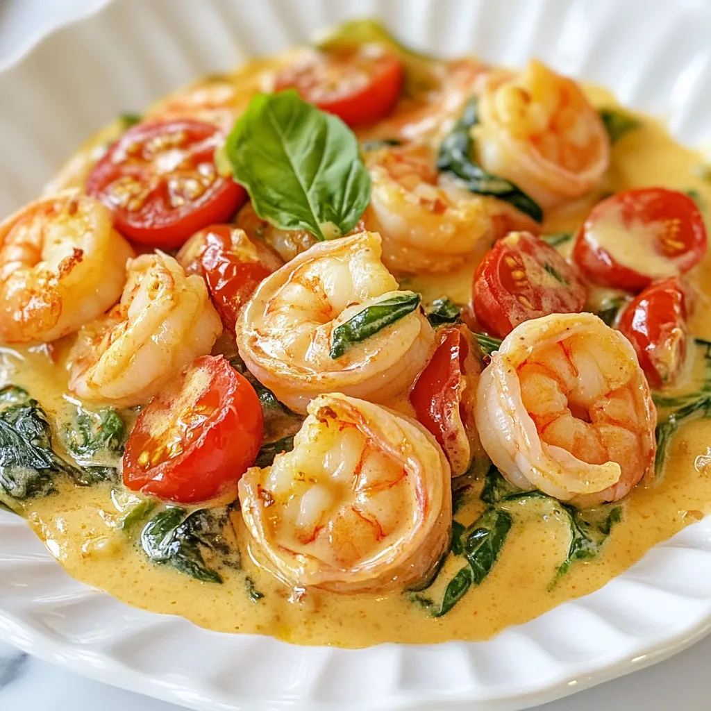 Here’s what you need to make creamy Tuscan shrimp. Gather these fresh ingredients for a tasty meal: - 1 pound large shrimp, peeled and deveined - 2 tablespoons olive oil - 3 cloves garlic, minced - 1 cup cherry tomatoes, halved - 2 cups fresh spinach - 1 cup heavy cream - 1/2 cup grated Parmesan cheese - 1 teaspoon Italian seasoning - Salt and pepper to taste - Fresh basil for garnish Each ingredient plays a key role in the flavor and texture of the dish. The shrimp bring a lovely seafood taste, while the garlic adds a nice aroma. Cherry tomatoes provide sweetness, and spinach gives a fresh crunch. Heavy cream makes the sauce rich, and Parmesan adds a delightful cheesy touch. Italian seasoning ties everything together with a burst of herbs. Don't forget to garnish with fresh basil for a pop of color and flavor! When you cook with fresh ingredients, you get the best taste. Always choose high-quality shrimp and fresh spinach for the best results. Enjoy the cooking process, and feel free to swap in your favorite herbs or veggies! {{ingredient_image_1}} Heating the Skillet and Cooking Shrimp Start by heating 2 tablespoons of olive oil in a large skillet over medium-high heat. Once the oil is hot, add 1 pound of peeled and deveined large shrimp. Season the shrimp with salt and pepper. Cook them for about 2-3 minutes on each side. You want the shrimp to turn pink and opaque. After cooking, remove them from the skillet and set them aside. Sautéing Garlic and Cherry Tomatoes In the same skillet, add 3 minced cloves of garlic. Sauté the garlic for about 30 seconds until it smells great. Then, add 1 cup of halved cherry tomatoes and 1 teaspoon of Italian seasoning. Cook for 3-4 minutes. The tomatoes should start to soften and release their juices. Creating the Creamy Sauce Next, lower the heat to medium. Pour in 1 cup of heavy cream and stir well to mix everything. Let the sauce simmer gently for about 2 minutes. This will help the flavors combine. Then, add 1/2 cup of grated Parmesan cheese and stir until it melts. Your sauce should look creamy and rich now. Adding Spinach and Finalizing the Dish Now, toss in 2 cups of fresh spinach. Cook until the spinach wilts, which takes about 2 minutes. Then, return the cooked shrimp to the skillet. Mix everything well and heat for another minute. Check for seasoning and adjust if needed. Garnishing and Serving Suggestions Finally, garnish your dish with fresh basil. You can serve the creamy Tuscan shrimp over pasta or rice. Drizzle some extra sauce on top for added flavor. Enjoy your beautiful meal! Best Practices for Cooking Shrimp To cook shrimp well, start with fresh shrimp. They should be firm and pink. Heat olive oil in a skillet over medium-high heat. Add the shrimp in a single layer. Cook them for about 2-3 minutes on each side. When they turn pink, they are done. Avoid overcooking, or they will be tough. How to Achieve a Creamy Consistency For a creamy sauce, use heavy cream. After cooking your shrimp, lower the heat. Add the cream slowly, stirring well. Let it simmer gently for a few minutes. This helps the cream thicken and blend with the flavors. Stir in Parmesan cheese next. This adds richness and helps create that perfect creamy texture. Tips for Seasoning Your Dish Seasoning is key for flavor. Use salt and pepper to taste. I recommend adding Italian seasoning for extra depth. Fresh garlic adds a great aroma and taste. Cherry tomatoes bring sweetness, while spinach offers freshness. Don't forget to taste as you cook. Adjust the seasoning to your liking for the best outcome. Pro Tips Fresh Shrimp: For the best flavor and texture, use fresh shrimp instead of frozen. If using frozen, ensure they are completely thawed and patted dry before cooking. Customize the Sauce: Add a splash of white wine or a squeeze of lemon juice to the sauce for an extra layer of flavor. Adjust the creaminess to your preference. Perfectly Wilted Spinach: Add the spinach at the end of cooking to retain its bright green color and nutrients. Cook just until wilted to keep it tender. Serving Suggestions: This dish pairs beautifully with pasta or rice. Consider adding garlic bread and a fresh salad for a complete meal. {{image_2}} You can change a few things in the creamy Tuscan shrimp. Here are some fun swaps: - Alternative Proteins: If you prefer chicken, use boneless thighs or breasts. Cook them just like the shrimp. Scallops also work great. They need less time to cook, about 1-2 minutes per side. - Dairy-Free Options: If you want a dairy-free dish, try coconut cream instead of heavy cream. It adds a nice sweetness and keeps the sauce rich. - Adding More Vegetables: Want to sneak in some extra veggies? Zucchini is a great choice. Cut it into thin slices and cook it with the tomatoes. Bell peppers add color and crunch. Toss in some diced bell peppers while you cook the garlic for extra flavor. These swaps make the dish your own. You can mix and match based on your taste and what you have at home. Enjoy creating your perfect creamy Tuscan shrimp! - Refrigeration Guidelines: Place leftovers in an airtight container. Make sure it is cool before sealing. Store in the fridge for up to three days. - Freezing Instructions: You can freeze leftovers if you won’t eat them soon. Use a freezer-safe container. Label it with the date. Frozen creamy Tuscan shrimp lasts up to three months. - Best Methods for Reheating Creamy Dishes: Reheat on the stove for even warmth. Use low heat and stir gently. Add a splash of cream to keep it smooth. You can also use a microwave. Heat in short bursts, stirring in between. This keeps it creamy and tasty. Can I make this recipe ahead of time? Yes, you can prepare the sauce early. Cook the shrimp fresh to keep them tender. What is the best way to reheat Creamy Tuscan Shrimp? Use a pan over medium heat. Stir often to avoid sticking. You can also use a microwave. Heat in short bursts to keep it creamy. How can I adjust the spice level in this dish? Add red pepper flakes for heat. Start with a small amount. Taste and adjust as needed. Is it possible to use frozen shrimp? Yes, but thaw them first. Run cold water over them until they are soft. Then, follow the recipe as usual. What can I serve with Creamy Tuscan Shrimp? Serve it over pasta or rice for a filling meal. You can also pair it with crusty bread or a green salad for freshness. This blog post covered a delightful recipe for Creamy Tuscan Shrimp. We explored the essential ingredients, easy cooking steps, tips for flavor, and tasty variations. Proper storage and reheating methods help keep your dish fresh. I hope you find joy in making this creamy dish for yourself or others. Enjoy experimenting with flavors and feel free to make it your own. Happy cooking!