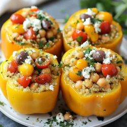 - 4 large bell peppers (any color) - 1 cup quinoa, rinsed - 2 cups vegetable broth - 1 cup cherry tomatoes, halved - 1 can (15 oz) chickpeas, drained and rinsed - 1/2 cup kalamata olives, pitted and chopped - 1/2 cup feta cheese, crumbled - 1/4 cup fresh parsley, chopped - 1 teaspoon dried oregano - 1 teaspoon garlic powder - Salt and pepper to taste - 1 tablespoon olive oil - Juice of 1 lemon To select fresh produce, look for bright, shiny bell peppers. They should feel firm. For tomatoes, pick ones that are plump and fragrant. When choosing olives, go for pitted varieties with a rich color. Fresh parsley should be vibrant and crisp. You can add some extra toppings for fun! Consider a sprinkle of red pepper flakes for heat. Sliced avocado offers creaminess and a fresh taste. You might also enjoy a dollop of yogurt for tang. A drizzle of balsamic glaze adds a sweet touch. Fresh herbs like basil or mint can brighten the dish even more. These simple garnishes can elevate the flavors and make your stuffed peppers even more delicious. {{ingredient_image_1}} Prepping the bell peppers Start by preheating your oven to 375°F (190°C). Take your bell peppers and cut off their tops. Remove the seeds and membranes inside. Place the peppers upright in a baking dish. This helps them hold the filling well. Cooking the quinoa In a medium saucepan, combine 1 cup of rinsed quinoa with 2 cups of vegetable broth. Bring this mixture to a boil. Once it boils, lower the heat to a simmer. Cover the pot and let it cook for about 15 minutes. The quinoa will be ready when all the liquid is absorbed. Mixing the filling In a large bowl, combine the cooked quinoa with halved cherry tomatoes, drained chickpeas, chopped olives, crumbled feta cheese, chopped parsley, oregano, garlic powder, olive oil, lemon juice, salt, and pepper. Mix everything together well. Each ingredient adds a unique flavor, making this filling delicious. Stuffing the peppers correctly Take the filling and carefully stuff each bell pepper. Use a spoon to pack it in gently. Make sure to fill them well so every bite is tasty. Covered baking vs. uncovered baking Cover the baking dish with aluminum foil to keep the peppers moist. Bake in the oven for 30 minutes. After that, remove the foil. Bake for another 10 to 15 minutes. This step helps the tops brown a little. Checking for doneness The peppers should be tender when you take them out. You can check by poking them with a fork. The filling should be hot all the way through. Let them cool for a few minutes before serving. Enjoy the warm, flavorful dish! To ensure quinoa is perfectly cooked, rinse it well before cooking. This removes bitter saponins that can affect taste. Use a 2:1 ratio of vegetable broth to quinoa. Bring it to a boil, then lower the heat and cover. Cook for about 15 minutes, or until the broth is absorbed. Fluff it with a fork for a light texture. To avoid soggy stuffed peppers, choose firm peppers. Cut the tops off and remove seeds. Pre-baking the peppers for 10 minutes helps them stay firm. This step also enhances their flavor. Stuff them with the quinoa mix and avoid overfilling. This keeps the peppers from breaking apart while baking. Serve your stuffed peppers warm. Drizzle some olive oil on top for added flavor. Garnish with chopped parsley for a fresh touch. A colorful platter adds to the visual appeal. Pair them with a side salad or crusty bread for a balanced meal. One common pitfall is undercooked quinoa. Make sure all the liquid is absorbed before mixing. Avoid using unseasoned ingredients. Salt, pepper, and herbs boost flavor. Don’t skip the fresh lemon juice; it brightens the dish. Also, steer clear of overcooked peppers. Keep an eye on the baking time. If they get too soft, they may fall apart. Finally, don’t use old or wilted vegetables. Fresh ingredients make a big difference in taste. Pro Tips Choose Colorful Peppers: Using a mix of red, yellow, and green bell peppers not only enhances the visual appeal but also adds a slight variation in flavor. Make Ahead: Prepare the quinoa filling a day in advance and store it in the fridge. This saves time on busy days and allows the flavors to meld perfectly. Experiment with Spices: Feel free to add your favorite spices or herbs to the quinoa mixture, such as cumin or smoked paprika, to elevate the taste. Garnish for Presentation: A sprinkle of additional feta cheese and a few whole olives on top before serving can make the dish look more enticing and gourmet. {{image_2}} You can easily modify this recipe to fit your diet. For gluten-free options, use certified gluten-free quinoa. This grain is naturally gluten-free and safe for those with gluten sensitivities. You can also swap the feta cheese for a lactose-free cheese or omit it altogether for a lighter dish. For vegan options, skip the feta cheese. You can add nutritional yeast for a cheesy flavor. Chickpeas provide protein, making the dish filling. You can also use avocado as a topping for creaminess and healthy fats. To mix up the flavors, try different ingredients. You can use brown rice instead of quinoa for a heartier texture. Swap cherry tomatoes for sun-dried tomatoes for a richer taste. Try adding spinach or kale for extra greens and nutrients. Change the spice profile by adding herbs like basil or thyme. You could also use cumin or smoked paprika for a warm, earthy flavor. For a kick, add red pepper flakes or diced jalapeños. Experiment with these options to find your favorite flavor combinations! To keep your Mediterranean quinoa stuffed peppers fresh, use airtight containers. Glass or plastic containers work well. Store them in the fridge for up to four days. If you want to keep them longer, freeze them for up to three months. Just make sure they cool completely before you pack them away. When it’s time to enjoy your leftovers, you can reheat them in a few ways. The oven is a great option. Preheat it to 350°F (175°C) and bake for about 15-20 minutes. This keeps the peppers nice and warm. You can also use the microwave for a quick fix. Heat them on medium power for about 2-3 minutes. To ensure the best texture, add a splash of water before microwaving. This helps keep the peppers moist. Enjoy your tasty stuffed peppers again! How long can you store stuffed peppers in the fridge? You can store stuffed peppers in the fridge for about 3 to 5 days. Keep them in an airtight container. This helps maintain their flavor and texture. The quinoa and veggies stay fresh and tasty during this time. Can you freeze quinoa stuffed peppers? Yes, you can freeze quinoa stuffed peppers! Wrap them tightly in plastic wrap or foil. Then, place them in a freezer-safe container. They can last up to 3 months. When you’re ready to eat, thaw them overnight in the fridge before reheating. Can I use brown rice instead of quinoa? Absolutely! You can use brown rice instead of quinoa. Just make sure to cook the rice first. Brown rice may take longer to cook than quinoa, so plan ahead. The dish will still be delicious and filling. What can I substitute for chickpeas? If you don’t have chickpeas, you can use black beans or lentils. They both add protein and flavor. You can also use cooked mushrooms for a different texture and taste. Choose what you like best! What if my peppers are larger or smaller? If your peppers are larger, they may need extra baking time. Add 5 to 10 minutes to the cooking time. For smaller peppers, reduce the time by about 5 minutes. Check for tenderness to know when they are done. How can I adjust cooking time for different oven types? Different ovens can cook at different speeds. If your oven runs hot, check the peppers a bit earlier. For slower ovens, you may need to add time. Use a thermometer to ensure the inside is fully heated. This blog post shared how to make delicious Mediterranean quinoa stuffed peppers. We covered key ingredients and tips for selecting fresh produce. You learned the steps for preparation, cooking, and baking. We also discussed ways to avoid common mistakes and enhance flavors. Remember, you can easily adapt the recipe for dietary needs and flavors. Try these tips to create a tasty meal. Enjoy your cooking adventure!