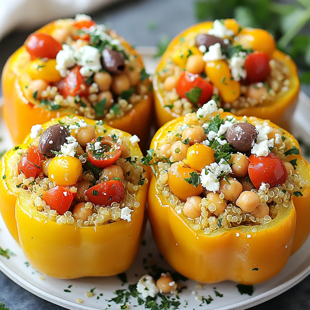 - 4 large bell peppers (any color) - 1 cup quinoa, rinsed - 2 cups vegetable broth - 1 cup cherry tomatoes, halved - 1 can (15 oz) chickpeas, drained and rinsed - 1/2 cup kalamata olives, pitted and chopped - 1/2 cup feta cheese, crumbled - 1/4 cup fresh parsley, chopped - 1 teaspoon dried oregano - 1 teaspoon garlic powder - Salt and pepper to taste - 1 tablespoon olive oil - Juice of 1 lemon To select fresh produce, look for bright, shiny bell peppers. They should feel firm. For tomatoes, pick ones that are plump and fragrant. When choosing olives, go for pitted varieties with a rich color. Fresh parsley should be vibrant and crisp. You can add some extra toppings for fun! Consider a sprinkle of red pepper flakes for heat. Sliced avocado offers creaminess and a fresh taste. You might also enjoy a dollop of yogurt for tang. A drizzle of balsamic glaze adds a sweet touch. Fresh herbs like basil or mint can brighten the dish even more. These simple garnishes can elevate the flavors and make your stuffed peppers even more delicious. {{ingredient_image_1}} Prepping the bell peppers Start by preheating your oven to 375°F (190°C). Take your bell peppers and cut off their tops. Remove the seeds and membranes inside. Place the peppers upright in a baking dish. This helps them hold the filling well. Cooking the quinoa In a medium saucepan, combine 1 cup of rinsed quinoa with 2 cups of vegetable broth. Bring this mixture to a boil. Once it boils, lower the heat to a simmer. Cover the pot and let it cook for about 15 minutes. The quinoa will be ready when all the liquid is absorbed. Mixing the filling In a large bowl, combine the cooked quinoa with halved cherry tomatoes, drained chickpeas, chopped olives, crumbled feta cheese, chopped parsley, oregano, garlic powder, olive oil, lemon juice, salt, and pepper. Mix everything together well. Each ingredient adds a unique flavor, making this filling delicious. Stuffing the peppers correctly Take the filling and carefully stuff each bell pepper. Use a spoon to pack it in gently. Make sure to fill them well so every bite is tasty. Covered baking vs. uncovered baking Cover the baking dish with aluminum foil to keep the peppers moist. Bake in the oven for 30 minutes. After that, remove the foil. Bake for another 10 to 15 minutes. This step helps the tops brown a little. Checking for doneness The peppers should be tender when you take them out. You can check by poking them with a fork. The filling should be hot all the way through. Let them cool for a few minutes before serving. Enjoy the warm, flavorful dish! To ensure quinoa is perfectly cooked, rinse it well before cooking. This removes bitter saponins that can affect taste. Use a 2:1 ratio of vegetable broth to quinoa. Bring it to a boil, then lower the heat and cover. Cook for about 15 minutes, or until the broth is absorbed. Fluff it with a fork for a light texture. To avoid soggy stuffed peppers, choose firm peppers. Cut the tops off and remove seeds. Pre-baking the peppers for 10 minutes helps them stay firm. This step also enhances their flavor. Stuff them with the quinoa mix and avoid overfilling. This keeps the peppers from breaking apart while baking. Serve your stuffed peppers warm. Drizzle some olive oil on top for added flavor. Garnish with chopped parsley for a fresh touch. A colorful platter adds to the visual appeal. Pair them with a side salad or crusty bread for a balanced meal. One common pitfall is undercooked quinoa. Make sure all the liquid is absorbed before mixing. Avoid using unseasoned ingredients. Salt, pepper, and herbs boost flavor. Don’t skip the fresh lemon juice; it brightens the dish. Also, steer clear of overcooked peppers. Keep an eye on the baking time. If they get too soft, they may fall apart. Finally, don’t use old or wilted vegetables. Fresh ingredients make a big difference in taste. Pro Tips Choose Colorful Peppers: Using a mix of red, yellow, and green bell peppers not only enhances the visual appeal but also adds a slight variation in flavor. Make Ahead: Prepare the quinoa filling a day in advance and store it in the fridge. This saves time on busy days and allows the flavors to meld perfectly. Experiment with Spices: Feel free to add your favorite spices or herbs to the quinoa mixture, such as cumin or smoked paprika, to elevate the taste. Garnish for Presentation: A sprinkle of additional feta cheese and a few whole olives on top before serving can make the dish look more enticing and gourmet. {{image_2}} You can easily modify this recipe to fit your diet. For gluten-free options, use certified gluten-free quinoa. This grain is naturally gluten-free and safe for those with gluten sensitivities. You can also swap the feta cheese for a lactose-free cheese or omit it altogether for a lighter dish. For vegan options, skip the feta cheese. You can add nutritional yeast for a cheesy flavor. Chickpeas provide protein, making the dish filling. You can also use avocado as a topping for creaminess and healthy fats. To mix up the flavors, try different ingredients. You can use brown rice instead of quinoa for a heartier texture. Swap cherry tomatoes for sun-dried tomatoes for a richer taste. Try adding spinach or kale for extra greens and nutrients. Change the spice profile by adding herbs like basil or thyme. You could also use cumin or smoked paprika for a warm, earthy flavor. For a kick, add red pepper flakes or diced jalapeños. Experiment with these options to find your favorite flavor combinations! To keep your Mediterranean quinoa stuffed peppers fresh, use airtight containers. Glass or plastic containers work well. Store them in the fridge for up to four days. If you want to keep them longer, freeze them for up to three months. Just make sure they cool completely before you pack them away. When it’s time to enjoy your leftovers, you can reheat them in a few ways. The oven is a great option. Preheat it to 350°F (175°C) and bake for about 15-20 minutes. This keeps the peppers nice and warm. You can also use the microwave for a quick fix. Heat them on medium power for about 2-3 minutes. To ensure the best texture, add a splash of water before microwaving. This helps keep the peppers moist. Enjoy your tasty stuffed peppers again! How long can you store stuffed peppers in the fridge? You can store stuffed peppers in the fridge for about 3 to 5 days. Keep them in an airtight container. This helps maintain their flavor and texture. The quinoa and veggies stay fresh and tasty during this time. Can you freeze quinoa stuffed peppers? Yes, you can freeze quinoa stuffed peppers! Wrap them tightly in plastic wrap or foil. Then, place them in a freezer-safe container. They can last up to 3 months. When you’re ready to eat, thaw them overnight in the fridge before reheating. Can I use brown rice instead of quinoa? Absolutely! You can use brown rice instead of quinoa. Just make sure to cook the rice first. Brown rice may take longer to cook than quinoa, so plan ahead. The dish will still be delicious and filling. What can I substitute for chickpeas? If you don’t have chickpeas, you can use black beans or lentils. They both add protein and flavor. You can also use cooked mushrooms for a different texture and taste. Choose what you like best! What if my peppers are larger or smaller? If your peppers are larger, they may need extra baking time. Add 5 to 10 minutes to the cooking time. For smaller peppers, reduce the time by about 5 minutes. Check for tenderness to know when they are done. How can I adjust cooking time for different oven types? Different ovens can cook at different speeds. If your oven runs hot, check the peppers a bit earlier. For slower ovens, you may need to add time. Use a thermometer to ensure the inside is fully heated. This blog post shared how to make delicious Mediterranean quinoa stuffed peppers. We covered key ingredients and tips for selecting fresh produce. You learned the steps for preparation, cooking, and baking. We also discussed ways to avoid common mistakes and enhance flavors. Remember, you can easily adapt the recipe for dietary needs and flavors. Try these tips to create a tasty meal. Enjoy your cooking adventure!