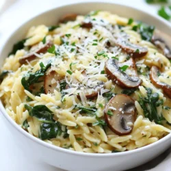 - Orzo Pasta and Vegetable Broth: Start with 1 cup of orzo pasta and 2 cups of vegetable broth. The orzo gives a nice bite, while the broth adds depth. - Aromatics: Shallot and Garlic: Use 1 finely chopped shallot and 2 minced garlic cloves. These will build a great flavor base for the dish. - Main Ingredients: Mushrooms and Spinach: You need 8 ounces of sliced mushrooms, like cremini or button. Add 3 cups of fresh spinach to give your dish color and nutrients. - Cream Options: Heavy Cream vs. Coconut Cream: Choose 1 cup of heavy cream for richness. If you want a dairy-free option, use coconut cream instead. Both make the dish creamy and delicious. - Seasoning and Garnish: Season with 1 teaspoon of dried thyme and 1/4 teaspoon of red pepper flakes, if you like some heat. Add salt and pepper to taste. Finish with 1/4 cup of grated Parmesan cheese or nutritional yeast for a vegan option. Top with fresh parsley for a bright touch. These ingredients come together to create a creamy, flavorful, and comforting dish that’s perfect for any dinner. {{ingredient_image_1}} Start by boiling two cups of vegetable broth in a medium saucepan. Once the broth boils, add one cup of orzo pasta. Cook the orzo according to the package instructions until it is al dente. This usually takes about 8 to 10 minutes. After cooking, drain the orzo and set it aside for later. In a large skillet, heat one tablespoon of olive oil over medium heat. Add one finely chopped shallot to the skillet. Sauté the shallot for 2 to 3 minutes until it turns translucent. Next, add two minced garlic cloves and 8 ounces of sliced mushrooms. Cook the mushrooms for about 5 minutes until they are browned and tender. Then, add 3 cups of fresh spinach to the skillet. Cook this mixture until the spinach wilts, which takes about 2 minutes. Pour in one cup of heavy cream and stir to combine all the ingredients. Next, add the cooked orzo to the skillet along with one teaspoon of dried thyme, 1/4 teaspoon of red pepper flakes (if you like a little heat), and salt and pepper to taste. Mix everything well so that the pasta is evenly coated in the creamy sauce. Stir in 1/4 cup of grated Parmesan cheese until it melts and makes the dish creamy. Let the mixture sit for a couple of minutes off the heat to thicken. For a beautiful presentation, serve the creamy orzo in warm bowls. Top each bowl with freshly chopped parsley and an extra sprinkle of Parmesan cheese if you want. Enjoy your creamy, comforting dish! To get the best orzo, cook it in boiling vegetable broth. This adds flavor while it cooks. Follow the package instructions closely. Check the pasta a minute early. You want it al dente, which means firm but not hard. Drain it well, but save some broth. You can add a splash back to keep it creamy. You can make this dish fit your needs. If you want it dairy-free, use coconut cream instead of heavy cream. Nutritional yeast works great as a cheese substitute. For gluten-free options, look for gluten-free orzo. You can swap the mushrooms for other veggies, like zucchini or bell peppers. This keeps the dish fresh and fun. Store leftovers in an airtight container in the fridge. It will stay good for about three days. To reheat, add a splash of broth or water. This helps keep it creamy and not dry. Heat it slowly on the stove or in the microwave. Remember to stir often to make sure it warms evenly. Enjoy your tasty leftovers! Pro Tips Use Fresh Spinach: Fresh spinach adds a vibrant color and a more pronounced flavor compared to frozen. Always opt for fresh if available. Customize the Creaminess: Adjust the amount of cream based on your preference. For a lighter version, reduce the cream or use a combination of broth and cream. Enhance Umami Flavor: Adding a splash of soy sauce or miso paste can deepen the umami flavor of the dish without overpowering the other ingredients. Leftovers Storage: This dish holds well in the fridge for up to 3 days. Reheat gently on the stovetop with a splash of broth or cream to revive the creaminess. {{image_2}} You can add proteins to make this dish heartier. Chicken, shrimp, or tofu work well. For chicken, cook bite-sized pieces in the skillet until golden, then mix in with the orzo. For shrimp, add them after the mushrooms and cook until pink. If you prefer tofu, use firm tofu, cubed, and sauté until crispy. Adding protein enhances flavor and makes it more filling. Feel free to get creative with your veggies. You can add bell peppers, zucchini, or peas. Just chop them small and add them with the mushrooms. Broccoli and asparagus are also great choices. Remember, the key is to cook them until tender but still vibrant. This keeps your dish colorful and packed with nutrients. Spice up your orzo with different herbs and spices. Fresh basil or parsley adds a bright taste. You can also try rosemary or oregano for an earthy flavor. Want a kick? Add more red pepper flakes or some smoked paprika. Experiment with your favorite flavors to make this dish truly yours. To store leftovers, cool the creamy spinach mushroom orzo to room temperature. Then, transfer it to an airtight container. Seal it tightly to keep out air. This helps maintain freshness. Place the container in the refrigerator. Leftovers will stay good for about three days. You can freeze this dish for later enjoyment. First, let the orzo cool completely. Then, portion it into freezer-safe bags or containers. Remove as much air as possible before sealing. Label each bag with the date. Frozen orzo will last for about three months. To reheat, first take the orzo out of the fridge or freezer. If frozen, let it thaw overnight in the fridge. For reheating, you can use a microwave or stovetop. If using a microwave, place the orzo in a bowl and add a splash of broth or cream. Heat in short bursts, stirring often. On the stovetop, warm it in a skillet over low heat. Add a bit of water or broth to keep it creamy. Stir until hot. Enjoy your delicious meal again! Yes, you can use gluten-free orzo pasta. Many brands offer great alternatives made from rice or lentils. These options cook similarly, making it easy to enjoy this dish without gluten. You can use coconut cream for a dairy-free option. Another choice is to use half-and-half or whole milk for a lighter version. Both options will still give you a creamy texture. Creamy Spinach Mushroom Orzo lasts about 3 to 5 days in the fridge. Make sure to store it in an airtight container to keep it fresh. Yes, you can make this dish vegan-friendly! Use coconut cream instead of heavy cream. Also, swap the Parmesan cheese for nutritional yeast. This keeps the flavors rich and delicious without dairy. In this post, we explored how to make Creamy Spinach Mushroom Orzo. We covered essential ingredients like orzo, broth, and cream options. Then, we detailed step-by-step cooking instructions to ensure a flawless dish. I shared tips for perfect texture and substitutions for diets. You can also customize with proteins and extra veggies. Lastly, I provided storage methods and answered common questions. Enjoy this creamy dish, and feel free to experiment with flavors that excite you!