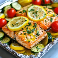 Here’s what you need to make Lemon Garlic Salmon Foil Packs: - 4 salmon fillets (6 oz each) - 2 tablespoons olive oil - 3 cloves garlic, minced - 1 lemon, zested and sliced - Salt and pepper, to taste - 1 cup cherry tomatoes, halved - 1 zucchini, sliced - Fresh parsley, chopped (for garnish) - Lemon wedges (for serving) These ingredients create a bright and fresh dish. Salmon is rich in omega-3 fats, which are great for heart health. The garlic adds a lovely flavor, while lemon brings a zesty kick. Cherry tomatoes and zucchini provide color and texture. Olive oil helps to keep the fish moist and adds healthy fats. Fresh parsley not only adds flavor but also makes the dish look nice. Lemon wedges are perfect for serving, allowing you to add more citrus if you like. Gathering these simple items helps you make a healthy meal in no time. Each ingredient plays a role in creating a balanced and tasty dish. {{ingredient_image_1}} 1. Preheat the oven: Set your oven to 400°F (200°C). This high heat helps cook the salmon evenly. 2. Cut and arrange aluminum foil: Take four pieces of aluminum foil. Each piece should be about 12 inches long. Lay them flat on your counter. 3. Prepare the seasoning mix: In a small bowl, mix 2 tablespoons of olive oil, 3 cloves of minced garlic, lemon zest, salt, and pepper. This mix gives the salmon a bright flavor. 4. Assemble the foil packs: Place a salmon fillet in the center of each foil piece. Drizzle the olive oil mixture over the fish. Add halved cherry tomatoes and sliced zucchini around the fillet. Top with lemon slices. Fold the foil to create a sealed packet. - Baking time and temperature: Bake the foil packs in the oven for 15-20 minutes. The salmon should cook fully and remain juicy. - How to check for doneness: To check if the salmon is done, open one foil pack and use a fork to flake the fish. If it flakes easily, it is ready. - Garnish ideas: Sprinkle fresh chopped parsley on top for a pop of color. You can also add lemon wedges for a zesty touch. - Presentation tips: Serve the salmon packs directly in the foil for a fun look. If you prefer, you can transfer the salmon and veggies to a plate. Add more lemon wedges and sprinkle fresh parsley for a beautiful finish. To ensure even cooking, cut your salmon fillets to similar sizes. This way, each piece cooks at the same rate. When you wrap your foil packs, make sure to seal them tightly. A good seal keeps the steam inside. This steam helps cook the salmon and veggies quickly. You can boost the flavor of your Lemon Garlic Salmon with herbs and spices. Fresh dill or thyme pairs well with salmon. Add a pinch of red pepper flakes for spice. You can also toss in other veggies like bell peppers or asparagus for variety. These additions keep your meal fresh and exciting. Pro Tips Fresh Ingredients: Use fresh salmon and vegetables for the best flavor and texture. Customize Veggies: Feel free to swap out the zucchini and tomatoes for other seasonal vegetables like bell peppers or asparagus. Packing Technique: Ensure the foil packets are sealed tightly to trap steam, which helps cook the salmon evenly. Leftover Ideas: Any leftover salmon can be flaked and added to salads or tacos for a quick meal. {{image_2}} Alternative proteins You can swap salmon for other fish. Try trout or cod for a change. If you prefer meat, chicken breast works well too. Just adjust the cooking time. Vegetable substitutions Feel free to change up the veggies. Bell peppers, asparagus, or broccoli are all great choices. Use what you have on hand. Mix and match for a new flavor each time. Grilling instructions Grilling these foil packs brings a nice smoky flavor. Preheat your grill to medium heat. Place the foil packs on the grill for about 15-20 minutes. Keep the lid closed for even cooking. Instant Pot options You can also use an Instant Pot for a quick meal. Add a cup of water to the pot. Place the foil packs on the steamer rack. Cook on high pressure for 5 minutes, then quick release. This method keeps the salmon moist and tender. To keep your Lemon Garlic Salmon foil packs fresh, store leftovers in the fridge. First, let them cool to room temperature. Then, transfer the salmon and veggies into an airtight container. This helps keep them safe to eat. Use the leftovers within three days for the best taste. Always label your container with the date for easy tracking. When you're ready to enjoy the leftovers, there are a few ways to reheat them. - Oven Method: Preheat your oven to 350°F (175°C). Place the foil pack on a baking sheet. Heat for about 10-15 minutes, or until warmed through. - Microwave Method: Place the salmon and veggies in a microwave-safe dish. Cover it with a lid or a damp paper towel. Heat for about 1-2 minutes, checking often to avoid overcooking. - Stovetop Method: Heat a non-stick skillet over medium heat. Add a splash of olive oil and place the salmon and veggies in the pan. Cook for about 5 minutes, flipping halfway through. Each method brings back the great flavor of your dish. Enjoy your meal again! Yes, you can use frozen salmon for this recipe. Just remember to thaw it first. Thaw it overnight in the fridge or use the quick method of placing it in cold water. This helps keep the salmon moist and tender when cooking. To check if salmon is cooked just right, look for a few signs. The fish should be opaque and flake easily with a fork. You can also use a meat thermometer. The ideal temperature for cooked salmon is 145°F (63°C). If it's at this temperature, your salmon is perfect. Lemon Garlic Salmon pairs nicely with many sides. Here are some ideas: - Steamed green beans - Quinoa salad - Roasted asparagus - Brown rice - Mixed greens salad These sides complement the bright flavors of the salmon and add variety to your meal. This blog post covered making a delicious Lemon Garlic Salmon dish. We reviewed the ingredients, from salmon fillets to fresh parsley. I shared step-by-step actions for cooking and serving. I also offered tips for flavor and cooking methods. Lastly, we discussed how to store and reheat leftovers. Cooking this meal is easy and tasty. You can impress your friends and family. Enjoy your cooking adventure!
