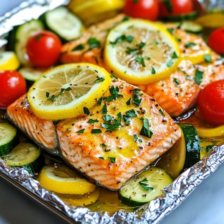 Here’s what you need to make Lemon Garlic Salmon Foil Packs: - 4 salmon fillets (6 oz each) - 2 tablespoons olive oil - 3 cloves garlic, minced - 1 lemon, zested and sliced - Salt and pepper, to taste - 1 cup cherry tomatoes, halved - 1 zucchini, sliced - Fresh parsley, chopped (for garnish) - Lemon wedges (for serving) These ingredients create a bright and fresh dish. Salmon is rich in omega-3 fats, which are great for heart health. The garlic adds a lovely flavor, while lemon brings a zesty kick. Cherry tomatoes and zucchini provide color and texture. Olive oil helps to keep the fish moist and adds healthy fats. Fresh parsley not only adds flavor but also makes the dish look nice. Lemon wedges are perfect for serving, allowing you to add more citrus if you like. Gathering these simple items helps you make a healthy meal in no time. Each ingredient plays a role in creating a balanced and tasty dish. {{ingredient_image_1}} 1. Preheat the oven: Set your oven to 400°F (200°C). This high heat helps cook the salmon evenly. 2. Cut and arrange aluminum foil: Take four pieces of aluminum foil. Each piece should be about 12 inches long. Lay them flat on your counter. 3. Prepare the seasoning mix: In a small bowl, mix 2 tablespoons of olive oil, 3 cloves of minced garlic, lemon zest, salt, and pepper. This mix gives the salmon a bright flavor. 4. Assemble the foil packs: Place a salmon fillet in the center of each foil piece. Drizzle the olive oil mixture over the fish. Add halved cherry tomatoes and sliced zucchini around the fillet. Top with lemon slices. Fold the foil to create a sealed packet. - Baking time and temperature: Bake the foil packs in the oven for 15-20 minutes. The salmon should cook fully and remain juicy. - How to check for doneness: To check if the salmon is done, open one foil pack and use a fork to flake the fish. If it flakes easily, it is ready. - Garnish ideas: Sprinkle fresh chopped parsley on top for a pop of color. You can also add lemon wedges for a zesty touch. - Presentation tips: Serve the salmon packs directly in the foil for a fun look. If you prefer, you can transfer the salmon and veggies to a plate. Add more lemon wedges and sprinkle fresh parsley for a beautiful finish. To ensure even cooking, cut your salmon fillets to similar sizes. This way, each piece cooks at the same rate. When you wrap your foil packs, make sure to seal them tightly. A good seal keeps the steam inside. This steam helps cook the salmon and veggies quickly. You can boost the flavor of your Lemon Garlic Salmon with herbs and spices. Fresh dill or thyme pairs well with salmon. Add a pinch of red pepper flakes for spice. You can also toss in other veggies like bell peppers or asparagus for variety. These additions keep your meal fresh and exciting. Pro Tips Fresh Ingredients: Use fresh salmon and vegetables for the best flavor and texture. Customize Veggies: Feel free to swap out the zucchini and tomatoes for other seasonal vegetables like bell peppers or asparagus. Packing Technique: Ensure the foil packets are sealed tightly to trap steam, which helps cook the salmon evenly. Leftover Ideas: Any leftover salmon can be flaked and added to salads or tacos for a quick meal. {{image_2}} Alternative proteins You can swap salmon for other fish. Try trout or cod for a change. If you prefer meat, chicken breast works well too. Just adjust the cooking time. Vegetable substitutions Feel free to change up the veggies. Bell peppers, asparagus, or broccoli are all great choices. Use what you have on hand. Mix and match for a new flavor each time. Grilling instructions Grilling these foil packs brings a nice smoky flavor. Preheat your grill to medium heat. Place the foil packs on the grill for about 15-20 minutes. Keep the lid closed for even cooking. Instant Pot options You can also use an Instant Pot for a quick meal. Add a cup of water to the pot. Place the foil packs on the steamer rack. Cook on high pressure for 5 minutes, then quick release. This method keeps the salmon moist and tender. To keep your Lemon Garlic Salmon foil packs fresh, store leftovers in the fridge. First, let them cool to room temperature. Then, transfer the salmon and veggies into an airtight container. This helps keep them safe to eat. Use the leftovers within three days for the best taste. Always label your container with the date for easy tracking. When you're ready to enjoy the leftovers, there are a few ways to reheat them. - Oven Method: Preheat your oven to 350°F (175°C). Place the foil pack on a baking sheet. Heat for about 10-15 minutes, or until warmed through. - Microwave Method: Place the salmon and veggies in a microwave-safe dish. Cover it with a lid or a damp paper towel. Heat for about 1-2 minutes, checking often to avoid overcooking. - Stovetop Method: Heat a non-stick skillet over medium heat. Add a splash of olive oil and place the salmon and veggies in the pan. Cook for about 5 minutes, flipping halfway through. Each method brings back the great flavor of your dish. Enjoy your meal again! Yes, you can use frozen salmon for this recipe. Just remember to thaw it first. Thaw it overnight in the fridge or use the quick method of placing it in cold water. This helps keep the salmon moist and tender when cooking. To check if salmon is cooked just right, look for a few signs. The fish should be opaque and flake easily with a fork. You can also use a meat thermometer. The ideal temperature for cooked salmon is 145°F (63°C). If it's at this temperature, your salmon is perfect. Lemon Garlic Salmon pairs nicely with many sides. Here are some ideas: - Steamed green beans - Quinoa salad - Roasted asparagus - Brown rice - Mixed greens salad These sides complement the bright flavors of the salmon and add variety to your meal. This blog post covered making a delicious Lemon Garlic Salmon dish. We reviewed the ingredients, from salmon fillets to fresh parsley. I shared step-by-step actions for cooking and serving. I also offered tips for flavor and cooking methods. Lastly, we discussed how to store and reheat leftovers. Cooking this meal is easy and tasty. You can impress your friends and family. Enjoy your cooking adventure!