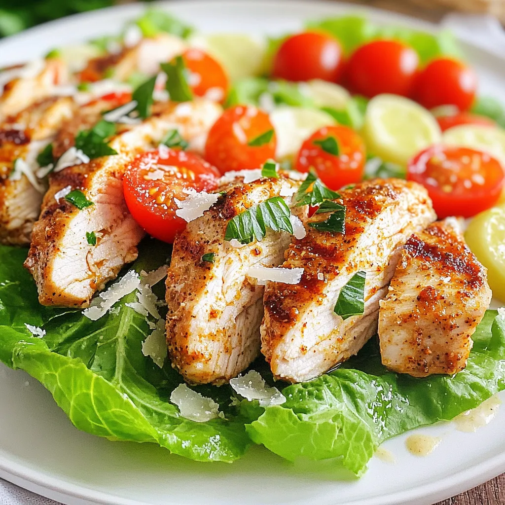 - 2 boneless, skinless chicken breasts - 1 tablespoon Cajun seasoning - 1 tablespoon olive oil - 4 large flour tortillas - 2 cups Romaine lettuce, chopped - 1/2 cup Caesar dressing - 1/2 cup grated Parmesan cheese - 1/2 cup cherry tomatoes, halved - Salt and pepper to taste - Fresh parsley, chopped (for garnish) You need two chicken breasts for four wraps. Each wrap gets a tablespoon of seasoning. Use one tablespoon of olive oil to cook the chicken. For the tortillas, pick large ones to hold all the filling. The recipe calls for two cups of chopped Romaine. You will use half a cup of Caesar dressing. Add half a cup of grated Parmesan cheese for that rich flavor. For a fresh touch, use half a cup of cherry tomatoes, halved. Lastly, season with salt and pepper as you like. If you have allergies, you can swap out ingredients. Use gluten-free tortillas if you have a gluten issue. For a dairy-free option, try a vegan Caesar dressing and skip the Parmesan. You can also replace chicken with grilled tofu or chickpeas for a plant-based meal. If you dislike Romaine, any leafy green will work. Just pick what you enjoy! {{ingredient_image_1}} Start by seasoning the chicken breasts. Use one tablespoon of Cajun seasoning, salt, and pepper. Rub the seasoning all over the chicken. This adds a spicy kick to each bite. Let it sit while you heat the pan. In a skillet, pour one tablespoon of olive oil. Heat it over medium heat. Once hot, add the seasoned chicken breasts. Cook them for about 6-7 minutes on each side. You want the chicken to cook through until the juices run clear. After cooking, remove the chicken and let it rest for 5 minutes. This helps keep it juicy. Next, slice the chicken into thin strips. Grab a large flour tortilla and lay it flat. Spread about 2 tablespoons of Caesar dressing in the middle. Add a handful of chopped Romaine lettuce on top. Then, layer the sliced Cajun chicken and halved cherry tomatoes. Finally, sprinkle grated Parmesan cheese over everything. Fold in the sides of the tortilla. Then, roll it up from the bottom to secure all the tasty fillings. Cut the wraps in half diagonally. Place them on a serving platter. Drizzle any leftover Caesar dressing on top. Finish with a sprinkle of chopped parsley for a pop of color. Enjoy your delicious wraps! To cook Cajun chicken, start with good seasoning. Use one tablespoon of Cajun seasoning on the chicken breasts. Add a pinch of salt and pepper for extra flavor. Heat one tablespoon of olive oil in a skillet over medium heat. Cook the chicken for about 6-7 minutes on each side. Always check that the juices run clear. Rest the chicken for five minutes before slicing. This keeps it juicy and tender. When you assemble your wraps, lay a tortilla flat first. Spread two tablespoons of Caesar dressing in the center. This will help the other ingredients stick. Add a handful of chopped Romaine lettuce right on top. Next, layer the sliced Cajun chicken and cherry tomato halves. Finish with a sprinkle of grated Parmesan cheese. Fold in the sides of the tortilla, then roll it up from the bottom. This method keeps everything inside. To boost the flavor, try adding sliced avocado or crispy bacon. You can also mix in some hot sauce for a spicy kick. Fresh herbs like cilantro or basil can add a nice touch. For a unique twist, consider using different dressings, like ranch or blue cheese. Experimenting with these options can make your wraps even more exciting! Pro Tips Perfectly Seasoned Chicken: Ensure you let the chicken marinate for at least 30 minutes with the Cajun seasoning to fully absorb the flavors. Optimal Tortilla Flexibility: Warm the tortillas slightly in the microwave for 10-15 seconds before assembling to make them easier to roll without tearing. Freshness is Key: Use fresh Romaine lettuce and ripe cherry tomatoes for the best flavor and crunch in your wraps. Garnishing Tips: For an added touch, sprinkle some extra Parmesan and a squeeze of lemon juice on top before serving for a burst of flavor. {{image_2}} You can make a tasty vegetarian wrap. Start with grilled veggies instead of chicken. Use bell peppers, zucchini, and mushrooms. Season them with Cajun spices for that kick. Replace Caesar dressing with a creamy avocado spread. This keeps the wrap rich and satisfying. Add in some chickpeas for protein. You’ll enjoy a fresh and fun meal. For a low-carb option, swap the flour tortillas for lettuce leaves. Romaine or butter lettuce works great. Use the same Cajun chicken or try grilled shrimp. These wraps will stay light but still full of flavor. Keep the Caesar dressing but use a low-fat version. This way, you cut carbs without losing taste. Want to spice things up? Add jalapeños or hot sauce for heat. For a sweeter twist, toss in mango or pineapple chunks. You can even use a chipotle Caesar dressing for a smoky flavor. Each tweak brings new life to the wraps. Experiment with different toppings to find your favorite combo. To keep your Cajun Chicken Caesar Wraps fresh, store them in airtight containers. Wraps can stay whole or be cut in half. Use plastic wrap or foil for individual wraps. This method helps prevent sogginess. Place them in the fridge right after they cool down. When it's time to eat, reheat the wraps gently. The microwave works well for this. Heat for 30 seconds, then check if they are warm. If they are not hot enough, heat in 15-second intervals. You can also use a skillet on low heat. This method keeps the wrap crispy. These wraps are great for meal prep. They last in the fridge for up to three days. For longer storage, freeze them. Wrap each in plastic wrap, then place in a freezer bag. They can keep for up to two months. When you're ready to eat, thaw in the fridge overnight before reheating. Cajun seasoning is a spice blend. It often includes paprika, garlic, onion, and black pepper. This blend gives food a bold and spicy flavor. You can buy it pre-made or mix your own. It adds a kick to dishes like Cajun Chicken Caesar Wraps. Yes, you can make these wraps ahead of time. Just prepare the chicken and veggies. Wait to wrap them until you are ready to eat. This keeps the wraps fresh and crisp. Store them in the fridge for up to three days. Great sides for these wraps include: - Sweet potato fries - Coleslaw - Corn on the cob - Fresh fruit salad These sides balance the meal and add variety. Absolutely! You can try ranch, blue cheese, or a vinaigrette. Each dressing gives a new twist to the wraps. Just keep in mind that the flavor will change with each option. You can make these wraps fit many diets. For gluten-free, use corn tortillas. For a vegetarian option, swap chicken for grilled veggies or tofu. If you're dairy-free, skip the cheese or use a dairy-free alternative. Always choose what works best for you! This blog post covered all you need for Cajun Chicken Caesar Wraps. We explored ingredients, step-by-step cooking, and tips for perfect wraps. You can easily customize for different diets and flavors. Remember, cooking is fun, so experiment with your own tastes. Following these steps will help you impress family and friends. Enjoy making these wraps and share your results!