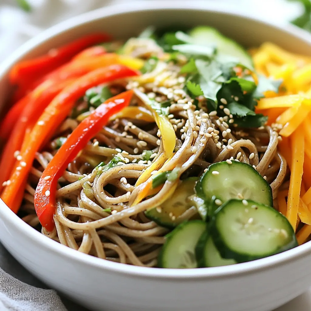 To make the spicy sesame noodle salad, you will need: - 8 oz. soba noodles - 2 tablespoons sesame oil - 1 tablespoon soy sauce - 2 tablespoons peanut butter - 1 tablespoon rice vinegar - 1 tablespoon sriracha (adjust to taste) - 1 carrot, julienned - 1 cucumber, thinly sliced - 1 red bell pepper, thinly sliced - 3 green onions, chopped - 1/4 cup chopped fresh cilantro - Sesame seeds for garnish - Salt and pepper to taste For this salad, fresh ingredients like carrots, cucumbers, and bell peppers shine. These veggies add crunch and color. Use fresh cilantro for the best flavor. On the other hand, pantry staples include soba noodles, sesame oil, and soy sauce. These items are easy to keep on hand. Peanut butter and rice vinegar also last long. They help create the creamy dressing. I have some favorite brands for key ingredients. For soba noodles, I like the brand Eden Foods. Their noodles cook well and taste great. For sesame oil, try Kadoya. It's pure and fragrant. When it comes to soy sauce, Kikkoman is a trusted choice. For peanut butter, go for Jif or Skippy; they blend nicely in the dressing. Always check labels for quality. {{ingredient_image_1}} First, bring a pot of water to a boil. Add 8 oz. of soba noodles. Cook them according to the package instructions. This usually takes about 4 to 6 minutes. You want them tender but still firm. Drain the noodles in a colander and rinse them under cold water. This step cools them down and stops the cooking process. Place the cooled noodles in a large bowl. In a small bowl, grab a whisk and mix your dressing. Combine 2 tablespoons of sesame oil, 1 tablespoon of soy sauce, and 2 tablespoons of peanut butter. Then add 1 tablespoon of rice vinegar and 1 tablespoon of sriracha. Whisk until smooth and all ingredients are mixed well. This dressing adds a nice kick to the noodles. Now it's time to bring everything together. Pour the dressing over the soba noodles. Toss the noodles to coat them evenly. Next, add your veggies: 1 julienned carrot, 1 thinly sliced cucumber, and 1 thinly sliced red bell pepper. Don't forget 3 chopped green onions and 1/4 cup of chopped fresh cilantro. Mix it all lightly until well combined. Season with salt and pepper to taste. If you like more heat, add extra sriracha. Let the salad sit for about 10 minutes. This helps the flavors mix well. Before serving, toss everything together again. Serve in bowls topped with sesame seeds for extra crunch. To get the best texture in your Spicy Sesame Noodle Salad, start with the soba noodles. Cook them just until tender. This keeps them from becoming mushy. After cooking, rinse them under cold water. This stops the cooking process. It also cools them down quickly. Toss the noodles gently with the dressing. This helps the sauce coat each noodle without breaking them. Everyone has different spice levels. To adjust the heat, start with 1 tablespoon of sriracha. Taste the salad after mixing. If you want more heat, add more sriracha a little at a time. You can also serve extra sriracha on the side. This lets everyone spice their own bowl as they like. A beautiful salad makes the meal more fun. Serve your salad in colorful bowls. This adds to the dish’s appeal. Top each bowl with sesame seeds for a nice crunch. You can also sprinkle extra cilantro or sliced green onions on top. This not only looks good but also adds flavor. Don't forget to arrange the veggies nicely. A pretty presentation invites everyone to dig in! Pro Tips Cook Noodles Al Dente: Soba noodles should be cooked until just tender to maintain a firm texture and avoid mushiness in the salad. Customize the Heat: Adjust the amount of sriracha according to your spice preference; start with less and add more as needed for a balanced flavor. Fresh Ingredients Matter: Use fresh vegetables and herbs for the best flavor and texture; they enhance the overall freshness of the salad. Let It Rest: Allowing the salad to sit for about 10 minutes after mixing helps the flavors meld together, resulting in a more flavorful dish. {{image_2}} You can make this salad vegetarian by sticking to the main recipe. The soba noodles, fresh veggies, and rich sesame dressing offer great flavors. Try adding more vegetables like bell peppers or snap peas. You can also add edamame for extra protein. This keeps your dish tasty and filling without using meat. Soba noodles can contain wheat, so check the package. Look for 100% buckwheat soba noodles. They are gluten-free and still taste great. Use tamari instead of soy sauce to keep it gluten-free. This way, you enjoy the same delicious flavor without the gluten. You can easily add proteins to make this salad more filling. Grilled chicken or shrimp pairs well with the flavors. For a plant-based option, try tofu or tempeh. Cook them until golden brown for a nice texture. Mix these proteins into the salad for a heartier meal. To keep your Spicy Sesame Noodle Salad fresh, use an airtight container. Glass containers work well. Store the salad in the fridge to keep the ingredients crisp. If you have extra dressing, store it separately. This way, the noodles won’t get mushy. Your salad will stay good for about 3 to 5 days in the fridge. After that, the veggies may lose their crunch. Always check for any odd smells or changes in color before eating. If you see or smell anything off, it’s best to toss it. You can eat the salad cold or warm. If you prefer it warm, heat it gently in a pan. Add a splash of water or extra sesame oil to help it heat evenly. Stir often to avoid burning. You can also microwave it for about 30 seconds. Just remember to check the heat level before serving. Soba noodles are thin noodles made from buckwheat flour. They are pale brown and have a nutty taste. Soba noodles are a great choice for this dish. They cook quickly and hold sauce well. Plus, they are high in protein and fiber. You can find them in most grocery stores, often in the Asian foods section. Yes, you can use many types of vegetables. Feel free to swap in what you like. Bell peppers, carrots, and cucumbers work well. You can also try zucchini, snap peas, or radishes. Just cut them into thin pieces for even cooking. The goal is to keep a nice crunch in your salad. You can easily prepare this salad ahead. Cook the soba noodles and make the dressing in advance. Store both in separate containers in the fridge. Mix everything right before serving. This way, the flavors stay fresh. Enjoy your spicy sesame noodle salad anytime! You now have all you need to make a great cold soba noodle salad. We covered the key ingredients, step-by-step instructions, and helpful tips. You learned about variations for different diets and how to store your salad. Remember, using fresh ingredients and the right brands can make a big difference. Don’t be afraid to adjust spices and try new veggies. With these tools, you can create a dish that fits your taste. Enjoy your salad and share it with others!