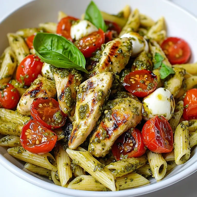 - 2 boneless, skinless chicken breasts - Salt and pepper, to taste - 2 tablespoons olive oil - 12 oz penne or rotini pasta - 1 cup fresh basil pesto - 1 cup cherry tomatoes, halved - 1 cup fresh mozzarella balls, halved - 2 tablespoons balsamic glaze - Fresh basil leaves for garnish The main ingredients form the heart of this dish. The chicken breasts give it protein and a savory flavor. The pasta type, whether penne or rotini, adds a fun texture. Fresh basil pesto brings the dish together with its vibrant taste. Cherry tomatoes add a sweet burst, while mozzarella gives it creaminess. The balsamic glaze adds a tangy finish, making each bite special. - Variations of pesto - Suggested sides and garnishes You can switch up the pesto to match your taste. Try sun-dried tomato pesto for a richer flavor. You can also add spinach or kale to your pesto for extra nutrients. For sides, a simple green salad pairs well. Garlic bread or roasted veggies are great too. Fresh basil leaves as a garnish add color and aroma. These options let you customize your dish to fit your mood. {{ingredient_image_1}} To start, season the chicken breasts with salt and pepper. This simple step adds great flavor. Heat two tablespoons of olive oil in a large skillet over medium heat. Once the oil is hot, add the chicken. Cook for 5 to 7 minutes on each side. Look for a golden brown color. Ensure the chicken is fully cooked by checking its internal temperature. Let it rest for a few minutes after cooking. Then, slice it into strips. Next, boil the pasta. In a large pot, bring salted water to a boil. Use enough water to cover the pasta well. Add 12 ounces of penne or rotini pasta. Cook according to the package instructions. Aim for al dente pasta, which means it should be firm when bitten. This texture holds up well in the dish. Once cooked, drain the pasta and set it aside. Now, it’s time to bring everything together. In the same pot or a large bowl, mix the cooked pasta with 1 cup of fresh basil pesto. Add 1 cup of halved cherry tomatoes and 1 cup of halved mozzarella balls. Toss gently until the pasta is well coated. Next, fold in the sliced chicken. Make sure to distribute the chicken evenly throughout the pasta. This way, every bite is full of flavor. Finally, plate the dish and drizzle 2 tablespoons of balsamic glaze on top. Finish with fresh basil leaves for a lovely garnish. To make juicy chicken, use a meat thermometer. Cook until it reaches 165°F. Let the chicken rest after cooking. This keeps the juices inside. Avoid overcooking, which can make it dry. Also, don’t skip seasoning. Salt and pepper can make a big difference. To prevent sticky pasta, stir it well while boiling. Use plenty of water and a pinch of salt. Follow the package instructions for the best results. For extra flavor, add a splash of olive oil or a clove of garlic to the water. This enhances the taste of the pasta. Store-bought pesto is quick and easy, but homemade is fresher. If you choose store-bought, try mixing in some fresh basil or a squeeze of lemon juice. This can brighten the flavor. You can also add nuts or cheese to make it richer. Pro Tips Use Fresh Ingredients: Opt for fresh basil and high-quality mozzarella for a burst of flavor that elevates the dish. Cook Pasta Al Dente: Make sure to cook the pasta just until al dente to ensure it holds its shape and texture when mixed with the other ingredients. Customize the Pesto: Feel free to add nuts or extra garlic to the pesto for a personalized touch that enhances the flavor profile. Perfect Balsamic Glaze: Drizzle balsamic glaze just before serving for a sweet and tangy contrast that complements the dish beautifully. {{image_2}} You can switch out proteins in this dish. Try shrimp or turkey for a new taste. If you want a vegetarian or vegan option, use chickpeas or tofu instead of chicken. Both options add great texture and flavor. Boost the flavor by adding spices like garlic powder or red pepper flakes. Different cheeses, such as feta or goat cheese, can change the taste profile. For seasonal flavors, use fresh herbs like parsley or thyme. You can replace cherry tomatoes with roasted bell peppers in the winter for a warm touch. Serve this dish with a side of garlic bread or a fresh salad. Pair it with a light white wine like Pinot Grigio or a sparkling water with lemon. This pasta is perfect for family dinners, date nights, or casual gatherings. Enjoy it at a summer barbecue or a cozy winter meal. To store leftovers, use an airtight container. This helps keep the dish fresh. You can store it in the fridge for up to three days. If you want to keep it longer, freezing is a great option. When reheating, use a microwave or stove. If using a microwave, cover the dish to keep moisture in. Heat in short bursts, stirring often. This helps maintain the flavors and texture. On the stove, add a splash of water to keep it moist while heating. To freeze the dish, let it cool completely first. Then, place it in a freezer-safe container. Make sure to leave some space at the top for expansion. It can last in the freezer for up to three months. When ready to eat, thaw it overnight in the fridge. Then, reheat it thoroughly before serving. Yes, you can make this dish ahead of time. It is best to prepare the chicken and pasta separately. This way, they stay fresh. Cook the chicken and pasta as directed. Then, mix the rest of the ingredients right before serving. - Recommended prep time: You can prep this meal in about 15 minutes. - Storage tips before serving: Store the cooked chicken and pasta in separate airtight containers in the fridge. They stay fresh for up to three days. If you want to switch up the protein, there are many tasty options. You can use shrimp, turkey, or even tofu. Each of these gives a great twist to the dish. - Alternative protein options: - Shrimp: Cooked until pink and juicy. - Turkey: Great for a lean option. - Tofu: For a plant-based choice. - Suitable substitutes: You can also use canned chickpeas or lentils. They add protein and are very filling. Making this dish vegetarian is easy and fun. Just swap out the chicken for vegetables or plant-based protein. - Plant-based ingredient options: - Use mushrooms for a hearty texture. - Bell peppers add sweetness and color. - Zucchini noodles can replace pasta for a low-carb option. - Adjustments to the technique: Cook vegetables in the same way as the chicken. Sauté them until tender. Then, follow the same steps to mix the pesto and other ingredients. This article covered key ingredients, cooking steps, and helpful tips for a tasty dish. We explored main ingredients like chicken, pasta, and fresh herbs, as well as optional variations. You learned tips for juicy chicken and perfect pasta. Don't forget the storage methods for leftovers and reheat them right. With these ideas, you can create a meal for any occasion. Enjoy experimenting with flavors and ingredient swaps to make it your own. Your kitchen adventures await!