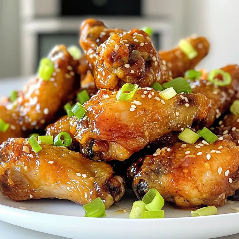 To make Air Fryer Honey Garlic Chicken Wings, you need fresh ingredients. Here’s the list: - 2 pounds chicken wings - 1/4 cup honey - 3 cloves garlic, minced - 2 tablespoons soy sauce - 1 tablespoon apple cider vinegar - 1 teaspoon ground ginger - 1/2 teaspoon black pepper - 1/4 teaspoon red pepper flakes (optional) - Garnishing options: sesame seeds and chopped green onions These ingredients come together to create a sweet and savory flavor. The honey adds a nice touch of sweetness. Garlic gives it a rich taste. Soy sauce brings depth, while the apple cider vinegar adds a hint of tang. Ground ginger gives warmth, and black pepper adds spice. If you want extra heat, add red pepper flakes. You can also garnish with sesame seeds and green onions. This makes the dish look pretty and adds a crunch. Each ingredient plays a role in making these wings delicious. Use fresh ingredients for the best taste. Enjoy the process of gathering these items! {{ingredient_image_1}} To start, grab a large mixing bowl. Add 1/4 cup of honey. Next, add 3 minced cloves of garlic. Then, pour in 2 tablespoons of soy sauce. Don't forget 1 tablespoon of apple cider vinegar. Now, sprinkle in 1 teaspoon of ground ginger and 1/2 teaspoon of black pepper. If you like a bit of heat, add 1/4 teaspoon of red pepper flakes. Stir everything well. You want a smooth mix that smells amazing. Now it's time for the chicken wings. Take 2 pounds of wings and put them in the bowl. Use your hands or a spoon to coat each wing in the marinade. Make sure they are all covered. Cover the bowl with plastic wrap. Let the wings sit for at least 30 minutes. For more flavor, marinate them in the fridge for up to 2 hours. The longer they sit, the better they taste. After marinating, preheat your air fryer to 360°F (180°C). This should take about 5 minutes. Lightly grease the air fryer basket with non-stick spray. Place the marinated wings in a single layer. If you have a lot of wings, do this in batches. Cook the wings for 25-30 minutes. Shake the basket halfway through for even cooking. If you want them extra crispy, add a few more minutes. When they are done, toss the wings in any leftover marinade from the bowl. Finally, garnish with sesame seeds and chopped green onions. Serve them hot and enjoy! To get those perfect crispy wings, start with a dry surface. Pat the wings with paper towels to remove excess moisture. This step helps the skin get nice and crispy in the air fryer. After cooking, toss the wings in the leftover marinade for added flavor. You can also give them an extra minute or two in the fryer for more crunch. Marinating the wings is key for flavor. I suggest marinating for at least 30 minutes. If you have more time, let them sit in the fridge for up to 2 hours. This longer time allows the flavors to soak in deeply. Just remember, don’t skip this step if you want tasty wings! Set your air fryer to 360°F (180°C). This temperature is perfect for cooking wings evenly while keeping them juicy inside. Preheat the air fryer for about 5 minutes before adding the wings. This small step makes a big difference in cooking time and texture. Pro Tips Marinate Longer for More Flavor: Letting the chicken wings marinate for up to 2 hours allows the flavors to penetrate deeply, resulting in a more flavorful dish. Adjust the Heat Level: If you prefer your wings spicier, increase the amount of red pepper flakes or add a dash of hot sauce to the marinade for an extra kick. Use Fresh Ingredients: Fresh garlic and ginger enhance the flavor significantly compared to dried versions, making your wings more aromatic and delicious. Check for Crispiness: For extra crispy wings, increase the cooking time by a few minutes, but keep an eye on them to prevent burning. {{image_2}} You can easily turn up the heat in your honey garlic wings. Add red pepper flakes for spice. I suggest using one teaspoon for medium heat. If you like it hot, try two teaspoons. You can also add hot sauce to the marinade. This will give your wings a nice kick. Feel free to play with the sauce. Instead of honey, try maple syrup. It gives a rich taste. You can also swap soy sauce for coconut aminos for a gluten-free option. Add a splash of lime juice for a zesty twist. The mix of flavors keeps each bite exciting. If you don’t have an air fryer, use your oven. Preheat it to 400°F (200°C). Spread the wings on a baking sheet. Bake for 40-45 minutes, flipping halfway through. For a smoky flavor, grill the wings. Cook them over medium heat for 20-25 minutes. Make sure to turn them often. This helps them cook evenly and get crisp. After your feast, store leftover wings in an airtight container. They stay fresh in the fridge for up to three days. Make sure they cool down before sealing. Label the container with the date. This way, you remember when you cooked them. To reheat, use the air fryer for the best results. Set it to 350°F (175°C). Heat the wings for about 10 minutes. This brings back the crisp texture. You can also use a microwave, but the wings may lose their crunch. If using a microwave, cover them with a damp paper towel to keep them moist. If you have extra wings, freezing is a great option. First, let them cool completely. Then, place them in a freezer bag. Squeeze out the air before sealing. They will last up to three months in the freezer. When ready to eat, thaw them in the fridge overnight before reheating. You should marinate the wings for at least 30 minutes. This time lets the flavors soak in. If you want a stronger taste, marinate for up to 2 hours in the fridge. Longer marinating helps the wings become more flavorful. Yes, you can use frozen chicken wings. However, it's best to thaw them first. Thawing helps the marinade stick better. You can let them sit in the fridge overnight or use cold water in a sealed bag. To get crispy wings, follow a few tips. First, make sure they are dry before marinating. Second, don’t overcrowd the air fryer basket. Give them space to cook evenly. Lastly, shake the basket halfway through cooking for more crispiness. To change the spice level, you can add more or less red pepper flakes. If you love heat, add an extra 1/4 teaspoon. For milder wings, skip the red pepper. You can also add hot sauce to the marinade for a different kick. This blog covered how to make delicious chicken wings using simple ingredients. You learned about marinating, cooking in an air fryer, and tips for getting crispy wings. I shared different ways to spice up your recipe and how to store leftovers. These wings can be a fun and tasty meal. Try out the tips and enjoy creating your own flavor!
