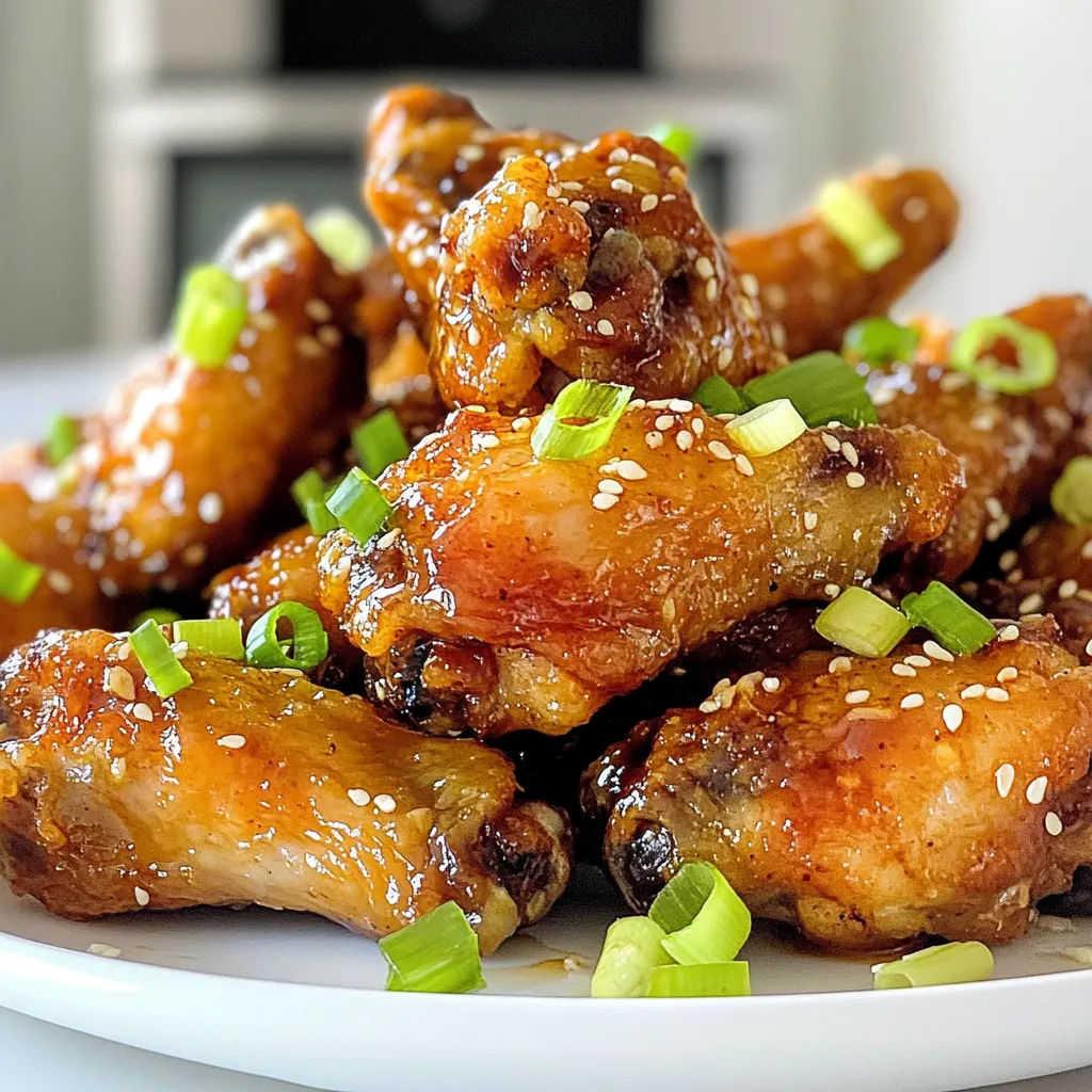 To make Air Fryer Honey Garlic Chicken Wings, you need fresh ingredients. Here’s the list: - 2 pounds chicken wings - 1/4 cup honey - 3 cloves garlic, minced - 2 tablespoons soy sauce - 1 tablespoon apple cider vinegar - 1 teaspoon ground ginger - 1/2 teaspoon black pepper - 1/4 teaspoon red pepper flakes (optional) - Garnishing options: sesame seeds and chopped green onions These ingredients come together to create a sweet and savory flavor. The honey adds a nice touch of sweetness. Garlic gives it a rich taste. Soy sauce brings depth, while the apple cider vinegar adds a hint of tang. Ground ginger gives warmth, and black pepper adds spice. If you want extra heat, add red pepper flakes. You can also garnish with sesame seeds and green onions. This makes the dish look pretty and adds a crunch. Each ingredient plays a role in making these wings delicious. Use fresh ingredients for the best taste. Enjoy the process of gathering these items! {{ingredient_image_1}} To start, grab a large mixing bowl. Add 1/4 cup of honey. Next, add 3 minced cloves of garlic. Then, pour in 2 tablespoons of soy sauce. Don't forget 1 tablespoon of apple cider vinegar. Now, sprinkle in 1 teaspoon of ground ginger and 1/2 teaspoon of black pepper. If you like a bit of heat, add 1/4 teaspoon of red pepper flakes. Stir everything well. You want a smooth mix that smells amazing. Now it's time for the chicken wings. Take 2 pounds of wings and put them in the bowl. Use your hands or a spoon to coat each wing in the marinade. Make sure they are all covered. Cover the bowl with plastic wrap. Let the wings sit for at least 30 minutes. For more flavor, marinate them in the fridge for up to 2 hours. The longer they sit, the better they taste. After marinating, preheat your air fryer to 360°F (180°C). This should take about 5 minutes. Lightly grease the air fryer basket with non-stick spray. Place the marinated wings in a single layer. If you have a lot of wings, do this in batches. Cook the wings for 25-30 minutes. Shake the basket halfway through for even cooking. If you want them extra crispy, add a few more minutes. When they are done, toss the wings in any leftover marinade from the bowl. Finally, garnish with sesame seeds and chopped green onions. Serve them hot and enjoy! To get those perfect crispy wings, start with a dry surface. Pat the wings with paper towels to remove excess moisture. This step helps the skin get nice and crispy in the air fryer. After cooking, toss the wings in the leftover marinade for added flavor. You can also give them an extra minute or two in the fryer for more crunch. Marinating the wings is key for flavor. I suggest marinating for at least 30 minutes. If you have more time, let them sit in the fridge for up to 2 hours. This longer time allows the flavors to soak in deeply. Just remember, don’t skip this step if you want tasty wings! Set your air fryer to 360°F (180°C). This temperature is perfect for cooking wings evenly while keeping them juicy inside. Preheat the air fryer for about 5 minutes before adding the wings. This small step makes a big difference in cooking time and texture. Pro Tips Marinate Longer for More Flavor: Letting the chicken wings marinate for up to 2 hours allows the flavors to penetrate deeply, resulting in a more flavorful dish. Adjust the Heat Level: If you prefer your wings spicier, increase the amount of red pepper flakes or add a dash of hot sauce to the marinade for an extra kick. Use Fresh Ingredients: Fresh garlic and ginger enhance the flavor significantly compared to dried versions, making your wings more aromatic and delicious. Check for Crispiness: For extra crispy wings, increase the cooking time by a few minutes, but keep an eye on them to prevent burning. {{image_2}} You can easily turn up the heat in your honey garlic wings. Add red pepper flakes for spice. I suggest using one teaspoon for medium heat. If you like it hot, try two teaspoons. You can also add hot sauce to the marinade. This will give your wings a nice kick. Feel free to play with the sauce. Instead of honey, try maple syrup. It gives a rich taste. You can also swap soy sauce for coconut aminos for a gluten-free option. Add a splash of lime juice for a zesty twist. The mix of flavors keeps each bite exciting. If you don’t have an air fryer, use your oven. Preheat it to 400°F (200°C). Spread the wings on a baking sheet. Bake for 40-45 minutes, flipping halfway through. For a smoky flavor, grill the wings. Cook them over medium heat for 20-25 minutes. Make sure to turn them often. This helps them cook evenly and get crisp. After your feast, store leftover wings in an airtight container. They stay fresh in the fridge for up to three days. Make sure they cool down before sealing. Label the container with the date. This way, you remember when you cooked them. To reheat, use the air fryer for the best results. Set it to 350°F (175°C). Heat the wings for about 10 minutes. This brings back the crisp texture. You can also use a microwave, but the wings may lose their crunch. If using a microwave, cover them with a damp paper towel to keep them moist. If you have extra wings, freezing is a great option. First, let them cool completely. Then, place them in a freezer bag. Squeeze out the air before sealing. They will last up to three months in the freezer. When ready to eat, thaw them in the fridge overnight before reheating. You should marinate the wings for at least 30 minutes. This time lets the flavors soak in. If you want a stronger taste, marinate for up to 2 hours in the fridge. Longer marinating helps the wings become more flavorful. Yes, you can use frozen chicken wings. However, it's best to thaw them first. Thawing helps the marinade stick better. You can let them sit in the fridge overnight or use cold water in a sealed bag. To get crispy wings, follow a few tips. First, make sure they are dry before marinating. Second, don’t overcrowd the air fryer basket. Give them space to cook evenly. Lastly, shake the basket halfway through cooking for more crispiness. To change the spice level, you can add more or less red pepper flakes. If you love heat, add an extra 1/4 teaspoon. For milder wings, skip the red pepper. You can also add hot sauce to the marinade for a different kick. This blog covered how to make delicious chicken wings using simple ingredients. You learned about marinating, cooking in an air fryer, and tips for getting crispy wings. I shared different ways to spice up your recipe and how to store leftovers. These wings can be a fun and tasty meal. Try out the tips and enjoy creating your own flavor!