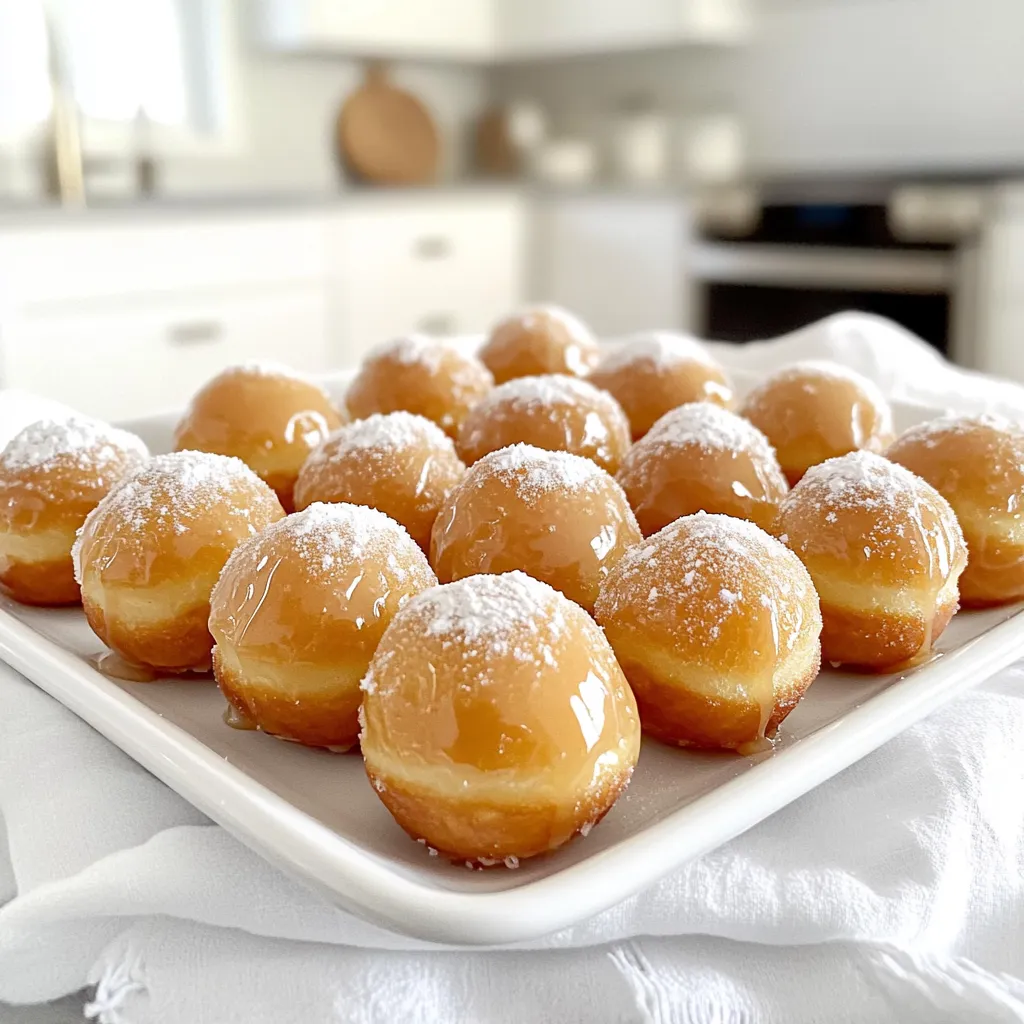 - 1 cup all-purpose flour - 1/2 cup granulated sugar - 2 teaspoons baking powder - 1/2 teaspoon salt - 1/4 teaspoon nutmeg These dry ingredients create a rich base for the donut holes. The flour gives structure. Sugar adds sweetness, while baking powder helps them rise. Salt and nutmeg enhance flavor and balance the sweetness. - 1/2 cup milk - 1/4 cup unsalted butter, melted - 1 large egg - 1 teaspoon vanilla extract The wet ingredients bring moisture and richness. Milk makes the batter smooth. Melted butter adds flavor and a tender crumb. The egg binds everything together, while vanilla adds a warm, inviting aroma. - 1/2 cup powdered sugar - 2 tablespoons pure maple syrup - 1 tablespoon milk The maple glaze is the star! Powdered sugar gives a smooth finish. Pure maple syrup offers a sweet, earthy flavor. Milk thins the glaze so it coats the donut holes perfectly. This glaze turns simple donut holes into a treat you can't resist! Start by preheating your oven to 350°F (175°C). This step helps the donut holes bake evenly. Next, grease a mini muffin pan or a donut hole pan. This keeps them from sticking and makes for easy removal later. In a large bowl, add 1 cup of all-purpose flour, 1/2 cup of granulated sugar, 2 teaspoons of baking powder, 1/2 teaspoon of salt, and 1/4 teaspoon of nutmeg. Whisk these together until they mix well. This blend gives your donut holes a lovely, sweet flavor. In another bowl, mix 1/2 cup of milk, 1/4 cup of melted unsalted butter, 1 large egg, and 1 teaspoon of vanilla extract. Stir until smooth. This mix adds moisture and richness to your donut holes. Pour the wet ingredients into the dry mix. Stir gently until just combined. Be careful not to overmix. Then, scoop about a tablespoon of batter into each cavity of your pan. Fill them about three-quarters full for the best rise. Place the filled pan in the preheated oven. Bake for 10 to 12 minutes. The tops should be lightly golden. You can check doneness by poking a toothpick into one. If it comes out clean, they are ready! While your donut holes bake, prepare the glaze. In a small bowl, whisk together 1/2 cup of powdered sugar, 2 tablespoons of pure maple syrup, and 1 tablespoon of milk. Mix until the glaze is smooth and slightly thick. This glaze adds a sweet finish. Once the donut holes cool for about 5 minutes in the pan, transfer them to a wire rack. Dip the tops of each donut hole into the maple glaze. Allow any excess to drip off. Place them back on the rack to let the glaze set. Enjoy your sweet treat! Store your maple glazed donut holes in an airtight container. They stay fresh for about three days at room temperature. If you want longer storage, freeze them. Place them in a freezer-safe bag for up to three months. Just thaw them overnight in the fridge before serving. - Measure Ingredients Accurately: Use a kitchen scale for best results. - Don’t Overmix: Mix until just combined to keep them soft. - Check Oven Temperature: An oven thermometer ensures you bake at the right heat. - Use a Nonstick Pan: This helps with easy removal after baking. - Test for Doneness: A toothpick should come out clean when they’re ready. Make your donut holes look special. Arrange them on a nice platter. You can dust the tops with powdered sugar for a sweet touch. Use colorful paper liners to add flair. Add some fresh fruit or mint leaves around the platter for color. This makes your treat pop! {{image_2}} You can make these donut holes even more fun! Try adding chocolate chips or fresh fruit. Here are some ideas: - Chocolate Chips: Add 1/2 cup of mini chocolate chips to the batter. They melt and create sweet pockets of chocolate. - Fruit: Fold in 1/2 cup of chopped berries or mashed banana for a fruity twist. Berries add a burst of flavor, while banana makes them extra moist. If you want to switch up the glaze, there are many options. Here are a few tasty choices: - Chocolate Glaze: Melt 1 cup of chocolate chips and mix with 1 tablespoon of butter. Dip the donut holes for a rich chocolate flavor. - Vanilla Glaze: Replace maple syrup with vanilla extract in the glaze. Use 1 teaspoon of vanilla for a sweet, classic taste. You can adapt this recipe for different diets. Here’s how you can make these donut holes fit your needs: - Gluten-Free: Swap all-purpose flour with a gluten-free blend. Ensure it has a good binding agent like xanthan gum. - Vegan: Use a flax egg instead of a large egg. Mix 1 tablespoon of ground flaxseed with 2.5 tablespoons of water and let it sit for 5 minutes. Replace milk with almond or oat milk, and use vegan butter in place of regular butter. These variations let you customize your donut holes. Enjoy experimenting! Each maple glazed donut hole has about 100 calories. This total includes the dough and the glaze. For a batch of 24 donut holes, that amounts to about 2,400 calories in total. These donut holes contain key nutrients like: - Fat: Around 4 grams per donut hole, mostly from butter. - Sugar: Approximately 10 grams from both granulated and powdered sugar. - Carbohydrates: Roughly 15 grams, providing energy for your day. - Protein: About 1 gram, thanks to the egg and milk. You can make these donut holes a bit healthier: - Flour: Use whole wheat flour for more fiber. - Sugar: Swap granulated sugar with coconut sugar for less impact on blood sugar. - Milk: Use almond milk or oat milk for a dairy-free option. - Butter: Substitute with applesauce to reduce fat content. These small changes can help you enjoy a treat while being mindful of health! Yes, you can freeze maple glazed donut holes. Wait until they cool completely. Then, place them in a freezer-safe bag or container. They will stay fresh for about three months. When you're ready to eat them, simply thaw them at room temperature. You can tell the donut holes are done when they turn a light golden brown. Insert a toothpick into the center; it should come out clean. If the toothpick has batter on it, bake for another minute or two. If the glaze is too thin, add more powdered sugar. Mix a little at a time until it thickens. If it’s too thick, add a splash of milk. Stir well until you reach your desired consistency. Yes, you can make these donut holes in advance. Bake them up to a day ahead. Store them in an airtight container at room temperature. Glaze them right before serving for the best taste. Baked donut holes last about 2 to 3 days at room temperature. Keep them in a covered container to maintain freshness. If you want to keep them longer, freeze them as mentioned earlier. We covered the essential ingredients for making tasty maple glazed donut holes. You learned how to mix dry and wet ingredients, bake perfectly, and glaze them. I shared tips for storage, baking, and presentation. You also discovered fun flavor variations and key nutritional facts. In the end, these donut holes are both delicious and easy to make. Enjoy crafting your perfect treat!
