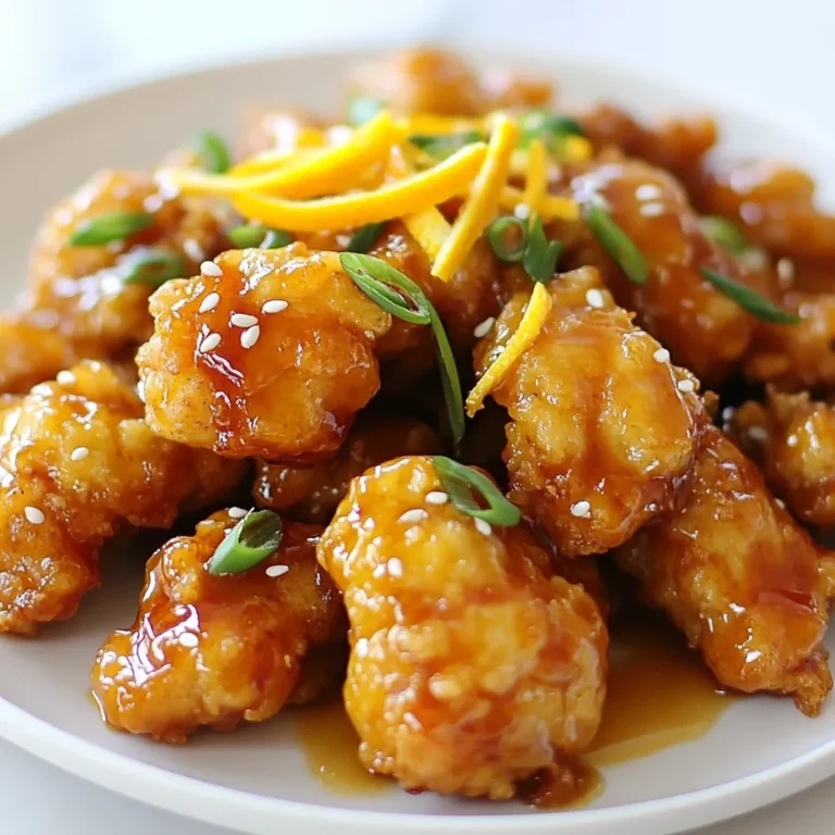 For a tasty Copycat Orange Chicken, you need these main ingredients: - 1 lb boneless, skinless chicken thighs, cut into bite-sized pieces - 1 cup cornstarch - 1 large egg, beaten - 1 tablespoon vegetable oil (for frying) - 1/2 cup orange juice (freshly squeezed is best) - Zest of 1 orange - 1/4 cup soy sauce - 1/3 cup honey - 1 tablespoon rice vinegar - 1 teaspoon grated ginger - 2 cloves garlic, minced - 1 tablespoon sesame oil - 1/4 teaspoon red pepper flakes (adjust to taste) These ingredients create a sweet and zesty dish. The chicken thighs stay juicy, while cornstarch gives a nice crunch. Fresh orange juice adds a bright flavor that balances the sweetness. Garnishes can elevate your dish. Consider these options: - Green onions, sliced - Sesame seeds Adding these garnishes gives your dish a pop of color and flavor. Green onions add freshness, while sesame seeds add a nutty crunch. If you lack some ingredients, don’t worry! Here are some simple swaps: - Chicken thighs can be replaced with chicken breast for a leaner option. - Honey can be swapped with maple syrup for a different sweetness. - Soy sauce can be replaced with tamari for a gluten-free option. These substitutions keep the essence of the dish while making it more accessible. You can still enjoy a delicious meal with what you have on hand. {{ingredient_image_1}} Start by cutting 1 pound of boneless, skinless chicken thighs into bite-sized pieces. This size helps the chicken cook evenly and gives a nice texture. In a bowl, mix 1 cup of cornstarch with a pinch of salt. Then, dip each chicken piece into a beaten egg. After this, roll it in the cornstarch until it is fully coated. Let the chicken rest for 10 minutes. This step helps the coating stick better when frying. Heat 1 tablespoon of vegetable oil in a large skillet over medium-high heat. Make sure the oil is hot before adding the chicken. Cook the coated chicken in batches. Fry each piece for about 4 to 5 minutes per side. You want them to be golden brown and crispy. After frying, place the chicken on paper towels to drain the excess oil. This keeps your chicken crispy and not greasy. In a separate bowl, mix together 1/2 cup of freshly squeezed orange juice, the zest of 1 orange, 1/4 cup of soy sauce, 1/3 cup of honey, and 1 tablespoon of rice vinegar. Add 1 teaspoon of grated ginger, 2 minced garlic cloves, and 1 tablespoon of sesame oil. For a little heat, include 1/4 teaspoon of red pepper flakes. Whisk everything until well combined. Pour the orange sauce into the same skillet used for the chicken. Heat it over medium heat and bring it to a simmer. Let it cook for about 4 to 5 minutes until it thickens slightly. Finally, add the crispy chicken back into the skillet. Toss it well to coat with the sauce. Cook for another 2 to 3 minutes until the chicken is heated through and well glazed. Enjoy your tasty creation! To get that perfect crunch, you need to coat the chicken well. Use cornstarch to cover each piece. This gives a nice texture. After dipping in the egg, roll the chicken in cornstarch. Let it sit for 10 minutes. This helps the coating stick during frying. Heat the oil until it is hot. If the oil is not hot enough, the chicken will not crisp. Fry the chicken in batches. Overcrowding the pan can steam the chicken. Aim for golden brown color on both sides. This usually takes about 4-5 minutes per side. For better flavor, use fresh ingredients. Fresh orange juice makes the sauce bright and tasty. The zest adds a nice aroma. If you want a kick, add more red pepper flakes. You can also mix in some chopped green onions into the sauce. This adds freshness and a pop of color. Try adding a splash of fish sauce for depth. It may sound strange, but it works wonders. You can also use more ginger or garlic if you love those flavors. Just remember to balance the sweetness from honey with these bold flavors. One mistake is not letting the chicken rest after coating. Skipping this step can cause the coating to fall off. Another mistake is using cold oil. Cold oil makes the chicken soggy. Always ensure your oil is hot before frying. Also, be careful with the cooking time. Overcooked chicken can become tough. Keep an eye on the color and texture. Finally, don’t rush when making the sauce. Let it simmer enough to thicken. This step is key for the best flavor. Pro Tips Choose the Right Chicken: For a juicier and more flavorful dish, opt for boneless, skinless chicken thighs instead of chicken breasts. Perfect Frying Temperature: Ensure your oil is hot enough (about 350°F) before adding the chicken to achieve a crispy coating. Thicken the Sauce: If you prefer a thicker sauce, you can add a cornstarch slurry (1 tablespoon cornstarch mixed with 2 tablespoons water) to the simmering sauce. Garnish for Flavor: Don't skip the green onions and sesame seeds; they add a wonderful crunch and enhance the dish's presentation. {{image_2}} Do you like heat? Spice up your orange chicken! Add more red pepper flakes for a kick. You can also toss in sliced jalapeños when you cook the chicken. This makes the dish zesty and fiery. Adjust the spice to your taste. Don’t worry; the sweet orange sauce balances the heat. Want to make your dish more colorful? Add vegetables! Bell peppers, broccoli, and snap peas work well. Cook them with the chicken or stir them in at the end. This adds flavor, color, and nutrition. It’s a simple way to make your meal even better. Looking for a healthier option? Try baked orange chicken! Instead of frying, place the coated chicken on a baking sheet. Spray it lightly with cooking oil. Bake at 400°F for 20-25 minutes. This gives you a crispy texture with less oil. You still get that delicious orange flavor but with fewer calories. Each of these variations keeps the core recipe but adds your personal touch. Enjoy experimenting! After you enjoy your tasty orange chicken, store leftovers in an airtight container. This keeps the chicken fresh and safe to eat. Place it in the fridge within two hours. Leftovers can stay good in the fridge for up to three days. When you are ready to eat your leftovers, reheat them properly. Use a skillet over medium heat. Add a splash of water to keep the chicken moist. Cook until it is heated all the way through. You can also use a microwave. Place the chicken in a microwave-safe dish and cover it. Heat for 1-2 minutes, stirring halfway. You can freeze orange chicken if you want to save it for later. First, let the chicken cool completely. Then, place it in a freezer-safe container or bag. Be sure to remove as much air as possible. This helps prevent freezer burn. The chicken can freeze well for up to three months. To use it, simply thaw it in the fridge overnight before reheating. Yes, you can use chicken breast instead of thighs. Chicken breast is leaner and cooks a bit faster. Cut it into bite-sized pieces just like the thighs. You may need to adjust cooking time since breast meat can dry out more quickly. Keep an eye on it while frying. For a gluten-free option, you can use tamari. Tamari is a soy sauce variant that has no wheat. It offers a similar taste and works well in this recipe. Coconut aminos is another good choice. It has a slightly sweeter flavor but will still give you a nice umami kick. To thicken the sauce, you can add a cornstarch slurry. Mix one tablespoon of cornstarch with two tablespoons of cold water. Stir it into the sauce while it's simmering. This will give it a nice, glossy finish and make it cling better to the chicken. Cook for an additional few minutes until it thickens to your liking. This article covered how to make a tasty copycat orange chicken. You learned about ingredients, steps, and common tips. With options for spices, veggies, and cooking methods, you can personalize this dish. Proper storage and reheating can keep your dish fresh. Remember, cooking is about experimenting. Use what you like and enjoy the process. With these tips, you can create a delicious meal that everyone will love. Happy cooking!