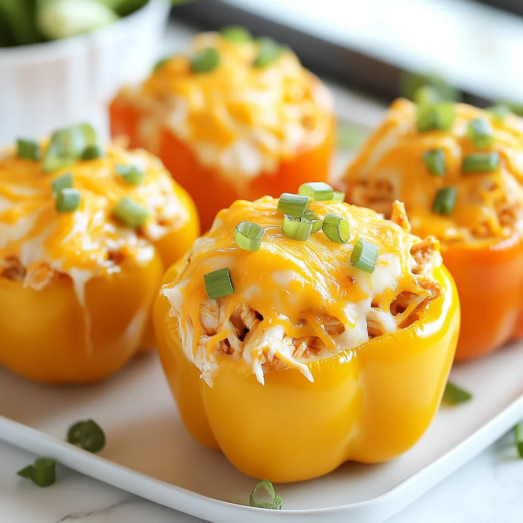 - 4 large bell peppers (any color) - 2 cups cooked chicken, shredded - 1/2 cup buffalo sauce - 1/2 cup cream cheese, softened - 1 cup shredded cheddar cheese - 1/2 cup green onions, chopped - 1/4 cup ranch dressing (optional) - Salt and pepper to taste When I make Buffalo Chicken Stuffed Peppers, I love using large, colorful bell peppers. They add a lovely look to the dish. You can choose red, yellow, or green peppers. Each has its own unique flavor and sweetness. For the filling, I use cooked chicken. Shredded chicken works best because it mixes well. You can cook chicken ahead or use rotisserie chicken for ease. Buffalo sauce adds that signature heat. I use about half a cup, but you can adjust it based on your spice level. Cream cheese makes the filling creamy and rich. It balances the heat from the buffalo sauce. Cheddar cheese is a must for topping. I use one cup, but feel free to add more if you love cheese. Green onions give a fresh crunch and bright color. They also add a nice onion flavor without being too strong. Some people love adding ranch dressing on top. It's optional but makes a great extra touch. Finally, don't forget salt and pepper to taste. This simple seasoning enhances all the flavors in your dish. {{ingredient_image_1}} 1. Preheat your oven to 375°F (190°C). This step warms the oven before baking. 2. Cut the tops off the bell peppers. Remove the seeds and membranes inside. 3. Place the peppers cut side up in a baking dish. This helps hold the filling. 1. In a large bowl, combine shredded chicken with buffalo sauce. Use enough sauce for a spicy kick. 2. Add softened cream cheese to the bowl. This makes the filling creamy. 3. Mix in half of the shredded cheddar cheese. This adds richness to the filling. 4. Stir in chopped green onions for flavor and crunch. 5. Season the mixture with salt and pepper to taste. Adjust to your liking. 1. Stuff each pepper with the buffalo chicken mixture. Pack it down gently so it holds. 2. Top each pepper with the remaining cheddar cheese. This gives a tasty, cheesy crust. 3. Cover the dish with aluminum foil. Bake for 25 minutes to cook the peppers. 4. After 25 minutes, remove the foil. Bake for an additional 10-15 minutes until cheese is bubbly and golden. 5. Once done, take them out of the oven. Let cool for a few minutes before serving. If you like, drizzle with ranch dressing for extra flavor. - How to avoid soggy peppers: To keep your peppers crisp, pre-bake them for a few minutes. You can also remove extra moisture from the insides. This way, they won’t get too soft while baking. - Using rotisserie chicken for convenience: Rotisserie chicken is a great shortcut. It saves time and adds flavor. Just shred the chicken, and you’re ready to go! - Best paired with ranch dressing or celery sticks: Ranch dressing adds a creamy touch. Celery sticks give a nice crunch. Both balance the spicy flavors of the stuffed peppers. - Plating and presentation ideas: Serve the peppers on a colorful platter. Add extra green onions on top for a pop of color. This makes the dish look fresh and inviting. - Options for low-fat cheese and sauces: You can use low-fat cheese to cut calories. For the sauce, try using a lighter buffalo sauce. These swaps keep the flavor while being a bit healthier. Pro Tips Choose the Right Peppers: Opt for large, firm bell peppers that can hold the stuffing well without collapsing during baking. Adjust the Heat: Modify the amount of buffalo sauce based on your heat preference; add more for extra spice or use a milder sauce for a gentler flavor. Mix and Match Cheeses: Experiment with different cheeses like pepper jack or mozzarella for a unique twist on flavor and texture. Prep Ahead: You can prepare the stuffed peppers in advance and store them in the fridge. Just bake them when you're ready to serve! {{image_2}} You can switch things up with different proteins in your stuffed peppers. Try using turkey instead of chicken for a lighter option. Turkey is just as tasty and packs a punch of flavor. If you want a plant-based meal, consider using tofu. Tofu absorbs flavors well, making it a great choice. Beans or lentils work well for vegetarian options. They add protein and fiber to your meal. Mix black beans or chickpeas into the filling for a satisfying bite. Lentils are also a great choice, giving you a hearty texture. To enhance flavor, add spices and herbs to the filling. For a little kick, toss in some cayenne or paprika. Fresh herbs like parsley or cilantro can brighten the dish. They add a fresh taste that balances the spicy buffalo sauce. You can also play with different types of cheese. Instead of just cheddar, try pepper jack for an extra kick. Feta cheese can add a tangy twist, while mozzarella gives a creamy texture. Mix and match cheeses to find your favorite combination! To store your stuffed peppers in the fridge, first let them cool. Once cooled, place them in an airtight container. Make sure they are sealed well to keep out air. This helps keep the flavors fresh. You can store them for 3 to 4 days. If you want to eat them later, make sure to label your container with the date. This way, you know when you made them. For the best texture when reheating, use the oven. Preheat it to 350°F (175°C). Place the peppers in a baking dish. Cover them with foil to keep moisture. Heat for about 20 to 25 minutes. You can also use the microwave for speed. Just place them on a microwave-safe plate. Heat in short bursts, about 1 to 2 minutes at a time. Check if they are warm all the way through. Freezing stuffed peppers is great for meal prep. First, let them cool completely. Wrap each pepper individually in plastic wrap. Then, place them in a freezer bag. Press out as much air as you can before sealing. You can freeze them for up to 3 months. When you want to eat them, thaw them in the fridge overnight. Then, reheat as mentioned earlier. This keeps them tasty and juicy! How long to bake stuffed peppers? You should bake stuffed peppers for about 35 to 40 minutes. First, cover them with foil for 25 minutes. Then, remove the foil and bake for an extra 10 to 15 minutes. This way, your cheese gets bubbly and golden. Can I make Buffalo Chicken Stuffed Peppers ahead of time? Yes, you can prepare the filling a day before. Just store it in the fridge. Stuff the peppers right before baking. This saves time and keeps the peppers fresh. What can I serve with Buffalo Chicken Stuffed Peppers? These stuffed peppers pair well with ranch dressing or celery sticks. You can also serve them with a light salad for a complete meal. The coolness of the ranch balances the spicy flavors. What is the calorie count per serving? Each serving has about 400 calories. This can vary based on the exact ingredients you use. If you add ranch dressing, it may increase the calorie count slightly. Are there any allergens to consider? Yes, some common allergens in this recipe include dairy and chicken. If you have lactose intolerance or a chicken allergy, be cautious. Always check the labels on sauces and dressings for hidden allergens. Can I use a different type of sauce for stuffing? Absolutely! You can use any hot sauce you like. Try a garlic sauce or a honey mustard sauce for a different twist. Just adjust the amount based on how spicy you want it. What’s a good substitute for cream cheese? If you want a dairy-free option, use cashew cream or a dairy-free cream cheese. Greek yogurt can also work for a tangy taste. Just make sure it blends well with the other ingredients. In this blog post, we explored how to make Buffalo Chicken Stuffed Peppers. We covered every step, from choosing your ingredients to baking them perfectly. You learned tips for keeping your peppers crisp and even how to store leftovers. Remember, you can easily switch up proteins and flavors to match your taste. With this easy recipe, you’ll fill your table with flavor and fun. Enjoy making and sharing these tasty stuffed peppers!