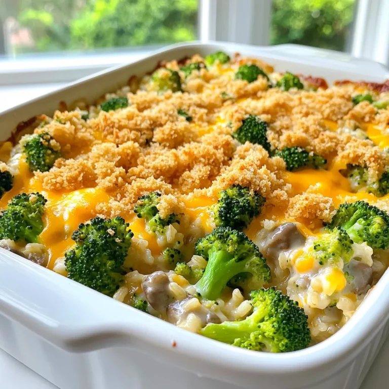 To make a tasty Cheesy Broccoli Rice Casserole, gather these key ingredients: - 1 cup uncooked long-grain white rice - 2 cups vegetable broth - 3 cups fresh broccoli florets, blanched - 1 cup shredded cheddar cheese - 1 cup cream of mushroom soup - 1/2 cup sour cream - 1 small onion, finely chopped - 2 cloves garlic, minced - 1 teaspoon onion powder - 1 teaspoon garlic powder - 1/2 teaspoon black pepper - 1/4 teaspoon salt - 1/2 cup breadcrumbs (optional for topping) - 2 tablespoons olive oil Each ingredient plays a big role. The rice is the base, soaking up all the flavors. Broccoli adds a fresh crunch and bright color. Cheddar cheese makes it cheesy and creamy. Cream of mushroom soup brings richness. Sour cream adds a tangy twist. Onion and garlic give depth. Spices enhance the taste, making each bite special. Use breadcrumbs if you want a crispy topping. This mix makes for a great dish that everyone will love! - Preheat your oven to 350°F (175°C). - Blanch the broccoli florets in boiling water for two minutes. This keeps them bright and crisp. - In a medium pot, combine 1 cup of uncooked long-grain white rice with 2 cups of vegetable broth. - Bring to a boil, then cover and reduce the heat. Let it simmer for 18-20 minutes, until the rice absorbs all the broth. - Heat 2 tablespoons of olive oil in a skillet over medium heat. - Add 1 small chopped onion and 2 minced garlic cloves. Sauté for 3-4 minutes until the onion is clear. - In a large bowl, mix the cooked rice, 3 cups of blanched broccoli, sautéed onion and garlic, 1 cup of shredded cheddar cheese, 1 cup of cream of mushroom soup, and ½ cup of sour cream. - Add 1 teaspoon of onion powder, 1 teaspoon of garlic powder, ½ teaspoon of black pepper, and ¼ teaspoon of salt. Stir until everything is well combined. - Transfer the mixture to a greased 9x13 inch baking dish. Spread it evenly. - If you want a crunchy topping, sprinkle ½ cup of breadcrumbs over the top. - Bake in your preheated oven for 25-30 minutes, or until the casserole bubbles and the top turns golden brown. - Let the casserole cool for 5-10 minutes before serving. This helps it set. - Serve hot. For a nice touch, garnish with more cheese or some chopped parsley. Enjoy your Cheesy Broccoli Rice Casserole! - Best type of rice to use: Long-grain white rice works best. It cooks evenly and stays fluffy. - How to avoid mushy rice: Use the right amount of broth. Follow the cooking time closely. Let the rice rest before mixing it with other ingredients. - Alternative cheeses: You can use Monterey Jack or Gouda for a different flavor. Both melt well and add creaminess. - Cream of mushroom soup options: If you want a lighter option, use cream of celery soup. You can also make your own using fresh mushrooms. - Getting a crispy breadcrumb topping: Mix breadcrumbs with olive oil before adding them. This helps them brown nicely in the oven. - Adjusting seasoning for personal taste: Taste your mixture before baking. Add more salt or pepper as needed to suit your flavor. {{image_2}} You can easily adapt this Cheesy Broccoli Rice Casserole for different diets. For vegetarian or vegan options, skip the cream of mushroom soup and sour cream. Use a vegan cheese blend instead of cheddar. You can also try coconut milk for creaminess. This keeps the dish rich and tasty without dairy. If you need a gluten-free option, use gluten-free breadcrumbs. Check your cream of mushroom soup to ensure it is gluten-free. You can also make your own soup using gluten-free ingredients. These changes keep the dish delicious for everyone. Want to add protein? You can mix in cooked chicken or turkey. Shred the meat and stir it into the casserole. This gives your meal a healthy boost and makes it more filling. If you prefer plant-based protein, add beans. Canned black beans or chickpeas are great choices. Rinse them first and then fold them into the mixture. This adds texture and flavor while keeping the dish hearty. To enhance flavor, think about mixing in spices or herbs. A dash of cayenne pepper can add heat. Fresh herbs like thyme or parsley can brighten the dish. Try adding garlic powder or onion powder for an extra kick. You can also add different vegetables. Carrots, bell peppers, or spinach work well. Just chop them up and mix them in with the other ingredients. These additions make your casserole colorful and packed with nutrients. To store leftovers, let the casserole cool down at room temperature. Once it cools, place it in an airtight container. This keeps the flavors fresh. You can store it in the fridge for about 3 to 4 days. If you want to enjoy it later, use a clean spoon to scoop out servings. This helps avoid germs. For longer storage, freezing works great. Cut the casserole into portions before freezing. Wrap each piece in plastic wrap and then in aluminum foil. This helps prevent freezer burn. Cheesy Broccoli Rice Casserole can last for up to 3 months in the freezer. When ready to eat, thaw it overnight in the fridge. Reheat in the oven at 350°F (175°C) until it’s hot all the way through. You can also microwave it for a quicker option. Just cover it to keep moisture in. Enjoy your tasty dish again! Can I make this casserole ahead of time? Yes, you can prepare this casserole a day in advance. Just mix all the ingredients and store them in the fridge. When ready, bake it as directed. This saves time and makes dinner easy. Is it possible to make it without cheese? Yes, you can skip the cheese. Use more cream of mushroom soup or add a vegan cheese alternative. The casserole will still taste good, but the cheese adds creaminess and flavor. Caloric content per serving Each serving of Cheesy Broccoli Rice Casserole has about 350 calories. This can vary based on the specific brands and amounts of ingredients used. Nutritional benefits of each ingredient - Broccoli: Rich in vitamins C and K, boosts immunity. - Rice: Provides energy and is a good source of carbs. - Cheddar Cheese: Offers calcium for strong bones. - Sour Cream: Adds creaminess and contains some calcium. - Onion and Garlic: Full of antioxidants, they can help fight illness. Why is my casserole too dry? If your casserole turns out dry, it may need more liquid. Try adding extra cream of mushroom soup or some vegetable broth before baking. This keeps it moist. What to do if it’s too runny? If your casserole is too runny, you can add more breadcrumbs on top. They help soak up extra moisture. You can also bake it a bit longer to help thicken it up. You learned how to make a tasty cheesy broccoli rice casserole. We covered each step, from gathering ingredients to serving suggestions. Remember to adjust flavors and try different toppings to make it yours. This dish is simple and can fit many diets. Whether you store it or freeze it, it stays delicious. Enjoy your cooking and share it with loved ones! You now have the tools to create a great meal.