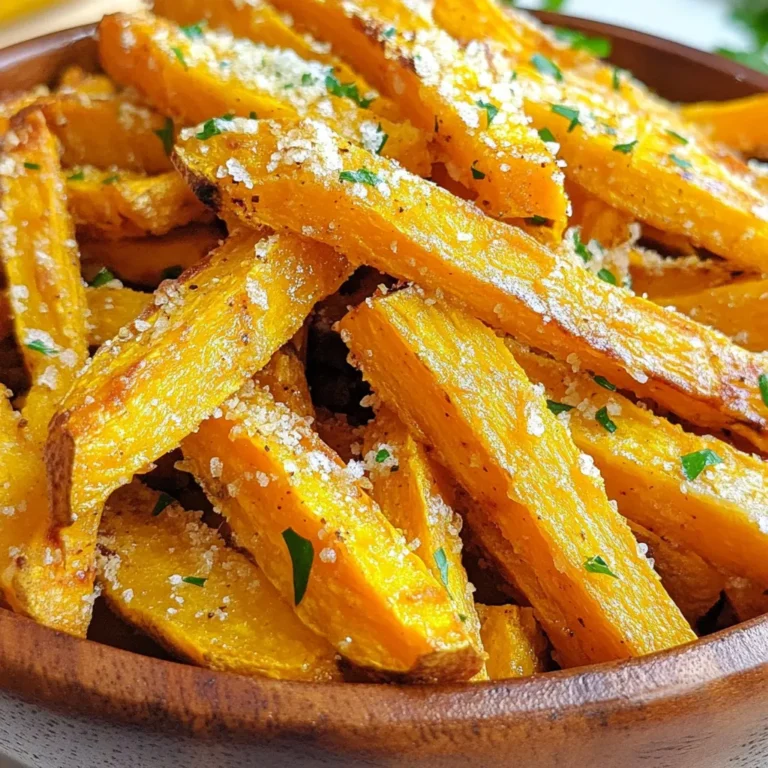 - 2 large sweet potatoes, cut into 1/4 inch thick fries - 3 tablespoons olive oil - 3 cloves garlic, minced - 1/2 cup grated Parmesan cheese - 1 teaspoon smoked paprika - Salt and pepper to taste Sweet potatoes are the star of this dish. They offer a sweet, creamy taste. Olive oil helps the fries get crispy. Minced garlic makes everything better with its rich flavor. Grated Parmesan adds a salty kick. Smoked paprika gives a nice warmth. Salt and pepper add the final touch. - 1/2 teaspoon cayenne pepper (optional, for heat) - Fresh parsley, chopped (for garnish) You can add cayenne pepper if you like heat. Fresh parsley brightens up the dish and adds color. - Garlic aioli - Ranch dressing Pair your fries with garlic aioli or ranch dressing. Both sauces complement the flavors well. Enjoy dipping your crispy fries! {{ingredient_image_1}} 1. Preheat your oven to 425°F (220°C). This step is key for crispy fries. 2. Line a baking sheet with parchment paper. It helps with easy cleanup and prevents sticking. 3. Cut the sweet potatoes into 1/4 inch thick fries. Try to keep them even for cooking. 1. In a large bowl, combine the sweet potato fries with 3 tablespoons of olive oil. Toss them well to coat. 2. Add 3 minced garlic cloves, 1 teaspoon of smoked paprika, and salt and pepper to taste. Toss again to mix the flavors. 3. Spread the fries in a single layer on the baking sheet. Make sure they don’t overlap. This helps them get crispy. 4. Bake in the oven for 25-30 minutes. Flip the fries halfway through cooking for even crispiness. 1. Once the fries are golden and crispy, take them out of the oven. 2. Immediately sprinkle 1/2 cup of grated Parmesan cheese on top. The heat will melt it slightly, adding great flavor. 3. Garnish with freshly chopped parsley before serving. This adds a nice pop of color and freshness. To ensure your fries stay crispy, follow a few key steps. First, cut the sweet potatoes into even 1/4 inch thick pieces. This helps them cook uniformly. Next, toss the fries in olive oil well. This oil creates a barrier to moisture. When placing your fries on the baking sheet, make sure they lay in one layer. Overlapping fries can cause them to steam instead of bake. This will ruin their crispiness. Flip them halfway through baking to ensure both sides get golden brown. Want to boost the taste? Adding herbs and spices can elevate your fries. Try mixing in some dried oregano or thyme. These herbs add a fresh taste. You can also adjust the spice level. If you like heat, add more cayenne pepper. Mix-ins can also create fun variations. Consider adding a sprinkle of chili powder for a smoky twist. You can even toss in some grated cheese like cheddar for a different flavor profile. Presentation matters! Serve your fries in a rustic wooden bowl or a parchment-lined basket. This gives a cozy feel. Don’t forget to add a small bowl of your favorite dipping sauce. Garlic aioli or ranch dressing pair wonderfully with these fries. For beverages, I recommend serving them with a crisp soda or a light beer. These drinks balance the rich flavors of the fries. Enjoy your crispy garlic Parmesan sweet potato fries! Pro Tips Choose the Right Sweet Potatoes: Opt for firm and unblemished sweet potatoes for the best texture and flavor. Organic varieties often have a richer taste. Cut Evenly: Ensure all fries are cut to the same thickness to promote even cooking and crispiness. A mandoline slicer can help achieve uniformity. Don’t Overcrowd the Pan: Spread the fries in a single layer on the baking sheet. Overcrowding can lead to steaming instead of baking, resulting in soggy fries. Season Generously: Don’t be shy with the seasoning! Adjust spices and cheese according to your taste, and remember to season after baking for added flavor. {{image_2}} You can change the flavor of your fries easily. Try different types of cheese. Cheddar or feta add a new taste. You can also mix in spices. Try garlic powder, onion powder, or even Italian herbs. Each change gives your fries a unique twist. If you want to switch things up, use other root veggies. Carrots and parsnips work well. They have a similar texture and taste. You can even use zucchini or butternut squash for a lighter option. These choices can add more nutrients to your meal. These fries can be a fun main dish, too. Top them with chili or cheese for a hearty meal. You can also add them to salads for extra crunch. If you have leftovers, don’t toss them! Use them in a breakfast hash or mix them into a wrap. They add a delicious boost to any dish. To keep your fries fresh, put them in an airtight container. This method helps preserve their taste and texture. You can store them in the fridge for up to three days. If you want them to last longer, consider freezing them. To regain that crispy texture, use an oven to reheat the fries. Preheat your oven to 400°F (200°C). Spread the fries out on a baking sheet. Bake for about 10-15 minutes. This method helps avoid sogginess. You can also use an air fryer for a quicker option. Just heat them at 375°F (190°C) for about 5-7 minutes. To freeze sweet potato fries, let them cool completely after cooking. Spread them in a single layer on a baking sheet and freeze for a few hours. Once frozen, transfer them to a freezer bag. This helps prevent clumping. You can cook frozen fries without thawing. Just add an extra few minutes to your baking time. Enjoy crispy fries straight from the freezer! Yes, you can make these fries ahead of time. Cooked fries stay good in the fridge for up to three days. To store them, place the fries in an airtight container. When you are ready to eat, reheat them in the oven. Set the oven to 400°F (200°C) for about 10-15 minutes. This method helps keep them crispy. To achieve crispy fries, follow these tips: - Cut the sweet potatoes evenly. Thinner fries cook better. - Soak the cut fries in cold water for 30 minutes. This step removes excess starch. - Dry the fries well before tossing them in oil. - Ensure the fries are spread out in a single layer on the baking sheet. Avoid overcrowding. - Flip the fries halfway through baking for even crisping. Sweet potato fries pair well with many sauces. Here are some popular options: - Garlic aioli brings a creamy garlic flavor. - Ranch dressing adds a cool and tangy taste. - Spicy ketchup gives a kick to your bites. - Honey mustard offers a sweet and zesty alternative. Yes, you can customize the spice level easily. For a milder flavor, skip the cayenne pepper. If you like heat, increase the cayenne pepper to one teaspoon. You can also add other spices, like chili powder or black pepper, to suit your taste. In this article, we explored making Garlic Parmesan Sweet Potato Fries. We covered the main ingredients like sweet potatoes, olive oil, and spices. You learned preparation and cooking steps for crispy fries and helpful tips for serving and storing. Experiment with variations to keep things exciting. Don't hesitate to use different cheeses or add spices. Enjoy your tasty creation with delicious dipping sauces. Now, you're ready to impress your friends and family with your new skills!