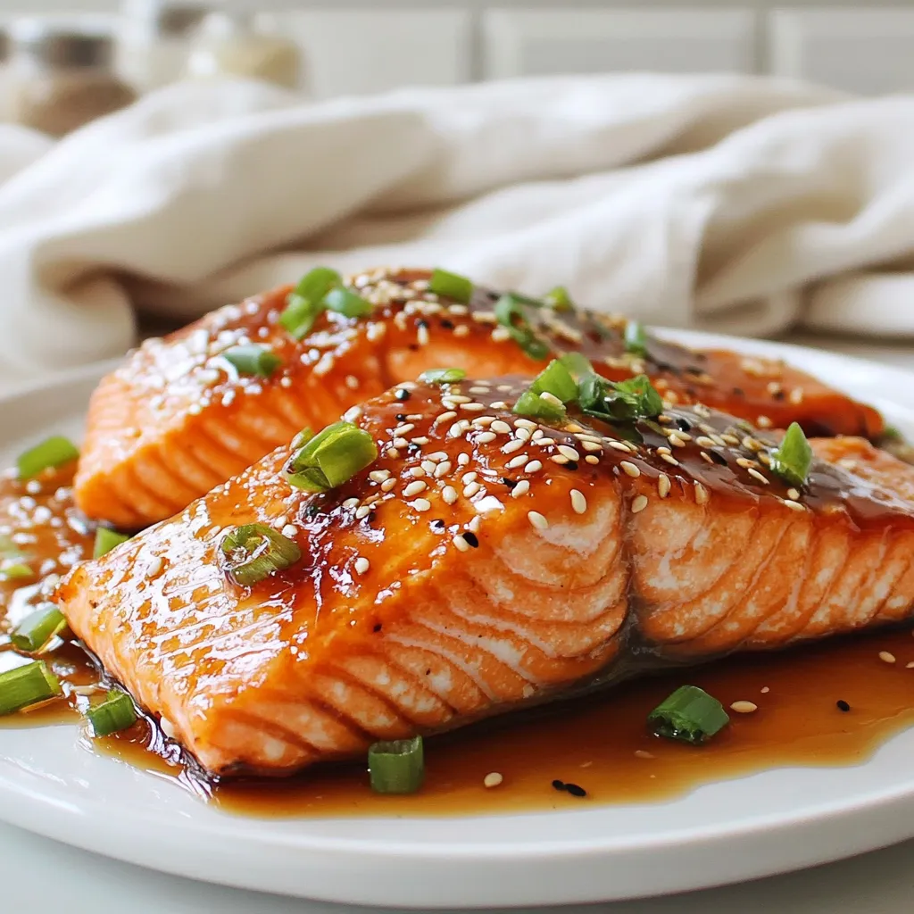 To make honey soy glazed salmon, gather these items: - 4 salmon fillets (about 6 oz each) - 1/4 cup soy sauce (low sodium) - 1/4 cup honey - 2 garlic cloves, minced - 1 teaspoon fresh ginger, grated - 1 tablespoon rice vinegar - 1 tablespoon sesame oil - 1/4 teaspoon black pepper - 2 green onions, finely chopped (for garnish) - Sesame seeds (for garnish) You can swap ingredients for different flavors. Use maple syrup instead of honey for a vegan option. If you don’t have soy sauce, try tamari or coconut aminos. For garlic, garlic powder works in a pinch. Fresh ginger can be replaced with ground ginger, but use less. Rice vinegar can be swapped for apple cider vinegar or white vinegar. If you don’t have sesame oil, olive oil will do, but it changes the flavor a bit. Selecting the best salmon is key. Look for bright, shiny skin and firm flesh. The color should be vibrant, ranging from deep orange to pink. Avoid fillets with a grayish tint or brown spots. Fresh salmon smells clean, like the sea. If buying frozen, check for ice crystals, which may indicate thawing and refreezing. Buy from a trusted source to ensure freshness and sustainability. {{ingredient_image_1}} To make the marinade, start with a medium bowl. Add 1/4 cup of low-sodium soy sauce. Then, pour in 1/4 cup of honey. Next, add 2 minced garlic cloves and 1 teaspoon of grated fresh ginger. To finish, mix in 1 tablespoon of rice vinegar, 1 tablespoon of sesame oil, and 1/4 teaspoon of black pepper. Whisk everything until it’s well combined. This sweet and savory mix will bring great flavor to your salmon. Take your salmon fillets and place them in a shallow dish or a resealable plastic bag. Pour your marinade over the fillets, making sure they are well coated. Cover the dish or seal the bag and let it marinate in the refrigerator. For best results, marinate for at least 30 minutes. If you want a stronger flavor, you can let it sit for up to 2 hours. You can cook the salmon using either a grill or a skillet. If grilling, preheat your grill over medium-high heat. If using a skillet, heat a non-stick skillet on medium-high and add a little oil to prevent sticking. Remove the salmon from the marinade, but keep the marinade for later. For grilling, place the salmon skin-side down and cook for about 4-5 minutes. Carefully flip the fillets and brush the reserved marinade over the top. Cook for another 3-4 minutes, or until the salmon flakes easily with a fork. If using a skillet, follow the same cooking times. Always adjust the time based on the thickness of the fillets. Once the salmon is done, let it rest for a couple of minutes before serving. Enjoy your honey soy glazed salmon drizzled with any remaining marinade, garnished with chopped green onions and sesame seeds. To get that shiny, tasty glaze, make sure to reserve some marinade. Brush it on the salmon while it cooks. This adds flavor and helps the glaze stick. For a thicker glaze, simmer the marinade in a small pot for about five minutes before using it. This boosts the flavor and makes it stick better. Cooking time can change based on the thickness of your salmon. A 1-inch thick fillet cooks in about 8-9 minutes total. For thinner fillets, check them after 5-6 minutes. Always look for the salmon to flake easily with a fork. If you like your salmon a bit less cooked, aim for a slightly shorter cooking time. After cooking, let the salmon rest for two minutes. This helps keep it juicy. Serve the salmon on a plate, drizzled with remaining marinade. Garnish with green onions and sesame seeds for a fresh look. You can also add a side of rice or veggies for a full meal. Enjoy your delicious honey soy glazed salmon! Pro Tips Marinate Longer for Depth of Flavor: For the best flavor, allow the salmon to marinate for up to 2 hours. This helps the flavors penetrate the fish more deeply. Use Skin-On Fillets: Cooking the salmon with the skin on helps to keep it moist and adds extra flavor. Plus, the skin can be crispy and delicious! Monitor Cooking Time: Salmon cooks quickly, and cooking times can vary based on thickness. Use a fork to check for doneness; it should flake easily when done. Garnish for Presentation: Don’t skip the green onions and sesame seeds! They add a fresh crunch and visual appeal to your finished dish. {{image_2}} You can add a bright twist to the honey soy glazed salmon. Use citrus juice and zest to enhance the flavor. Try orange, lemon, or lime. Just mix a tablespoon of juice into the marinade. The citrus adds a fresh taste that balances the sweetness of the honey. If you're feeling adventurous, switch up the marinade! Try teriyaki sauce for a different flavor. You could also mix in some sriracha for heat. For a tropical touch, use pineapple juice instead of honey. Each option gives the salmon a new flair. Experiment with your favorite flavors! Pairing sides with honey soy glazed salmon can elevate your meal. Serve it with rice or quinoa for a hearty base. Steamed broccoli or snap peas add a nice crunch. You can also try a fresh salad with a light dressing. This balance of flavors makes every bite delightful! After enjoying your honey soy glazed salmon, you might have some leftovers. To store them, place the salmon in an airtight container. This keeps the flavors fresh. Make sure to let the salmon cool to room temperature first. You can store it in the fridge for up to three days. If you have leftover glaze, store that separately in a small jar. When you're ready to enjoy your leftovers, reheating is simple. Preheat your oven to 350°F (175°C). Place the salmon fillets on a baking sheet. Cover them with foil to keep moisture in. Heat for about 10-15 minutes, or until warm. You can also reheat salmon in a skillet over low heat. Just add a splash of water to keep it moist. If you want to store salmon for longer, freezing is a great option. Wrap each fillet in plastic wrap, then place them in a freezer bag. This helps prevent freezer burn. You can freeze the salmon for up to three months. To thaw, move the salmon from the freezer to the fridge overnight. This keeps the texture and flavor intact. You should marinate salmon for at least 30 minutes. This allows the flavors to soak in. For a richer taste, you can marinate it for up to 2 hours. Just don’t go longer or the fish may get too salty. Yes, you can use frozen salmon. Just make sure to thaw it first. You can thaw it in the fridge overnight or under cold running water. Once thawed, pat it dry before marinating. This helps the marinade stick better. Honey soy glazed salmon pairs well with many sides. Here are some great options: - Steamed rice - Quinoa - Roasted broccoli - Grilled asparagus - Mixed green salad These sides balance the rich flavors of the salmon. They also add color and texture to your plate. Enjoy your meal! In this blog post, we explored how to create tasty honey soy glazed salmon. We covered ingredients and substitutions, plus tips for choosing fresh salmon. I shared step-by-step instructions for marinating and cooking the salmon using different methods. We also discussed tips for the perfect glaze and serving ideas. Remember, you can experiment with variations and store leftovers for later meals. Whether grilling or skillet cooking, you’ll enjoy a flavorful dish that's easy to make. Enjoy your cooking!