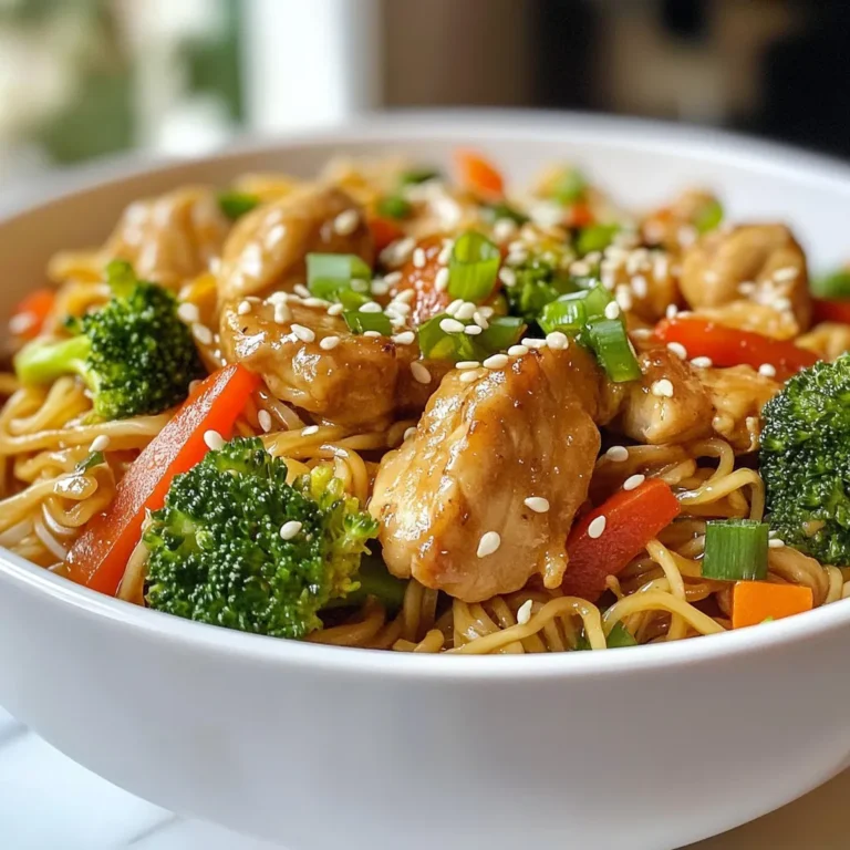 - 8 oz rice noodles - 1 lb boneless chicken thighs, sliced - 2 tablespoons sesame oil - 1 tablespoon soy sauce - 1 cup broccoli florets - 1 cup carrots, julienned - 1 red bell pepper, sliced - 3 green onions, chopped - 1/2 cup creamy peanut butter - 2 tablespoons honey - 1 tablespoon rice vinegar - 1 teaspoon grated ginger - 2 cloves garlic, minced - Salt and pepper to taste - Sesame seeds for garnish To make Sesame Peanut Chicken Noodles, you need fresh and bright ingredients. First, grab 8 oz of rice noodles. They will be the base for your dish. Next, choose 1 lb of boneless chicken thighs. These thighs add rich flavor and juicy texture. For cooking, you'll need 2 tablespoons of sesame oil. This oil gives a nice nutty taste. Add 1 tablespoon of soy sauce for a touch of umami. To make it colorful and healthy, use 1 cup of broccoli florets, 1 cup of julienned carrots, and 1 sliced red bell pepper. For the sauce, gather 1/2 cup of creamy peanut butter. This will bring creaminess and depth. Sweeten it with 2 tablespoons of honey. Add 1 tablespoon of rice vinegar for a tangy kick. Then, mix in 1 teaspoon of grated ginger and 2 cloves of minced garlic for more flavor. Don’t forget to season with salt and pepper to taste. Lastly, sprinkle sesame seeds on top for a fun crunch. With these ingredients, you’ll create a dish that's both tasty and satisfying. {{ingredient_image_1}} - Bring a large pot of salted water to a boil. - Cook the rice noodles as per package instructions, about 5-7 minutes. - Drain the noodles and set them aside. - Heat 2 tablespoons of sesame oil in a skillet over medium-high heat. - Season the sliced chicken thighs with salt and pepper, then add them to the pan. - Cook the chicken for 5-7 minutes until it turns golden brown and is fully cooked. - Set the chicken aside once cooked. - In the same skillet, add 1 cup of broccoli florets, 1 cup of julienned carrots, and 1 sliced red bell pepper. - Stir-fry the vegetables for 4-5 minutes until they are slightly tender but still crisp. - In a bowl, whisk together 1/2 cup of creamy peanut butter, 1 tablespoon of soy sauce, 2 tablespoons of honey, 1 tablespoon of rice vinegar, 1 teaspoon of grated ginger, and 2 minced garlic cloves until smooth. - Add the cooked chicken and drained noodles to the skillet with the stir-fried vegetables. - Pour the peanut sauce over everything and toss gently to coat. - Stir in 3 chopped green onions for freshness. - Garnish with sesame seeds for added crunch and flavor. Timing is key for the noodles and chicken. Cook the rice noodles for about 5-7 minutes. Check the package for exact times. This makes sure they stay tender and not mushy. For the chicken, sauté it until golden brown. This should take around 5-7 minutes. Always cook chicken through to avoid any raw spots. When it comes to vegetables, don’t overcook them. Stir-fry the broccoli, carrots, and red bell pepper for only 4-5 minutes. You want them tender but still crisp. This adds great texture and color to your dish. Want to amp up the flavor? Consider adding spices like crushed red pepper or a dash of sesame seeds. These will give a nice kick without overpowering the dish. If you’re out of peanut butter, try almond or cashew butter. They work well too and add a different taste. You can also use sunflower seed butter for a nut-free option. For side dishes, serve your noodles with a simple salad. A mix of greens with a light dressing pairs well. You can also add steamed dumplings for a fun touch. Garnish your dish with extra green onions and sesame seeds. This adds great crunch and looks nice. You can even sprinkle some chopped peanuts for extra flavor. Pro Tips Use fresh ingredients: Fresh vegetables will enhance the flavor and texture of your dish. Look for vibrant, crisp produce for the best results. Adjust the spice level: If you like a bit of heat, consider adding some crushed red pepper flakes or Sriracha to the peanut sauce for an extra kick. Make it a meal prep: This dish stores well in the fridge and can be reheated for quick lunches or dinners throughout the week. Just keep the sauce separate until ready to serve. Garnish creatively: Experiment with different garnishes like chopped cilantro, lime wedges, or chopped peanuts to add layers of flavor and texture to your noodles. {{image_2}} You can swap chicken for tofu. Firm tofu works best. Cut it into cubes. Sauté the tofu until golden. It adds a nice texture. You can also add more veggies. Try snap peas or bell peppers for crunch. Spinach adds a fresh touch. These veggies cook fast, so add them last. This keeps them bright and crisp. If you need a gluten-free meal, use tamari. Tamari is a gluten-free soy sauce. It's rich and tasty, just like soy sauce. For the noodles, rice noodles are already gluten-free. You can also use zucchini noodles. They are light and healthy. Just spiralize the zucchini and toss it in. Want some heat? Add chili paste or chili flakes. Mix them into the sauce for a kick. You may want to cut back on honey. This balances the spicy and sweet flavors. Adjust to your taste. You can always add more heat later! - Use airtight containers to store leftovers. - Glass or plastic containers work well. - Let the dish cool before sealing. - Store in the fridge for up to three days. - Reheat in a skillet over medium heat. - Add a splash of water to keep it moist. - Stir frequently to avoid sticking. - You can also use a microwave. - Cover the dish to keep moisture in while reheating. - Freeze in portions for easy meals later. - Use freezer-safe containers or bags. - Remove as much air as possible before sealing. - To thaw, place in the fridge overnight. - Reheat in a skillet for the best taste. You can prepare this dish ahead of time for quick meals. Start by cooking the rice noodles and chicken. Store them separately in airtight containers. You can also chop the vegetables in advance. Keep the peanut sauce in a jar in the fridge. When you’re ready to eat, simply combine everything in a skillet. Heat it up, and enjoy! Yes, you can swap rice noodles for other types. Try using whole wheat spaghetti or udon noodles. If you want a gluten-free option, use rice or soba noodles. Each noodle type brings a different texture but still tastes great with the sauce. Store your homemade peanut sauce in a clean, airtight container. Keep it in the fridge for up to one week. If you want to keep it longer, consider freezing it. Pour the sauce into ice cube trays, freeze, then transfer to a freezer bag. This way, you can thaw just what you need. To add heat, mix in chili paste or crushed red pepper flakes. Start with a small amount, then taste and adjust. You can also add sliced fresh chili peppers. Another option is to sprinkle some sriracha on top before serving for a nice kick. This recipe for Sesame Peanut Chicken Noodles blends flavors and textures. You learned how to cook rice noodles and sauté chicken. Stir-frying veggies adds crunch, while a rich peanut sauce ties it all together. Remember to adjust spice levels to your taste. You can swap ingredients for more options like tofu or gluten-free noodles. Whether for a weeknight meal or planning ahead, this dish offers versatility and ease. Enjoy your cooking journey, and create a dish that brings everyone together!