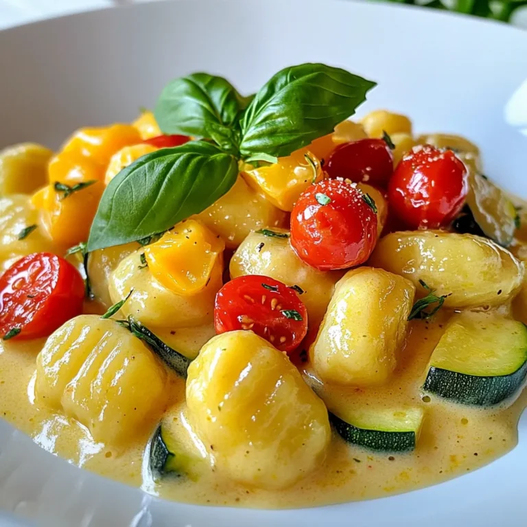 - 1 pound potato gnocchi - 2 tablespoons olive oil - 1 small onion, diced - 3 cloves garlic, minced - 1 red bell pepper, diced - 1 zucchini, diced - 1 cup cherry tomatoes, halved - 2 cups fresh spinach - 1 cup heavy cream - 1/2 cup grated Parmesan cheese - 1 teaspoon dried Italian herbs (oregano, basil, thyme) - Salt and pepper to taste - Fresh basil leaves for garnish This dish shines with its simple yet fresh ingredients. Gnocchi forms the base. It’s soft, pillowy, and perfect for soaking up the creamy sauce. The fresh vegetables bring a burst of color and flavor. Onions and garlic provide a savory depth. Bell pepper and zucchini add crunch and sweetness. Cherry tomatoes give a juicy pop, while spinach adds a lovely green hue. The creamy sauce combines heavy cream and Parmesan. It makes the dish rich and comforting. The dried Italian herbs enhance the flavor with a touch of warmth. - Alternative cheeses or cream substitutes - Additional spices or herbs Feel free to switch things around! You can try different cheeses like mozzarella or feta. If you want a lighter sauce, use a cream substitute like almond milk. Adding spices like crushed red pepper can give it a nice kick. Fresh herbs like thyme or parsley also work wonders. - Large pot for boiling - Skillet for sautéing - Measuring cups and spoons You’ll need a large pot to boil the gnocchi. A skillet is perfect for sautéing the veggies and making the sauce. Don’t forget measuring cups and spoons to keep everything precise. This makes your cooking easier and more fun! {{ingredient_image_1}} Start by boiling a large pot of salted water. Once it bubbles, add 1 pound of potato gnocchi. Cook until the gnocchi floats to the surface, which takes about 2-3 minutes. This tells you they are done. Carefully drain the gnocchi and set them aside for later. In a large skillet, heat 2 tablespoons of olive oil over medium heat. Add 1 small diced onion. Cook until the onion turns translucent, which should take around 3-4 minutes. Next, stir in 3 minced cloves of garlic and 1 diced red bell pepper. Let them cook for another 2-3 minutes. You want the bell pepper to soften, adding great flavor. Now it’s time to add more veggies. Toss in 1 diced zucchini and 1 cup of halved cherry tomatoes. Sauté these for about 4-5 minutes until they are tender. Then, add 2 cups of fresh spinach. Cook until the spinach wilts down. Pour in 1 cup of heavy cream. Stir to mix everything well and bring it to a gentle simmer. Next, gradually mix in 1/2 cup of grated Parmesan cheese and 1 teaspoon of dried Italian herbs. This includes oregano, basil, and thyme. Stir until the cheese melts and the sauce becomes creamy. Season with salt and pepper according to your taste. Finally, gently fold the cooked gnocchi into the sauce. Stir until they are well coated. Let everything heat through for 1-2 minutes, and then you’re ready to serve! Cooking gnocchi in salted water is vital. The salt enhances the flavor. Use a large pot for boiling. Bring the water to a rolling boil before adding the gnocchi. When they float to the top, they are done. This usually takes about 2-3 minutes. Gently drain the gnocchi and set them aside. To get the right creaminess, use heavy cream. Heat the cream gently to avoid curdling. Stir it well with the vegetables. If the sauce needs more flavor, add salt and pepper. Taste as you go to find the right balance. Pair this dish with crusty bread for a great meal. A simple green salad also works well. For garnishing, sprinkle fresh basil on top. This adds color and flavor. Serve it in a nice bowl to impress your guests. Pro Tips Use Fresh Ingredients: Opt for seasonal vegetables and fresh spinach for the best flavor and nutrition. Customize Your Gnocchi: Try using different types of gnocchi, such as cauliflower or whole wheat, for a unique twist on this dish. Adjust the Creaminess: If you prefer a lighter dish, substitute half of the heavy cream with vegetable or chicken broth. Perfectly Seasoned: Always taste and adjust seasoning at the end, as the saltiness of the cheese can vary. {{image_2}} You can switch up the vegetables based on what’s fresh. Try using asparagus in spring or pumpkin in the fall. This gives the dish a new twist with every season. If you want a vegan version, replace heavy cream with coconut cream or any dairy-free cream. You can also use vegan cheese to keep it creamy and delicious. Want to add more protein? You can toss in cooked chicken or shrimp. If you prefer a plant-based option, black beans or chickpeas work well too. Just remember to adjust the cooking time. Chicken should cook through, while shrimp only needs 2-3 minutes. Beans can be added straight from the can. If you need gluten-free gnocchi, many brands offer this option. Look for ones made from potato or rice flour. For thickening the sauce, use cornstarch mixed with water instead of flour. It keeps the sauce smooth and creamy without gluten. To keep leftover gnocchi fresh, store it in an airtight container. This helps prevent moisture loss and keeps the flavors intact. I recommend using glass containers, as they do not retain odors and are easy to clean. Make sure to let the dish cool before sealing it. For best quality, use leftovers within three days. When reheating gnocchi, I suggest using a skillet. Heat a small amount of olive oil over medium heat. Add the gnocchi and stir gently to avoid sticking. Heat until warmed through, about 5-7 minutes. You can also add a splash of cream to keep it creamy. Avoid microwaving, as it can make the gnocchi chewy. To freeze gnocchi dishes, portion them in freezer-safe bags. Remove as much air as possible to prevent freezer burn. Label the bags with the date. For best results, use within three months. To defrost, place the gnocchi in the fridge overnight. Reheat in a skillet for the best texture. If you freeze it raw, cook from frozen in boiling water until it floats. Making creamy Tuscan vegetable gnocchi takes about 30 minutes. You need 15 minutes for prep and another 15 minutes for cooking. This quick time makes it great for a weeknight meal. Yes, you can use frozen gnocchi. Just cook it straight from the freezer. Frozen gnocchi may take a little longer to cook than fresh. Follow the package instructions for the best results. You can use half-and-half or coconut cream instead of heavy cream. This makes the dish lighter or dairy-free. Silken tofu blended with a bit of water is another great option. Yes, this recipe is perfect for meal prep. You can cook the gnocchi and sauce ahead of time. Store them separately in the fridge for quick meals later in the week. You can make this dish ahead of time. Cook the gnocchi and sauce, then let them cool. Store in an airtight container in the fridge. Just reheat gently when you are ready to serve. This blog post covered a creamy Tuscan vegetable gnocchi recipe. You learned about the key ingredients, cooking steps, and helpful tips. I shared options for variations and storage advice. Making this dish is easy and allows for personal touches. Incorporating fresh veggies or proteins makes it special. Enjoy experimenting with flavors, and don’t forget to store leftovers properly. Now, you’re ready to impress friends and family with your cooking skills!