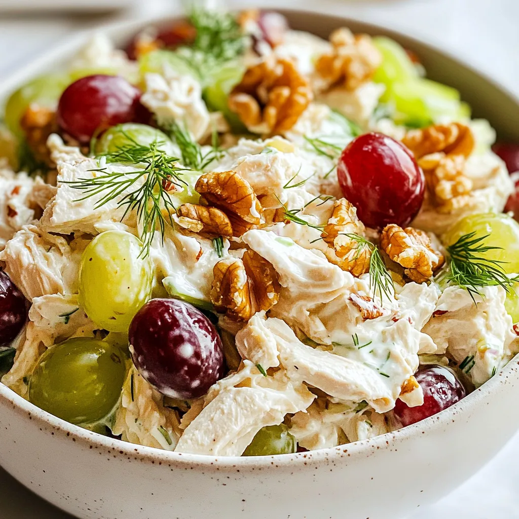 To make a tasty Greek yogurt chicken salad, gather these ingredients: - 2 cups cooked chicken, shredded - 1 cup plain Greek yogurt - 1/4 cup mayonnaise - 1/2 cup celery, finely chopped - 1/2 cup red grapes, halved - 1/4 cup walnuts, chopped - 1/4 cup green onions, sliced - 1 tablespoon Dijon mustard - 1 tablespoon lemon juice - Salt and pepper to taste - Fresh dill for garnish (optional) These ingredients blend well to create a creamy and flavorful salad. The shredded chicken gives protein and texture. Greek yogurt adds creaminess and tang. Mayonnaise brings richness, while celery adds crunch. Red grapes offer sweetness, and walnuts add a nutty flavor. Green onions give a mild bite. Dijon mustard and lemon juice brighten the dish. Finally, season with salt and pepper for balance. Fresh dill can add a nice touch, if you like. Make sure to use fresh ingredients for the best taste. Gather everything before you start cooking. This way, you can enjoy the process and create a meal everyone will love. {{ingredient_image_1}} To start, gather all your ingredients. You will need cooked chicken, Greek yogurt, and more. You can use leftover chicken or rotisserie chicken. Shred the chicken into small pieces. This makes it mix better. In a large bowl, add the shredded chicken, Greek yogurt, and mayonnaise. Mix them well. You want the chicken to be fully coated. Next, add the finely chopped celery, halved red grapes, chopped walnuts, and sliced green onions. These add crunch and sweetness. In a small bowl, mix the Dijon mustard, lemon juice, salt, and pepper. Pour this dressing over the chicken mixture. Gently fold everything together. Be careful not to crush the grapes. This adds a nice burst of flavor. After mixing, taste the salad. You might want more salt, pepper, or lemon juice. Adjust these to your liking. This step is key for a tasty salad. Let it chill in the fridge for at least 30 minutes. This helps the flavors blend. Serve it on lettuce or in a wrap. Garnish with fresh dill if you like. To shred chicken well, start with warm meat. Warm chicken is easier to pull apart. You can use two forks to shred it. Hold one fork steady and pull with the other. For a faster method, try using your hands. Just make sure to wash your hands first. Shredded chicken should be in bite-sized pieces for the salad. This helps flavor blend better. To boost flavor, add fresh herbs like dill or parsley. A dash of garlic powder adds a nice kick. You can also use smoked paprika for a smoky taste. If you like heat, try adding red pepper flakes. For extra crunch, toss in some more walnuts. Adjust the salt and pepper to your liking. A splash of lemon juice brightens the flavors too. Serve the chicken salad on crisp lettuce leaves. This adds a nice color and crunch. You can also use a wrap for a fun twist. Garnish with fresh dill or sliced green onions. This makes the dish look fresh and inviting. For a pop of color, sprinkle some extra grapes on top. A colorful plate makes the meal more appealing. Pro Tips Use Rotisserie Chicken: For a quicker preparation, consider using store-bought rotisserie chicken, which is already cooked and seasoned, saving you time and effort. Customize Your Add-ins: Feel free to experiment with different fruits and nuts like apples, pecans, or dried cranberries to switch up the flavor profile to your liking. Chill for Best Flavor: Letting the chicken salad chill for at least 30 minutes allows the flavors to meld beautifully, enhancing the overall taste of the dish. Serve It Fresh: For the best texture and flavor, serve the chicken salad fresh, or within a day or two of making it to ensure the ingredients remain crisp. {{image_2}} You can switch things up in your Greek yogurt chicken salad. Instead of chicken, try using turkey or even canned tuna. These options keep it tasty and fun. Swap out walnuts for almonds or pecans for a different crunch. You can also use plain yogurt or a flavored one for a fun twist. If grapes aren't your thing, try adding diced apples or dried cranberries. They add sweetness and texture. Want to make a vegetarian version? Simply replace the chicken with chickpeas or tofu. Both are great protein sources. Mash the chickpeas slightly to get a nice texture. You can also use cooked quinoa for a hearty bite. Keep all the other ingredients like yogurt, celery, and grapes for flavor. This version is both filling and satisfying. Add more flavor to your salad with herbs and spices. Fresh dill pairs well with the yogurt. You can also try basil or cilantro for a different taste. Adding a pinch of garlic powder or onion powder enhances the flavor too. For a spicy kick, sprinkle in some cayenne pepper or paprika. These small changes can take your salad from good to great! To keep your Greek yogurt chicken salad fresh, store it in an airtight container. Make sure the lid fits tightly to prevent air from getting in. This helps keep the flavors strong and the texture creamy. Greek yogurt chicken salad stays fresh for about 3 to 5 days in the fridge. Always check for any off smells or changes in texture before eating. If you notice anything strange, it’s best to toss it out. To extend freshness, avoid adding ingredients like grapes or green onions until you're ready to serve. You can enjoy the salad cold straight from the fridge. If you prefer it warm, gently heat the chicken before mixing it in. Avoid heating the yogurt as it can change the texture. Serve it on a bed of lettuce or in a wrap. Top with fresh dill for a nice touch. Yes, you can make Greek yogurt chicken salad ahead of time. This salad tastes better when it sits. Prepare it a few hours or even a day in advance. Just store it in the fridge. The flavors will mix well, giving you a tasty dish. To make this salad dairy-free, swap out the Greek yogurt. Use a plant-based yogurt instead. Look for options made from almond or coconut. You can also skip the mayonnaise or choose a dairy-free version. This way, you still get a creamy salad without dairy. You have many options for sides. Serve it on a bed of lettuce for a fresh touch. You can also use whole-grain wraps for a tasty lunch. Pair it with fruit, chips, or a light soup. Each option adds a nice crunch or flavor to your meal. This article covered how to make a great Greek yogurt chicken salad. We looked at the ingredients, preparation steps, and storage tips. I shared ideas for variations and ways to enhance flavors. You can enjoy this dish in many ways. Make it your own by trying different ingredients or serving ideas. This will keep it fun and interesting. With some easy steps and tips, you can create a healthy and delicious meal. Enjoy making your salad!