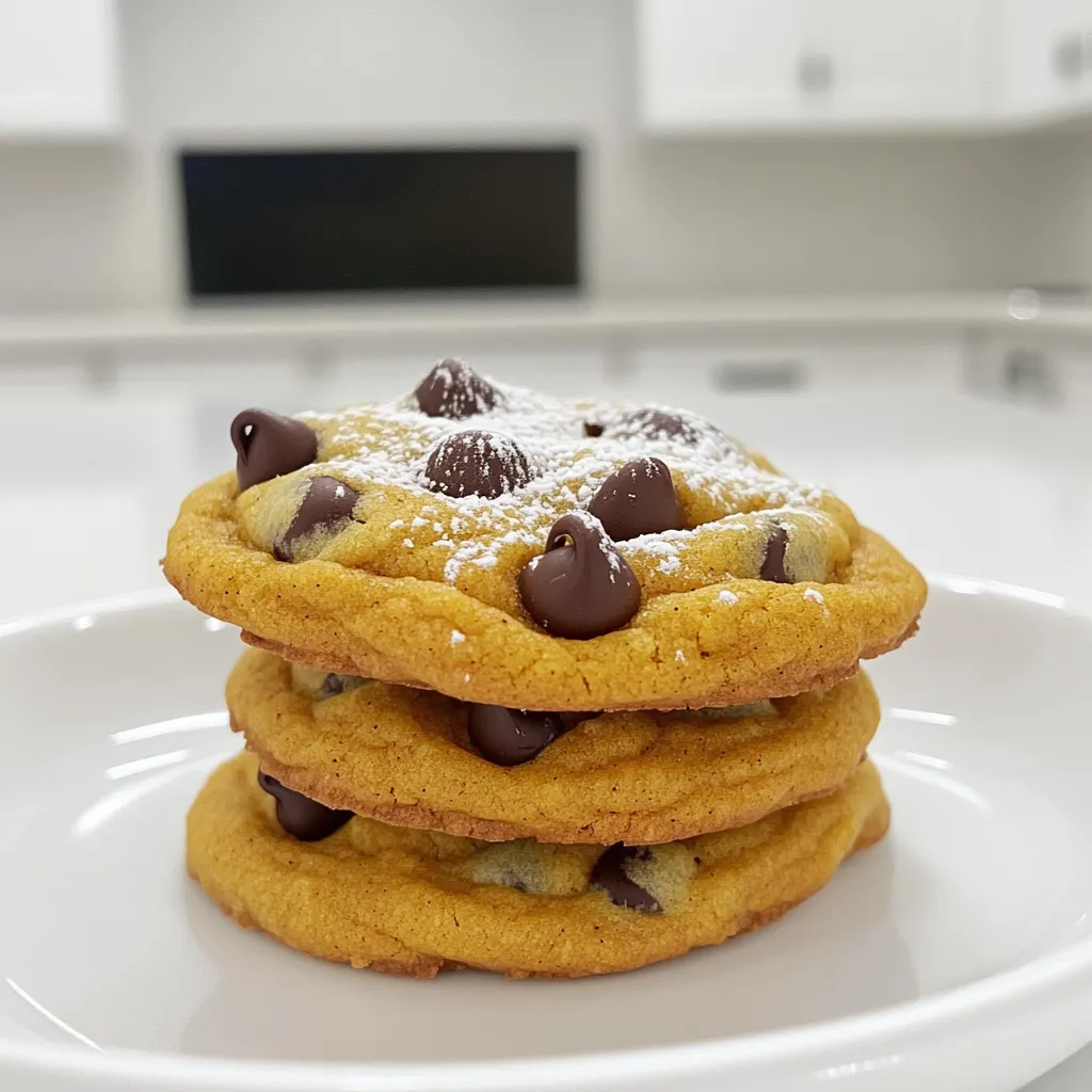 - 1 cup pumpkin puree - 1/2 cup brown sugar - 1/2 cup granulated sugar - 1/2 cup unsalted butter, softened For these cookies, pumpkin puree is key. It gives moisture and flavor. I love using the canned version for ease. Both brown and granulated sugar add sweetness and depth. The brown sugar also creates a chewy texture. Softened butter blends smoothly into the mix, making every bite rich. - 2 cups all-purpose flour - 1 teaspoon baking soda - 1 teaspoon baking powder - 1 teaspoon ground cinnamon - 1/2 teaspoon ground nutmeg - 1/4 teaspoon ground ginger - 1/2 teaspoon salt Flour is the backbone of these cookies. It gives them structure. Baking soda and baking powder help them rise perfectly. The spices add warmth and depth. Cinnamon is a must for that cozy holiday taste. Nutmeg and ginger complement the pumpkin, making each bite special. Salt enhances all the flavors, tying everything together. - 1 cup chocolate chips - 1 large egg - 1 teaspoon vanilla extract Chocolate chips bring sweetness and texture to the cookies. I use semi-sweet, but feel free to choose your favorite. The egg binds the ingredients, keeping the cookies moist. Vanilla extract adds a lovely aroma and flavor that brightens the whole dish. - Preheat your oven to 350°F (175°C). - Line a baking sheet with parchment paper. - In a large bowl, cream together the softened butter, brown sugar, and granulated sugar until it is light and fluffy. - Next, beat in the pumpkin puree, large egg, and vanilla extract. Mix until everything is well combined. - In a separate bowl, whisk together the all-purpose flour, baking soda, baking powder, ground cinnamon, ground nutmeg, ground ginger, and salt. - Gradually add this dry mix to the wet ingredients, stirring until just combined. Be careful not to overmix. - Gently fold in the chocolate chips, making sure they are evenly spread throughout the dough. - Use a tablespoon to scoop the dough onto the prepared baking sheet. Leave about 2 inches between each cookie. - Bake in the preheated oven for 10-12 minutes. The edges should be lightly golden. The centers may look soft, which is okay. - Once baked, remove the cookies from the oven and let them cool on the baking sheet for 5 minutes. Transfer them to a wire rack to cool completely. To get the best texture, avoid overmixing the dough. When you combine the wet and dry ingredients, mix just until you can’t see flour. This keeps your cookies soft and chewy. Recognizing proper doneness is key. Bake the cookies until the edges are lightly golden. The centers may look soft, but that’s okay. They will firm up as they cool. For spices, use fresh ones for the best taste. Ground cinnamon, nutmeg, and ginger add warmth. You can even adjust the amounts to fit your taste. Using fresh ingredients also matters. Fresh pumpkin puree gives a richer flavor than canned. Always check the dates on your spices and ingredients to ensure they are fresh. Serve your cookies on a decorative plate. Stack them for a lovely look. You can sprinkle a little powdered sugar on top for a nice touch. Garnishing can elevate your cookies. Consider adding a mini pumpkin or some cinnamon sticks around the plate. These simple touches make your cookies festive and fun! {{image_2}} You can make these cookies healthier. Start by using whole wheat flour instead of all-purpose flour. Whole wheat flour adds fiber and nutrients. This swap does not change the taste too much. Next, try alternative sweeteners. Instead of brown and granulated sugar, use maple syrup or honey. These sweeteners add a unique flavor while cutting down on refined sugars. Just remember to adjust the wet ingredients since these are liquid. Want to mix it up? Add nuts or dried fruit to your dough. Chopped walnuts or pecans give a nice crunch. Dried cranberries or raisins add a sweet and chewy surprise. You can also use different types of chocolate. Swap in white chocolate chips or dark chocolate chunks. Each type of chocolate brings its own taste. Experiment to find your favorite combo! Get festive with seasonal twists! Add cranberries for a tart bite. White chocolate can add a sweet touch that pairs well with pumpkin. Adjust the spices too. If you love a spicier cookie, increase the cinnamon or add cloves. If you prefer milder flavors, reduce the spices. Customize your cookies to fit your taste and the season! To keep your pumpkin chocolate chip cookies fresh, store them at room temperature. Place them in an airtight container. This helps keep them soft and chewy. Make sure to layer them with parchment paper to avoid sticking. These cookies stay good for about a week. If you want to save cookies for later, freezing works great. Wait until the cookies cool completely. Then, place them in a freezer bag or container. Seal it well to avoid freezer burn. You can freeze these cookies for up to three months. When ready to enjoy, just thaw them at room temperature. Reheating cookies can bring back their fresh-baked taste. Preheat your oven to 350°F (175°C). Place the cookies on a baking sheet for about 5 minutes. This warms them nicely and softens them up. Avoid using a microwave, as it can make them too chewy. Enjoy your warm, tasty treat! Yes, you can use fresh pumpkin. Start by selecting a small sugar pumpkin. Cut it in half, remove the seeds, and place the halves face down in a baking dish. Add a bit of water to the dish, cover it with foil, and bake at 350°F for about 45 minutes until soft. Let it cool, then scoop out the flesh and puree it until smooth. Use this puree in place of canned pumpkin. Fresh pumpkin gives a nice taste and texture. Absolutely! If you want to skip eggs, you can try several substitutes. Use 1/4 cup unsweetened applesauce for each egg. You can also use 1/2 of a mashed banana or 1 tablespoon of ground flaxseed mixed with 2.5 tablespoons of water. Let it sit for a few minutes until it thickens. These options work well and keep your cookies moist. To create thicker cookies, adjust your dough. Add a bit more flour, about 1/4 cup, to the mix. This change helps the cookies hold their shape better. You can also chill the dough for 30 minutes before baking. Chilling firms up the butter, which helps the cookies rise less while baking. Yes, you can double this recipe easily! Just multiply each ingredient by two. Make sure to use a large bowl for mixing. This way, you can make a big batch of delicious cookies to share. Keep an eye on the baking time; it may vary slightly with the larger amount of dough. Enjoy baking! In this blog post, we explored the key ingredients for perfect pumpkin cookies, from pumpkin puree to sugars and spices. We walked through each step, from mixing wet ingredients to baking and cooling. I shared tips for texture and flavor, along with variations to try. Remember, enjoying your cookies is just as important as making them. Use these insights to create delicious treats that everyone will love. Happy baking!