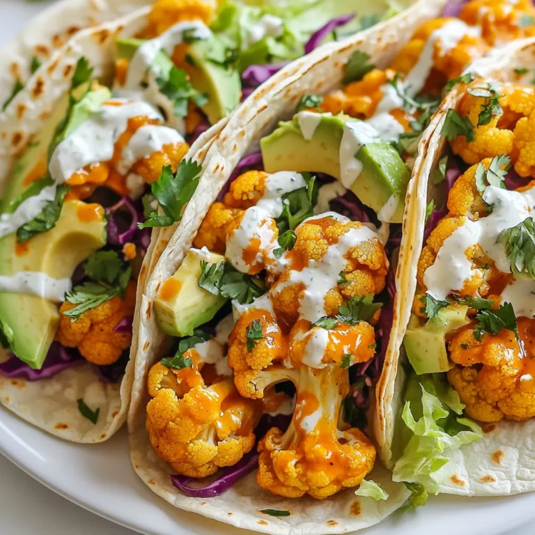 - 1 medium head of cauliflower, cut into florets - 1 cup all-purpose flour (or gluten-free flour) - 1 cup buffalo sauce For the main flavors, you need fresh cauliflower. It gives a nice bite and texture. The flour helps create a crispy coating. Buffalo sauce adds the heat and flavor that makes these tacos special. - 1 cup shredded lettuce - 1 avocado, sliced - ½ cup red cabbage, thinly sliced - ¼ cup fresh cilantro, chopped Fresh toppings are key to these tacos. Shredded lettuce adds crunch and coolness. Sliced avocado gives a creamy touch. Red cabbage adds color and crunch, while cilantro brings freshness and flavor. - 1 teaspoon garlic powder - 1 teaspoon onion powder - 1 teaspoon smoked paprika - ½ cup ranch dressing or vegan alternative These extra spices pack a flavor punch. Garlic powder and onion powder enhance the taste of the cauliflower. Smoked paprika gives a nice, warm flavor. Ranch dressing drizzled on top balances the heat from the buffalo sauce. You can use a vegan version if you prefer. {{ingredient_image_1}} First, we need to preheat the oven to 425°F (220°C). This temperature helps the cauliflower get crispy. In a large bowl, mix together 1 cup of all-purpose flour, 1 cup of water, 1 teaspoon of garlic powder, 1 teaspoon of onion powder, 1 teaspoon of smoked paprika, salt, and pepper. Whisk until the batter is smooth. This batter will coat the cauliflower florets perfectly. Now it's time to coat the cauliflower. Dip each floret into the batter. Make sure every piece is well covered. Gently shake off any extra batter. Next, arrange the florets on a lined baking sheet. Spread them out so they don’t touch. Bake for 25 to 30 minutes. Flip the florets halfway through. They should look golden brown and crispy when done. Once the cauliflower is baked, take it out of the oven. Toss the hot florets in 1 cup of buffalo sauce until they are all covered. This adds a spicy kick! While the cauliflower soaks in the flavor, warm 8 tortillas in a dry skillet over medium heat. Heat them for about 30 seconds on each side. Now, it’s time to build the tacos. On each tortilla, layer the buffalo cauliflower. Add a handful of shredded lettuce, a few avocado slices, and some red cabbage. For the final touch, drizzle ranch dressing over the top and sprinkle fresh cilantro. Enjoy your tasty Buffalo Cauliflower Tacos! To get crispy cauliflower, you need the right baking temp. Set your oven to 425°F (220°C). This heat makes the batter crisp up nicely. Flipping the florets halfway through baking is key. It ensures even cooking and browning on all sides. Spices can make a big difference. I recommend adding smoked paprika for a smoky kick. Garlic powder and onion powder add depth too. You can also try cayenne pepper for extra heat. For toppings, consider adding diced tomatoes or pickled onions. They add freshness and a fun twist. If you want to make it vegan, there are easy swaps. Use a vegan ranch dressing instead of regular ranch. You can find many tasty options at stores. You can also use gluten-free tortillas. They work just as well and keep the dish light and tasty. Pro Tips Choose the Right Cauliflower: When selecting cauliflower, look for heads that are firm, compact, and free of brown spots to ensure the best flavor and texture. Make it Extra Crispy: For an even crunchier texture, try adding a little cornstarch to the batter before coating the cauliflower. Adjust the Heat: If you prefer milder tacos, mix the buffalo sauce with a little ranch dressing before tossing the cauliflower to tone down the spice. Fresh Toppings Matter: Don’t skip the fresh toppings! They provide a refreshing contrast to the spicy cauliflower and add texture and flavor to your tacos. {{image_2}} You can change the flavors of your buffalo cauliflower tacos by trying different sauces. Here are some ideas: - Honey Mustard Sauce: This adds a sweet and tangy kick. - Sriracha: For extra heat, drizzle sriracha over the top. - Barbecue Sauce: A smoky flavor works well with the cauliflower. Adding protein can make your tacos more filling. Here are some tasty options: - Grilled Chicken: Add slices of grilled chicken for extra flavor. - Black Beans: They add protein and a nice texture. - Tofu: For a plant-based option, try crispy tofu cubes. To make your meal complete, pair the tacos with tasty side dishes. Here are some great options: - Corn Salad: The sweetness of corn complements the spicy tacos. - Guacamole: Creamy and rich, guacamole adds a nice touch. - Rice: Cilantro-lime rice is a fresh side to serve. Beverages can also enhance your meal. Here are some drinks that go well with buffalo cauliflower tacos: - Lemonade: The tartness balances the spice. - Iced Tea: A refreshing choice that cools the heat. - Beer: A light lager pairs well with spicy food. You can adjust the recipe to fit different diets. For low-carb options, try these: - Lettuce Wraps: Use large lettuce leaves instead of tortillas. - Cauliflower Rice: Serve the buffalo cauliflower over cauliflower rice. If you need vegan or gluten-free modifications, here’s what you can do: - Gluten-Free Flour: Substitute all-purpose flour with gluten-free flour. - Vegan Ranch: Use a plant-based ranch dressing for a creamy finish. - Corn Tortillas: Ensure your tortillas are gluten-free for a safe option. These variations make it easy to enjoy buffalo cauliflower tacos no matter your preferences! To store your Buffalo Cauliflower Tacos, let them cool first. Place them in an airtight container. This keeps the flavors fresh. Store them in the fridge for up to three days. If you want to keep them longer, consider freezing. Wrap the tacos tightly in plastic wrap and then in foil. This helps prevent freezer burn. When reheating, aim to keep the cauliflower crispy. The best method is to use an oven. Preheat it to 350°F (175°C). Place the tacos on a baking sheet and heat for about 10-15 minutes. This way, the tortillas get warm, and the cauliflower stays crunchy. You can also use an air fryer. Set it to 350°F (175°C) and cook for about 5-7 minutes for even better crispiness. Leftovers from Buffalo Cauliflower Tacos can last in the fridge for three days. If frozen, they can last for up to two months. Always check for any changes in smell or texture before eating. Enjoy your tasty leftovers without worry! You can add heat in a few ways. First, use extra buffalo sauce. You can also mix in some hot sauce or chili powder. If you like fresh heat, add sliced jalapeños on top. For a smoky kick, try smoked paprika or chipotle powder. Adjust the spice to fit your taste. Yes, you can use frozen cauliflower. Just make sure to thaw it first. Pat it dry with a paper towel to remove excess moisture. This helps the batter stick better. Frozen cauliflower cooks faster, so cut your baking time by a few minutes. Keep an eye on it to avoid overcooking. If you want to switch up the tortillas, try lettuce wraps. Romaine or butter lettuce makes a great base. You can also use whole grain wraps or pita bread. If you're feeling adventurous, consider using rice paper for a fun twist. Each option adds a unique flavor and texture. Buffalo cauliflower tacos are fun, tasty, and versatile. You learned about the key ingredients, from crispy cauliflower to fresh toppings. I shared step-by-step instructions to make your tacos perfect, along with tips and variations to suit any taste. Remember, you can customize these tacos to fit your needs. Whether you're vegan, gluten-free, or just love bold flavors, these tacos deliver. Enjoy creating your own delicious version, and don't forget to share your experience. Happy cooking!