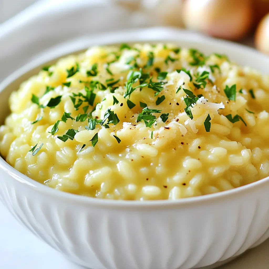 To make creamy garlic Parmesan risotto, gather these main ingredients: - 1 cup Arborio rice - 4 cups vegetable broth - 1 medium onion, finely chopped - 4 cloves garlic, minced - 3 tablespoons olive oil - 1 cup grated Parmesan cheese - 1/2 cup heavy cream - Salt and pepper to taste - Fresh parsley, chopped (for garnish) These ingredients create a rich flavor and creamy texture in every bite. You can enhance your risotto by adding: - Sautéed mushrooms - Sweet peas - Cooked bacon or pancetta - Fresh herbs like basil or thyme These additions bring new flavors and can make the dish even more exciting. If you don’t have Arborio rice, you can use Carnaroli rice. It also gives a creamy texture. For a lighter dish, try using low-fat cream or milk instead of heavy cream. You can swap vegetable broth for chicken broth if you prefer. Always taste as you go and adjust seasonings to your liking! {{ingredient_image_1}} First, grab a medium saucepan. Pour in 4 cups of vegetable broth. Turn the heat to medium and bring it to a light simmer. Once it simmers, lower the heat to keep it warm. This warm broth will help cook the rice perfectly. Next, take a large, heavy-bottomed pan. Add 3 tablespoons of olive oil and heat it over medium. Chop one medium onion finely and toss it in the pan. Cook the onion for about 5 minutes until it turns translucent. Then, add 4 minced cloves of garlic. Stir for 1-2 minutes, but watch it closely. You don’t want the garlic to burn. Now, add 1 cup of Arborio rice to the pan. Stir it well so that the rice gets coated in the oil. Cook for 2-3 minutes. Watch the edges of the rice; they should slowly turn translucent. After this, start adding the warm broth, one ladle at a time. Stir the rice continuously. Let it absorb most of the broth before adding more. Repeat this for about 18-20 minutes until the rice is creamy and al dente. Finally, take the pan off the heat. Stir in 1 cup of grated Parmesan cheese and 1/2 cup of heavy cream. Mix until everything is combined. Then season with salt and pepper to taste. For a nice touch, add sautéed mushrooms or peas if you like. Serve hot, garnished with fresh parsley on top. To get that perfect creamy texture in your risotto, use Arborio rice. This rice has a high starch content. The starch helps create that lovely creaminess. Stirring the rice often while adding broth is key. This motion releases more starch and thickens the dish naturally. Always add broth a little at a time. Let the rice absorb most of the liquid before adding more. Finish with heavy cream and grated Parmesan cheese for extra richness. One common mistake is adding too much broth at once. This prevents the rice from absorbing the flavors. Another mistake is not stirring enough. Stirring helps release the starch, which gives risotto its creamy texture. Be careful not to let the garlic burn when sautéing. Burnt garlic can ruin your dish. Lastly, don’t rush the cooking process. Risotto takes time to cook properly. You will need a few tools to make the best risotto. A large, heavy-bottomed pan works best. This type of pan heats evenly. A wooden spoon is great for stirring the rice. It helps prevent scratching the pan. A ladle is perfect for adding broth in small amounts. Lastly, a good measuring cup will help you keep track of your ingredients. Having the right tools makes cooking easier and more fun. Pro Tips Use Warm Broth: Always keep your vegetable broth warm while cooking the risotto. This helps the rice cook evenly and absorb the liquid better. Stir Constantly: Stirring the risotto continuously helps release the starch from the rice, resulting in a creamy texture. Experiment with Add-ins: Add sautéed mushrooms, peas, or spinach to elevate the flavor and nutritional value of your risotto. Let it Rest: After cooking, let the risotto sit for a minute before serving. This resting time allows the flavors to meld beautifully. {{image_2}} You can make risotto even better by adding vegetables. Mushrooms add a nice earthy flavor. You can sauté them before adding to the risotto. Peas are another great choice. They add sweetness and color. Simply stir them in during the last few minutes of cooking. Other veggies like spinach or asparagus work well too. Just remember, add them toward the end to keep them fresh. While Parmesan is classic, you can try other cheeses too. Pecorino Romano gives a salty kick. Fontina melts beautifully and adds creaminess. If you want a stronger taste, add some Gorgonzola. Mix and match cheeses to find your favorite blend. Just remember to adjust the salt since some cheeses are saltier than others. If you want a vegetarian risotto, use vegetable broth, which we already do. For a vegan option, skip the cheese and cream. You can use nutritional yeast for a cheesy flavor. Coconut cream is an excellent substitute for heavy cream. It will add richness without dairy. This way, everyone can enjoy a creamy risotto! To store leftover risotto, let it cool first. Place it in an airtight container. This keeps it fresh. You can store it in the fridge for up to three days. If you want to keep it longer, freezing is the way to go. Make sure to label the container with the date. This helps you track how long it has been in the freezer. When reheating risotto, add a splash of broth or water. This helps bring back the creamy texture. Heat it in a pan over low heat. Stir often to prevent it from sticking. You can also reheat it in the microwave. Just cover it and add a bit of liquid. Heat in short bursts, stirring in between. This keeps it nice and moist. To freeze risotto, spread it out on a baking sheet first. This makes it freeze faster and prevents clumping. Once it's frozen, transfer it to a freezer bag. Squeeze out the air to avoid freezer burn. You can keep it frozen for up to three months. When ready to eat, thaw it overnight in the fridge before reheating. Enjoy your creamy garlic parmesan risotto just as good as fresh! Risotto usually takes around 18 to 20 minutes to cook. You should stir it often. This helps the rice absorb the broth. The rice should be creamy and just tender. Yes, you can make risotto ahead of time. Cook it, then cool it quickly. Store it in the fridge for up to two days. When ready to eat, reheat it on low heat. Add a little broth to restore creaminess. The creaminess of risotto comes from the starch in Arborio rice. When you stir the rice, it releases starch. This helps create a smooth texture. Adding heavy cream and cheese also boosts the creaminess. If your risotto is overcooked, it may be too mushy. To fix this, try adding a little more broth. Stir gently to help it regain some structure. You can also add fresh herbs or cheese for flavor. In this post, we explored the key ingredients, cooking steps, and tips for making risotto. You learned how to prepare the broth, sauté onions, and cook Arborio rice for a creamy dish. We also discussed variations and storage tips to keep your risotto fresh. Remember, with the right approach and tools, you can create a delicious risotto every time. Enjoy experimenting with flavors and sharing your dish. Happy cooking!