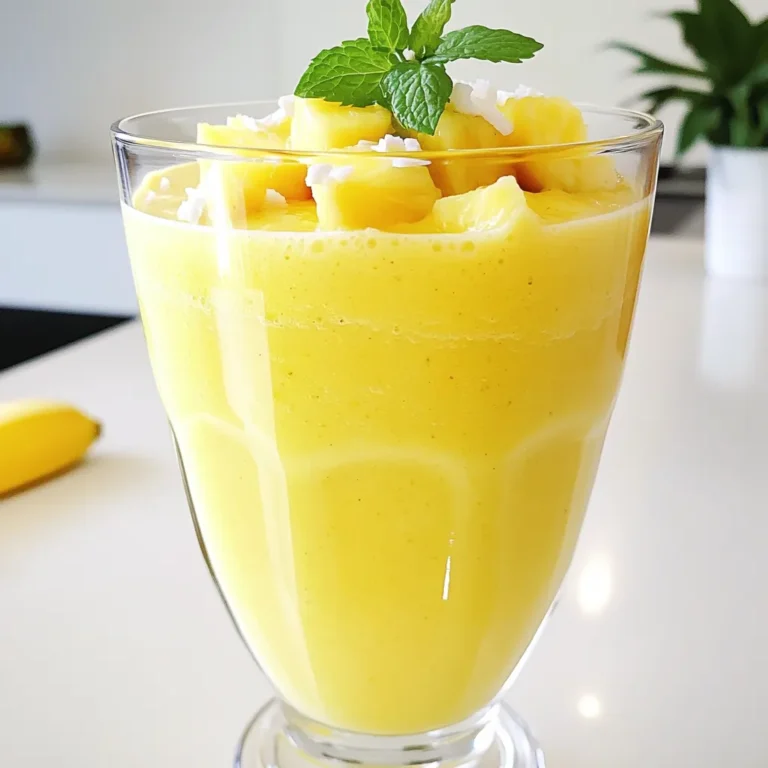 - 1 cup fresh or frozen pineapple chunks - 1 ripe banana - 1 cup coconut milk - 1/2 cup Greek yogurt (or coconut yogurt) - 1 tablespoon honey or agave syrup (optional) - 1/2 teaspoon vanilla extract - Ice cubes (optional) - Fresh mint leaves for garnish (optional) To make a tasty pineapple coconut smoothie, you need a few simple ingredients. First, fresh or frozen pineapple gives the drink its sweet and tangy flavor. The banana adds creaminess and natural sweetness. Coconut milk makes the smoothie rich and smooth. I love using Greek yogurt for a protein boost, but coconut yogurt works too if you're dairy-free. If you want a touch of sweetness, add honey or agave syrup. A dash of vanilla extract enhances the flavors. For a colder drink, toss in some ice cubes, especially if you use fresh pineapple. Lastly, some fresh mint leaves on top make it look pretty and add a refreshing taste. Gather these ingredients, and you are ready to blend up a delicious smoothie! First, gather your ingredients. You need one cup of fresh pineapple chunks, a ripe banana, and one cup of coconut milk. Add half a cup of Greek yogurt, one tablespoon of honey, and half a teaspoon of vanilla extract. Toss everything into your blender. Blend on high speed until the mix is smooth. If it’s too thick, pour in a bit more coconut milk to make it creamier. If you use fresh pineapple, add some ice cubes to chill the smoothie. Blend again until it’s completely smooth. This step makes your drink refreshing and cool, perfect for hot days or after workouts. Now, it’s time to taste your smoothie. If you want it sweeter, add more honey or agave syrup. Blend again for a few seconds. Adjust the sweetness to match your taste buds. Enjoy your delicious pineapple coconut smoothie! Use fresh, ripe pineapple for the best flavor. Look for a pineapple with a sweet smell. The skin should be golden and firm. If fresh pineapple is not available, frozen chunks work great. They save time and still taste good. If you want a dairy-free option, swap Greek yogurt for coconut yogurt. Coconut yogurt brings a creamy texture and a nice coconut flavor. It keeps the smoothie light yet rich. This option is great for those with lactose issues. To make a thicker smoothie, add more banana or yogurt. If you prefer a thinner smoothie, pour in more coconut milk. Ice also helps if you like a colder drink. Remember, you can always add more ingredients but can’t take them out. Taste as you go to find your perfect mix. {{image_2}} You can make this smoothie even more exciting by adding other fruits. Try mango for a sweet twist. Kiwi will add a nice tart flavor. Berries like strawberries or blueberries give a burst of color and taste. Each fruit brings its own special touch. You can mix and match to find your favorite flavors. Boosting your smoothie with superfoods makes it more nutritious. Spinach adds vitamins without changing the taste much. Chia seeds give you fiber and omega-3s. You can also add protein powder for an extra energy kick. Just a scoop can help keep you full longer. These additions make your smoothie a powerful snack or meal. Want to give your smoothie a tropical twist? Adding citrus fruits is a great idea. Squeeze in some lime or orange juice for zing. You might also try passion fruit for a unique flavor. Coconut flakes can enhance the coconut taste, making it even more delightful. These ideas will transport your taste buds to a sunny beach. To keep your pineapple coconut smoothie fresh, pour it into an airtight container. This helps seal in the flavor and nutrients. Store it in the fridge if you plan to drink it within two days. If you want to keep it longer, freeze it in ice cube trays or freezer-safe bags. Just remember to label the bags with the date. After blending, your smoothie will last about two days in the fridge. If you freeze it, it can last up to three months. Just thaw it in the fridge overnight before using. Give it a good shake or stir to mix everything again. You can creatively repurpose frozen smoothies. Turn them into smoothie bowls by adding your favorite toppings like granola or fresh fruit. You can also blend the frozen smoothie with a bit of milk to make a thicker drink. For a fun treat, pour the mixture into popsicle molds. Freeze these for a cool snack on hot days. If you don’t have coconut milk, you can use several substitutes. Almond milk, soy milk, or oat milk work well. These options give a different flavor but still create a creamy texture. You can also blend water with shredded coconut for a quick homemade option. Each substitute changes the taste slightly, so choose one that you enjoy. Yes, using frozen fruits is a great idea! Frozen pineapple or banana makes your smoothie cold and thick. It also saves time, as you don’t need to chop fresh fruit. Frozen fruits keep their nutrients, so you still get all the benefits. Plus, they blend smoothly, creating a creamy drink. To boost nutrition, add some greens like spinach or kale. You can also mix in chia seeds or flaxseeds for extra fiber. A spoonful of nut butter adds healthy fats and protein. If you want a protein boost, try adding protein powder. These small additions make your smoothie more filling and healthy. This blog post guides you through making a tasty tropical smoothie. We covered fresh ingredients, simple steps, and helpful tips. You learned how to adjust flavors and explore fun variations. Smoothies are easy to store, so leftovers are not wasted. With so many ways to tailor your smoothie, the options are endless. Get creative and enjoy your healthy treat!