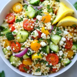 - 1 cup couscous - 1 1/4 cups vegetable broth - 1 tablespoon olive oil - 1 lemon (juiced and zested) Couscous is small and fluffy. It cooks quickly and absorbs flavors well. Vegetable broth gives it a rich taste. The lemon adds a fresh zing. Olive oil binds everything together and adds smoothness. - 1/2 cup cherry tomatoes, halved - 1/2 cucumber, diced - 1/4 red onion, finely chopped Cherry tomatoes bring sweetness and color. Cucumbers add crunch and freshness. Red onion gives a mild, sharp bite. These veggies make the salad bright and tasty. - 1/2 cup parsley, finely chopped - 1/4 cup fresh mint, finely chopped - Salt and pepper to taste - 1/4 cup feta cheese (optional, for garnish) Parsley adds a fresh, green flavor. Mint brings a coolness that brightens the dish. Salt and pepper enhance all the flavors. Feta cheese gives a creamy touch if you choose to add it. This mix of herbs and seasoning makes the salad pop! {{ingredient_image_1}} To begin, you need to cook the couscous. 1. Bringing broth to a boil: Start by pouring 1 1/4 cups of vegetable broth into a medium saucepan. Place it over medium-high heat and wait for it to boil. This step is crucial as it gives the couscous the right flavor. 2. Adding and cooking couscous: Once the broth bubbles, add 1 cup of couscous and a pinch of salt. Stir quickly to mix it well. After that, remove the saucepan from the heat. Cover it with a lid and let it sit for about 5 minutes. This allows the couscous to soak up all the tasty broth. Now it’s time to prepare the salad base. 1. Fluffing couscous and adding flavors: After 5 minutes, take a fork and fluff the couscous. Add 1 tablespoon of olive oil, the juice and zest of 1 lemon. Mix well to make it even more delicious. Set it aside to cool slightly. 2. Combining vegetables and herbs: In a large mixing bowl, combine the cooled couscous with 1/2 cup cherry tomatoes (halved), 1/2 cucumber (diced), and 1/4 red onion (finely chopped). Then, add 1/2 cup parsley and 1/4 cup fresh mint, both finely chopped. Toss all the ingredients together gently. This ensures that every bite is packed with flavor. Finally, let's finish up the salad. 1. Seasoning the salad: Taste the salad and season it with salt and pepper. Adjust it to your liking. If you love creamy flavors, crumble 1/4 cup of feta cheese on top. 2. Chilling for flavor enhancement: To let the flavors blend beautifully, chill the salad in the refrigerator for at least 30 minutes. This step is key for a refreshing taste. Now, your Lemon Herb Couscous Salad is ready to serve. Enjoy! Choosing the right lemon Pick a lemon that feels heavy for its size. A fresh lemon should have bright yellow skin. Look for smooth skin without blemishes for the best juice and zest. Tips for maximizing herb flavor Chop herbs right before use to keep their flavor strong. Use fresh parsley and mint for a bright taste. Lightly bruise the herbs to release their oils, making the salad even more fragrant. Ensuring fluffy couscous To make fluffy couscous, follow the broth-to-couscous ratio closely. Use 1 1/4 cups of broth for every 1 cup of couscous. Stir quickly when adding couscous to avoid clumps. Fluff it with a fork after it sits for 5 minutes. Avoiding soggy salad Let the couscous cool before mixing it with vegetables. If it’s too warm, it can make the salad watery. Chill the salad in the fridge for at least 30 minutes. This helps flavors blend and keeps it fresh. Ideal serving temperature Serve the salad cold or at room temperature. This keeps the flavors bright and refreshing. If you chill it, serve it right from the fridge for the best taste. Garnishing ideas for presentation Garnish with extra herbs and lemon wedges. This adds color and makes the dish look inviting. You can also sprinkle feta cheese on top for a creamy finish. Pro Tips Use Fresh Herbs: Fresh parsley and mint significantly enhance the flavor profile of the salad. Always opt for fresh rather than dried herbs for the best results. Let It Chill: Allowing the salad to chill in the refrigerator for at least 30 minutes lets the flavors meld beautifully, resulting in a more harmonious dish. Customize Your Veggies: Feel free to add or substitute other vegetables like bell peppers or radishes to suit your taste and make the salad even more colorful. Perfect Cooking Ratio: Using the right liquid-to-couscous ratio is crucial. For every cup of couscous, use about 1.25 cups of liquid to ensure the couscous is fluffy and not soggy. {{image_2}} You can easily boost your Lemon Herb Couscous Salad by adding proteins. Chickpeas work great and add a nutty flavor. Just rinse and toss them in. If you prefer meat, grilled chicken is a good choice. Slice it thin and mix it in. For a vegan option, try tempeh or tofu. Both will soak up the salad's flavors well. Changing herbs can really change the taste of your salad. Instead of parsley and mint, consider using basil or cilantro. Each herb brings its own unique flavor. You can also add other vegetables. Bell peppers or radishes add crunch and color. Just chop them small and mix them in. If you need a gluten-free version, use gluten-free couscous or quinoa. Both options cook similarly and taste great. For those watching sodium, opt for low-sodium broth. This keeps your dish flavorful while being healthier. Just look for broth labeled "low-sodium" at the store. Lemon herb couscous salad lasts about 3 to 5 days in the fridge. Store it in an airtight container to keep it fresh. Always check for any off smells or changes in texture before eating. If you see any liquid separating, give it a gentle stir. You can freeze couscous salad, but some ingredients may change in texture. If you want to freeze it, leave out fresh herbs and veggies. They do not freeze well. Instead, mix them in after thawing. The best way to freeze is in a freezer-safe container. - Use airtight containers to keep the salad fresh. Glass or plastic containers work well. - Keep ingredients separate if you plan to store them for a long time. This helps keep flavors and textures. - For the best taste, eat it fresh. However, if you store it, let it sit for a few hours in the fridge. This helps flavors blend better. If you need a substitute for couscous, try quinoa or rice. Both options work well and add a nice texture to your salad. Quinoa is a great choice because it is gluten-free and high in protein. Rice can add a different taste, so choose what you like best. To make this salad more filling, add protein. Chickpeas are an easy choice. They blend well and boost nutrition. Grilled chicken also works great if you enjoy meat. For a vegetarian option, try adding diced tofu. Yes, you can make this salad in advance. Prepare it up to a day ahead. Store it in the fridge in a sealed container. This helps the flavors meld together. Just remember to add fresh herbs right before serving for the best taste. This blog post covered how to make a delicious couscous salad. We discussed key ingredients like couscous, broth, fresh veggies, and herbs. I provided easy steps for cooking, mixing, and chilling your salad. Plus, we explored tips for flavor and storage. In conclusion, making this salad is simple and fun. You can customize it with proteins or different veggies. With a few tricks, you’ll impress anyone at your next meal. Enjoy every bite!