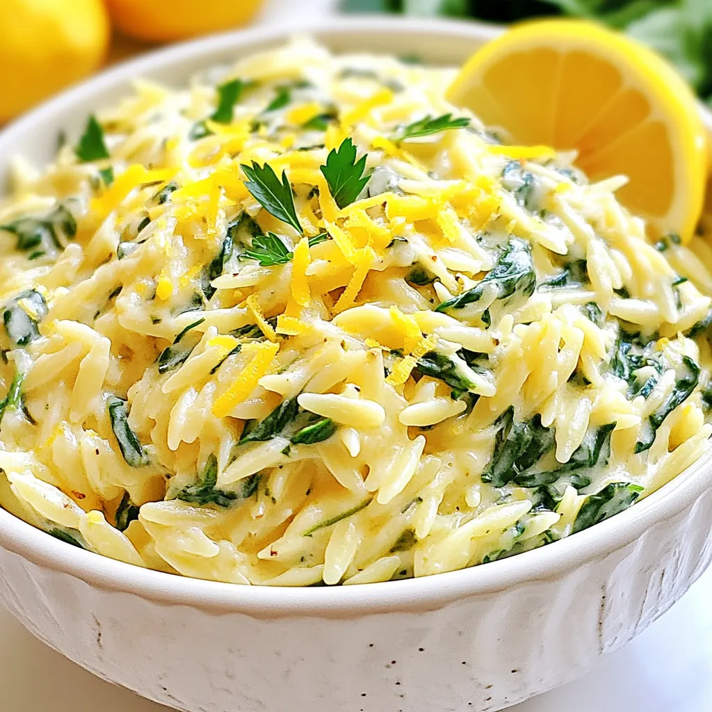To make Creamy Lemon Garlic Orzo, you'll need the following fresh ingredients: - 1 cup orzo pasta - 2 cups vegetable broth - 1 tablespoon olive oil - 3 cloves garlic, minced - Zest of 1 lemon - 1/4 cup heavy cream - 1/2 cup grated Parmesan cheese - 1 cup fresh spinach - Salt and pepper to taste - Fresh parsley, chopped (for garnish) These ingredients come together to create a rich, flavorful dish. The orzo pasta serves as the heart of the meal. I love using vegetable broth for depth and flavor. Olive oil adds a nice richness, while garlic brings that lovely aroma. The lemon zest brightens the dish, making it fresh and lively. Heavy cream gives it that creamy texture we all crave. Parmesan cheese adds a savory note, and fresh spinach boosts the nutrition. Don't forget to season with salt and pepper for balance! Finally, the chopped parsley is perfect for a colorful touch at the end. Make sure to gather all these items before you start cooking! This way, you can enjoy the process without pause. {{ingredient_image_1}} Simmering the Vegetable Broth Start by pouring 2 cups of vegetable broth into a medium pot. Heat it over medium heat until it gently simmers. This step is key to cooking the orzo well. Cooking the Orzo to Al Dente Once the broth simmers, add 1 cup of orzo pasta. Stir it gently. Cook for about 8-10 minutes, or until the orzo is al dente. It should be firm, not mushy. Drain any extra broth once it’s done. Heating Olive Oil While the orzo cooks, take a large pan and add 1 tablespoon of olive oil. Heat it over medium heat. The oil needs to get warm, not smoking. Adding Minced Garlic Next, add 3 cloves of minced garlic to the pan. Sauté it for 1-2 minutes. You want it fragrant but not browned. This step adds a lovely flavor to your dish. Mixing the Cooked Orzo and Garlic Once the orzo is ready, add it to the pan with the garlic. Stir well to mix the orzo and garlic evenly. This is where the magic starts to happen. Creating the Creamy Sauce Reduce the heat to low. Now, add the lemon zest, 1/4 cup of heavy cream, and 1/2 cup of grated Parmesan cheese. Stir until the cheese melts and the sauce is creamy. If it seems too thick, add a splash of broth or water. Cooking Until Spinach is Wilted Finally, add 1 cup of fresh spinach to the pan. Cook for about 2 minutes, or until the spinach wilts down. This adds a vibrant color and extra nutrition. Season with salt and pepper to taste, and your dish is ready to enjoy! To make your orzo creamy, adjust the thickness. If the sauce is too thick, add a splash of vegetable broth or water. This helps create a smooth texture. Stir well after adding the liquid until it blends perfectly. To boost flavor, think about adding some extras. Fresh herbs like basil or thyme work well. A squeeze of lemon juice adds brightness. You can also mix in some red pepper flakes for a little heat. Try adding cooked chicken or shrimp for a protein kick. For a stunning plate, serve the orzo in bowls. Top with fresh parsley and a squeeze of lemon juice. You can add lemon slices on the side for a nice touch. A sprinkle of extra Parmesan cheese makes it even more appealing. Enjoy the beautiful colors and flavors! Pro Tips Use Quality Broth: For the best flavor, opt for a high-quality vegetable broth or homemade stock. This will enhance the overall taste of your orzo. Fresh Ingredients Matter: Using fresh garlic, spinach, and lemon can significantly elevate the dish. Fresh ingredients offer more vibrant flavors compared to dried or pre-packaged options. Customize Your Cheese: While Parmesan is classic, feel free to experiment with other cheeses like feta or goat cheese for a different flavor profile. Perfect Creaminess: If you prefer a lighter dish, you can substitute half of the heavy cream with Greek yogurt or a splash of pasta cooking water to maintain creaminess without the extra calories. {{image_2}} You can easily add protein to your creamy lemon garlic orzo. Chicken, shrimp, or tofu work well. - Chicken: Use cooked, shredded chicken. Add it when mixing the orzo and sauce. - Shrimp: Sauté shrimp until pink. Toss them in just before serving. - Tofu: Use cubed, firm tofu. Sauté it until golden and add it to the dish. You can change up the veggies for more color and taste. Other great options include: - Broccoli: Steam or sauté until bright green. Mix in during the last minute of cooking. - Peas: Frozen peas are a quick and easy addition. Stir them in just before serving. - Bell Peppers: Dice and sauté for a sweet crunch. Add them with the garlic. If you need to adjust the recipe for dietary reasons, here are some easy swaps: - Dairy-Free: Use coconut cream instead of heavy cream. Nutritional yeast adds a cheesy flavor. - Gluten-Free: Swap orzo for a gluten-free pasta. Look for rice or quinoa pasta for a similar texture. These variations keep the dish fresh and fun. Customize it to match your taste! To keep your creamy lemon garlic orzo fresh, follow these tips. Store leftovers in an airtight container. Glass or plastic containers work well. Make sure to cool the orzo to room temperature first. This helps prevent moisture build-up. When it’s time to enjoy leftovers, use gentle heat. The microwave is quick but can dry out the dish. Add a splash of broth or water before heating. Stir often to keep it creamy. You can also reheat it on the stove. Use low heat and add a bit of liquid to keep it moist. Stir regularly to mix the flavors. In the fridge, creamy lemon garlic orzo lasts about 3 to 4 days. To check freshness, look for any off smells or changes in texture. If you don’t plan to eat it soon, consider freezing it. In the freezer, it can last up to 2 months. Just remember to thaw it overnight in the fridge before reheating. It takes about 20 minutes to make this dish. You spend 10 minutes prepping and 10 minutes cooking. This quick time makes it great for busy nights. Yes, you can make it ahead. Cook the orzo and sauce separately. Store them in the fridge. When ready to eat, just heat them together. This keeps the orzo creamy and fresh. You can serve it with grilled chicken, shrimp, or roasted veggies. A fresh salad pairs well too. For a complete meal, add crusty bread on the side. Yes, you can use other pasta types. Small pasta like farfalle or ditalini works well. Just adjust the cooking time based on the pasta you choose. Enjoy experimenting! This blog post shares a simple, tasty way to make Creamy Lemon Garlic Orzo. We covered key ingredients, step-by-step cooking, tips for flavor, and storage advice. You can enjoy this dish as is or adapt it with proteins and veggies. Try different flavors and find what you like best. With a little practice, you’ll create a dish you’ll love to share. Enjoy every bite of your delicious orzo!