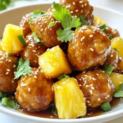 - 1 pound ground chicken or turkey - 1/2 cup breadcrumbs - 1/4 cup fresh cilantro, chopped - 1/4 cup green onions, finely sliced - 1/2 teaspoon garlic powder - 1/2 teaspoon ginger powder - 1/2 teaspoon salt - 1/4 teaspoon black pepper - 1/4 cup pineapple juice (fresh or canned) - 1/4 cup low-sodium soy sauce - 2 tablespoons brown sugar (or coconut sugar) - 1 tablespoon rice vinegar - 1 cup fresh pineapple chunks (fresh or canned) - Sesame seeds for garnish These ingredients come together to create a dish that bursts with flavor. Ground chicken or turkey serves as the base, giving you lean protein. Breadcrumbs add texture and help bind the meatballs. Fresh cilantro and green onions bring bright flavors, making each bite refreshing. For the seasoning, garlic powder and ginger powder add warmth and depth. Salt and black pepper enhance all the flavors without overpowering them. The teriyaki sauce mixes pineapple juice with low-sodium soy sauce, creating a sweet and savory blend. Brown sugar adds a hint of sweetness, while rice vinegar balances it all with a little tang. You can also enjoy optional garnishes. Fresh pineapple chunks add a tropical touch. Sesame seeds offer a nice crunch and visual appeal. Use these to make your dish look as good as it tastes. {{ingredient_image_1}} First, preheat your oven to 400°F (200°C). This step is key for getting those meatballs nice and golden. While the oven heats up, grab a large bowl. In this bowl, combine the following ingredients: - 1 pound ground chicken or turkey - 1/2 cup breadcrumbs - 1/4 cup fresh cilantro, chopped - 1/4 cup green onions, finely sliced - 1/2 teaspoon garlic powder - 1/2 teaspoon ginger powder - 1/2 teaspoon salt - 1/4 teaspoon black pepper - 1/4 cup pineapple juice (fresh or canned) Mix these ingredients well. You want everything to blend nicely for great flavor. Now, it’s time to form the meatballs. Scoop out portions of your mixture, about 1.5 tablespoons each. Roll them into balls with your hands. This should make about 20 meatballs. Place them on a baking sheet lined with parchment paper, leaving space between each one. Bake your meatballs in the preheated oven for 15-20 minutes. Keep an eye on them until they turn golden brown and are cooked through. While the meatballs bake, let’s whip up the teriyaki sauce. In a small saucepan, whisk together these ingredients: - 1/4 cup low-sodium soy sauce - 2 tablespoons brown sugar (or coconut sugar) - 1 tablespoon rice vinegar - 1/4 cup pineapple juice Heat this mixture over medium heat. Stir occasionally and bring it to a gentle simmer. Let it cook for about 5 minutes until the sauce thickens slightly. This sauce will coat your meatballs beautifully. Now, when your meatballs are done, add them to the saucepan along with 1 cup of pineapple chunks. Toss everything together gently. This step ensures the meatballs get a good cover of that tasty teriyaki sauce. Enjoy the mix of flavors as they come together! To make great meatballs, use the right amounts of each ingredient. Too much breadcrumb can dry them out, while too little can make them fall apart. I mix ground chicken or turkey with exactly 1/2 cup breadcrumbs. This gives them the perfect texture. When rolling meatballs, use your hands to scoop and shape them. I like to use about 1.5 tablespoons of the mixture for each meatball. This keeps them all the same size. Try to roll them gently to avoid cracks. You can boost the teriyaki flavor by adding spices. Try a pinch of red pepper flakes for heat, or a dash of sesame oil for extra taste. If you want a deeper flavor, add a little minced garlic or fresh ginger. To adjust sweetness, add more brown sugar if you like it sweeter. If it’s too sweet, add a touch more soy sauce. Taste as you go, and find your perfect balance of sweet and salty. For serving, I like to place the meatballs on a large platter. This makes them easy to grab. You can add pineapple chunks around the meatballs for a colorful touch. To make your dish pop, sprinkle sesame seeds on top. This adds a nice crunch and makes it look fancy. You can also use fresh cilantro to garnish. It adds a burst of color and flavor. Pro Tips Use Fresh Ingredients: Always opt for fresh pineapple and herbs to enhance the flavor of your meatballs and sauce. Experiment with Protein: Feel free to substitute ground chicken or turkey with ground pork or beef for a richer taste. Adjust the Sweetness: You can modify the amount of brown sugar based on your preference for sweetness in the teriyaki sauce. Make Ahead: Prepare the meatballs in advance and store them in the fridge. Simply bake and sauce them before serving for a quick meal. {{image_2}} You can change the protein in these meatballs. Try using ground beef or turkey. Both can give a rich flavor. If you want a lighter option, go for ground chicken. You can also use plant-based substitutes. Look for options like lentils or chickpeas. These will make tasty meatless meatballs. If you love seafood, think about shrimp or crab. Both can add a unique twist. Just chop them finely and mix them in. You will create a fun, fresh flavor that surprises everyone. If you need gluten-free options, swap the breadcrumbs. You can use almond flour or crushed gluten-free crackers. These will keep the texture without the gluten. For a low-sugar version, change the sauce. Use coconut aminos instead of soy sauce. You can also skip the brown sugar. Try a sugar substitute like stevia. This way, you can enjoy this dish without the extra sugar. Want to make the meatballs even better? Add vegetables to the mixture. Grated carrots or chopped bell peppers can add color and crunch. You will get more nutrition and flavor in every bite. Do you like tropical fruits? Try adding mango or papaya pieces. These can give a sweet, juicy burst. It’s a fun way to change the taste and enjoy the dish in a new way. To keep your teriyaki pineapple meatballs fresh, store them in the fridge right away. Place the meatballs in an airtight container. This helps to lock in flavor and moisture. They will stay good for 3 to 4 days. If you want to save them for longer, freezing is a great option. To freeze meatballs, first, let them cool down. After that, place them in a single layer on a baking sheet. Freeze them for about an hour. Once frozen, move them to a freezer bag. This method stops them from sticking together. They can last in the freezer for up to 3 months. When you want to enjoy your meatballs again, there are two easy ways to reheat them. The microwave is quick. Place the meatballs on a microwave-safe plate, cover them with a damp paper towel, and heat for 1-2 minutes. This keeps them moist. If you prefer the oven, preheat it to 350°F (175°C). Place the meatballs in a baking dish and cover with foil. Heat them for about 10-15 minutes. This method helps maintain their flavor and texture. For safe eating, enjoy your meatballs within 3 to 4 days if stored in the fridge. Always check for signs of spoilage before eating. Look for any off smells or changes in color. If they seem slimy or dry, it’s best to throw them away. Staying aware of these signs keeps your meals safe and tasty. Yes, you can use different meats. Ground beef, pork, or lamb work well. For a lighter option, use ground turkey or chicken. If you want plant-based meatballs, try using lentils or chickpeas. Each meat gives a unique taste. Adjust cooking time if you change the meat type. To thicken the sauce, try a few methods. You can simmer it longer, which helps reduce the liquid. Another option is to mix cornstarch with water to make a slurry. Add this mixture while stirring. Cook for a few minutes until it thickens. You can also add more brown sugar for extra thickness and flavor. Yes, you can. Make the meatballs a day in advance. Store them in the fridge until you are ready to bake. You can also freeze them for later. Just make sure to freeze them in a single layer first. Once frozen, transfer them to a bag. When you're ready, bake them straight from the freezer. This blog post covered how to make tasty teriyaki meatballs. We started with the main ingredients, like ground chicken and fresh herbs. Then, we walked through steps to prepare and bake the meatballs. I shared tips for enhancing flavors and making the dish shine. You can also explore variations for different diets. Finally, I explained how to store and reheat leftovers safely. Try making these meatballs for a fun meal. Enjoy your cooking adventure!