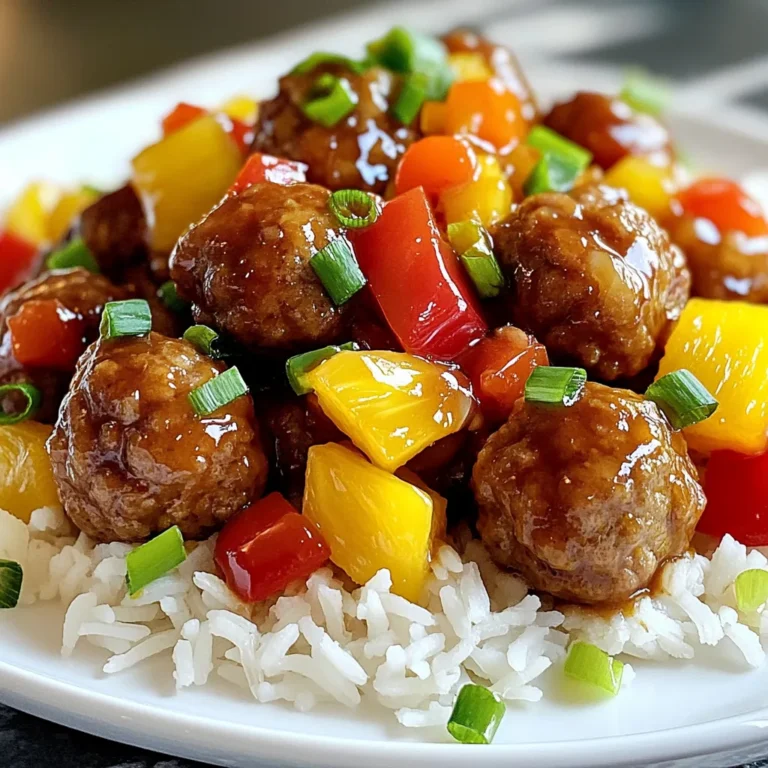 To make sweet and sour meatballs, gather these ingredients: - 1 lb ground beef (or turkey) - 1/2 cup breadcrumbs - 1/4 cup grated Parmesan cheese - 1 large egg - 1 teaspoon garlic powder - 1 teaspoon onion powder - Salt and pepper to taste - 1 cup pineapple chunks (fresh or canned) - 1/2 cup bell peppers, diced (any color) - 1/2 cup onion, diced - 1/4 cup soy sauce - 1/3 cup ketchup - 1/4 cup apple cider vinegar - 1/4 cup brown sugar - 1 tablespoon cornstarch (optional, for thickening) - 1 tablespoon sesame oil (optional) - Green onions, sliced (for garnish) You can easily swap some ingredients for others: - Use ground turkey instead of beef for a lighter option. - Replace breadcrumbs with crushed oats for a gluten-free choice. - If you want a cheese-free dish, skip the Parmesan. - Try coconut aminos instead of soy sauce for a soy-free option. - Use honey or maple syrup as a sweetener in place of brown sugar. Sweet and sour meatballs can fit various diets: - Gluten-Free: Choose gluten-free breadcrumbs or oats. - Low-Carb: Use ground turkey and skip the sugar in the sauce. - Paleo: Use almond flour instead of breadcrumbs and honey in place of sugar. These adjustments make this recipe flexible for different needs while keeping it tasty and satisfying! {{ingredient_image_1}} To start, gather your ingredients. In a large mixing bowl, combine: - 1 lb ground beef (or turkey) - 1/2 cup breadcrumbs - 1/4 cup grated Parmesan cheese - 1 large egg - 1 teaspoon garlic powder - 1 teaspoon onion powder - Salt and pepper to taste Mix everything well. Use your hands to ensure it is well combined. Next, shape this mixture into small meatballs, about 1 inch wide. Place them on a plate as you prepare to cook. Preheat your oven to 400°F (200°C). Line a baking sheet with parchment paper. Place the meatballs on the sheet, making sure they are spaced apart. This helps them cook evenly. Bake the meatballs for 18-20 minutes. They should be brown and cooked through when done. While the meatballs cook, you can make the sauce. In a large skillet over medium heat, add a splash of oil if you like. Next, add: - 1/2 cup onion, diced - 1/2 cup bell peppers, diced (any color) Sauté these for about 5 minutes until they are soft. In a bowl, whisk together: - 1/4 cup soy sauce - 1/3 cup ketchup - 1/4 cup apple cider vinegar - 1/4 cup brown sugar - 1 tablespoon sesame oil (optional) Once the meatballs are cooked, add them to the skillet. Pour the sauce over the meatballs and bring it to a gentle simmer. If you want a thicker sauce, mix 1 tablespoon cornstarch with a bit of water and stir it in. Cook for another 2-3 minutes until it thickens. Lastly, stir in 1 cup pineapple chunks and let it heat through for 2-3 minutes. Garnish with sliced green onions before serving. To keep your meatballs moist, use a mix of ground beef and breadcrumbs. The breadcrumbs soak up moisture. Adding grated Parmesan cheese adds flavor and helps with texture. Don't overmix the meatball mixture. Just mix until combined. This keeps them light. For a thick sauce, use cornstarch. Mix it with a little water to make a slurry. Add it to your sauce while it's simmering. Stir well and let it cook for a few minutes. This gives the sauce a nice, thick texture. You can also use less liquid in the sauce for a thicker result. Serve your meatballs over rice or quinoa. This adds a nice base to soak up the sauce. You can add fresh pineapple chunks on top for extra sweetness. Sprinkle green onions and sesame seeds for a pop of color. This makes your dish look and taste amazing! Pro Tips Use Fresh Ingredients: Always opt for fresh pineapple and vibrant bell peppers for the best flavor and texture in your meatballs. Customize Your Meatballs: Feel free to substitute ground turkey for ground beef or add different herbs and spices to suit your taste. Thicken the Sauce: For a richer sauce, mix cornstarch with cold water to create a slurry before adding it to the skillet. Perfect Serving Size: Aim for uniform meatball sizes to ensure even cooking and a consistent bite throughout the dish. {{image_2}} You can easily switch up the meat in this recipe. Ground turkey works well. It gives a lighter taste. You can also use meat alternatives like plant-based ground meat. These options keep the dish tasty and healthy. Want to spice things up? Try adding some chili sauce for heat. You can make the sauce sugar-free by using a sugar substitute. This keeps the flavor without the extra sugar. Feel free to mix ketchup with other sauces, like teriyaki, for a twist. Add more veggies for extra taste and crunch. Carrots, zucchini, and snap peas fit well. You can also toss in some broccoli for a colorful plate. The more veggies, the better! They add nutrition and make the dish more fun. Store leftover meatballs in an airtight container. Keep them in the fridge for up to three days. If you want to keep them longer, freezing is a great option. To reheat, you can use the microwave or the oven. For the microwave, place the meatballs on a plate. Heat for about 1-2 minutes until hot. If you use the oven, preheat it to 350°F (175°C). Put the meatballs on a baking sheet and heat for about 10-15 minutes. This helps keep them juicy. To freeze meatballs, let them cool completely first. Place them in a single layer on a baking sheet. Freeze until solid, then transfer to a freezer bag. Make sure to remove as much air as you can. Frozen meatballs can last up to three months. When ready to eat, thaw in the fridge overnight and reheat. Yes, you can make Sweet and Sour Meatballs ahead of time. Prepare the meatballs and sauce as directed. Store them separately in airtight containers. You can keep them in the fridge for up to three days. When you’re ready to eat, simply reheat them on the stove or in the oven. This makes meal prep easy and fun. Sweet and Sour Meatballs pair well with many sides. Here are some tasty options: - Steamed rice - Quinoa - Noodles - Stir-fried vegetables - Fresh salad You can also add extra pineapple chunks or sesame seeds for a nice touch. To change the sweetness, you can add or reduce the brown sugar in the sauce. If you want it sweeter, add a little more sugar. For less sweetness, cut back on the sugar. You can also use honey or maple syrup for a different twist. Taste the sauce as you go to find your perfect balance! This blog post covered everything you need for sweet and sour meatballs. We discussed ingredients, substitutes, and dietary options. I offered step-by-step instructions for making the meatball mix, cooking them, and preparing the sauce. Plus, you learned key tips for keeping meatballs moist and thickening sauce. You can even explore variations and proper storage advice. In summary, sweet and sour meatballs are versatile and easy to prepare. Now, you can create your own delicious version!