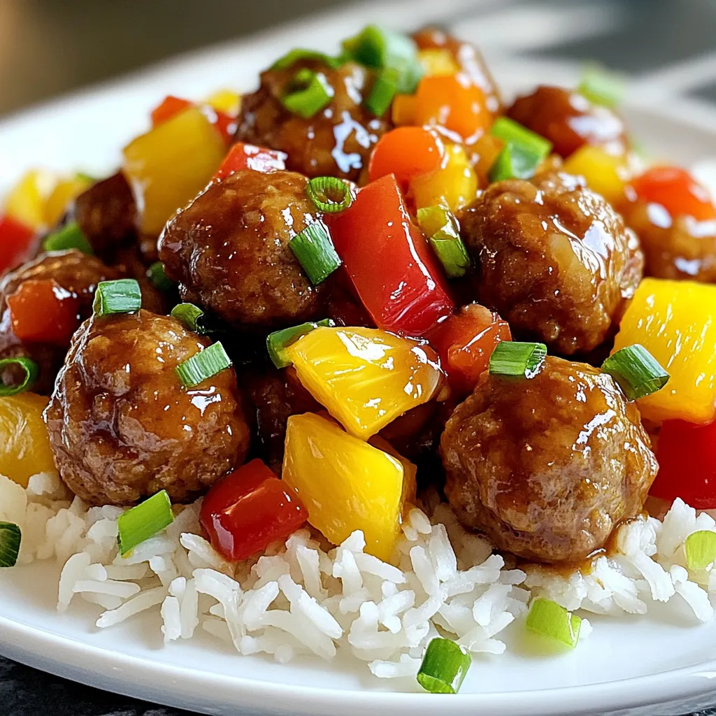 To make sweet and sour meatballs, gather these ingredients: - 1 lb ground beef (or turkey) - 1/2 cup breadcrumbs - 1/4 cup grated Parmesan cheese - 1 large egg - 1 teaspoon garlic powder - 1 teaspoon onion powder - Salt and pepper to taste - 1 cup pineapple chunks (fresh or canned) - 1/2 cup bell peppers, diced (any color) - 1/2 cup onion, diced - 1/4 cup soy sauce - 1/3 cup ketchup - 1/4 cup apple cider vinegar - 1/4 cup brown sugar - 1 tablespoon cornstarch (optional, for thickening) - 1 tablespoon sesame oil (optional) - Green onions, sliced (for garnish) You can easily swap some ingredients for others: - Use ground turkey instead of beef for a lighter option. - Replace breadcrumbs with crushed oats for a gluten-free choice. - If you want a cheese-free dish, skip the Parmesan. - Try coconut aminos instead of soy sauce for a soy-free option. - Use honey or maple syrup as a sweetener in place of brown sugar. Sweet and sour meatballs can fit various diets: - Gluten-Free: Choose gluten-free breadcrumbs or oats. - Low-Carb: Use ground turkey and skip the sugar in the sauce. - Paleo: Use almond flour instead of breadcrumbs and honey in place of sugar. These adjustments make this recipe flexible for different needs while keeping it tasty and satisfying! {{ingredient_image_1}} To start, gather your ingredients. In a large mixing bowl, combine: - 1 lb ground beef (or turkey) - 1/2 cup breadcrumbs - 1/4 cup grated Parmesan cheese - 1 large egg - 1 teaspoon garlic powder - 1 teaspoon onion powder - Salt and pepper to taste Mix everything well. Use your hands to ensure it is well combined. Next, shape this mixture into small meatballs, about 1 inch wide. Place them on a plate as you prepare to cook. Preheat your oven to 400°F (200°C). Line a baking sheet with parchment paper. Place the meatballs on the sheet, making sure they are spaced apart. This helps them cook evenly. Bake the meatballs for 18-20 minutes. They should be brown and cooked through when done. While the meatballs cook, you can make the sauce. In a large skillet over medium heat, add a splash of oil if you like. Next, add: - 1/2 cup onion, diced - 1/2 cup bell peppers, diced (any color) Sauté these for about 5 minutes until they are soft. In a bowl, whisk together: - 1/4 cup soy sauce - 1/3 cup ketchup - 1/4 cup apple cider vinegar - 1/4 cup brown sugar - 1 tablespoon sesame oil (optional) Once the meatballs are cooked, add them to the skillet. Pour the sauce over the meatballs and bring it to a gentle simmer. If you want a thicker sauce, mix 1 tablespoon cornstarch with a bit of water and stir it in. Cook for another 2-3 minutes until it thickens. Lastly, stir in 1 cup pineapple chunks and let it heat through for 2-3 minutes. Garnish with sliced green onions before serving. To keep your meatballs moist, use a mix of ground beef and breadcrumbs. The breadcrumbs soak up moisture. Adding grated Parmesan cheese adds flavor and helps with texture. Don't overmix the meatball mixture. Just mix until combined. This keeps them light. For a thick sauce, use cornstarch. Mix it with a little water to make a slurry. Add it to your sauce while it's simmering. Stir well and let it cook for a few minutes. This gives the sauce a nice, thick texture. You can also use less liquid in the sauce for a thicker result. Serve your meatballs over rice or quinoa. This adds a nice base to soak up the sauce. You can add fresh pineapple chunks on top for extra sweetness. Sprinkle green onions and sesame seeds for a pop of color. This makes your dish look and taste amazing! Pro Tips Use Fresh Ingredients: Always opt for fresh pineapple and vibrant bell peppers for the best flavor and texture in your meatballs. Customize Your Meatballs: Feel free to substitute ground turkey for ground beef or add different herbs and spices to suit your taste. Thicken the Sauce: For a richer sauce, mix cornstarch with cold water to create a slurry before adding it to the skillet. Perfect Serving Size: Aim for uniform meatball sizes to ensure even cooking and a consistent bite throughout the dish. {{image_2}} You can easily switch up the meat in this recipe. Ground turkey works well. It gives a lighter taste. You can also use meat alternatives like plant-based ground meat. These options keep the dish tasty and healthy. Want to spice things up? Try adding some chili sauce for heat. You can make the sauce sugar-free by using a sugar substitute. This keeps the flavor without the extra sugar. Feel free to mix ketchup with other sauces, like teriyaki, for a twist. Add more veggies for extra taste and crunch. Carrots, zucchini, and snap peas fit well. You can also toss in some broccoli for a colorful plate. The more veggies, the better! They add nutrition and make the dish more fun. Store leftover meatballs in an airtight container. Keep them in the fridge for up to three days. If you want to keep them longer, freezing is a great option. To reheat, you can use the microwave or the oven. For the microwave, place the meatballs on a plate. Heat for about 1-2 minutes until hot. If you use the oven, preheat it to 350°F (175°C). Put the meatballs on a baking sheet and heat for about 10-15 minutes. This helps keep them juicy. To freeze meatballs, let them cool completely first. Place them in a single layer on a baking sheet. Freeze until solid, then transfer to a freezer bag. Make sure to remove as much air as you can. Frozen meatballs can last up to three months. When ready to eat, thaw in the fridge overnight and reheat. Yes, you can make Sweet and Sour Meatballs ahead of time. Prepare the meatballs and sauce as directed. Store them separately in airtight containers. You can keep them in the fridge for up to three days. When you’re ready to eat, simply reheat them on the stove or in the oven. This makes meal prep easy and fun. Sweet and Sour Meatballs pair well with many sides. Here are some tasty options: - Steamed rice - Quinoa - Noodles - Stir-fried vegetables - Fresh salad You can also add extra pineapple chunks or sesame seeds for a nice touch. To change the sweetness, you can add or reduce the brown sugar in the sauce. If you want it sweeter, add a little more sugar. For less sweetness, cut back on the sugar. You can also use honey or maple syrup for a different twist. Taste the sauce as you go to find your perfect balance! This blog post covered everything you need for sweet and sour meatballs. We discussed ingredients, substitutes, and dietary options. I offered step-by-step instructions for making the meatball mix, cooking them, and preparing the sauce. Plus, you learned key tips for keeping meatballs moist and thickening sauce. You can even explore variations and proper storage advice. In summary, sweet and sour meatballs are versatile and easy to prepare. Now, you can create your own delicious version!