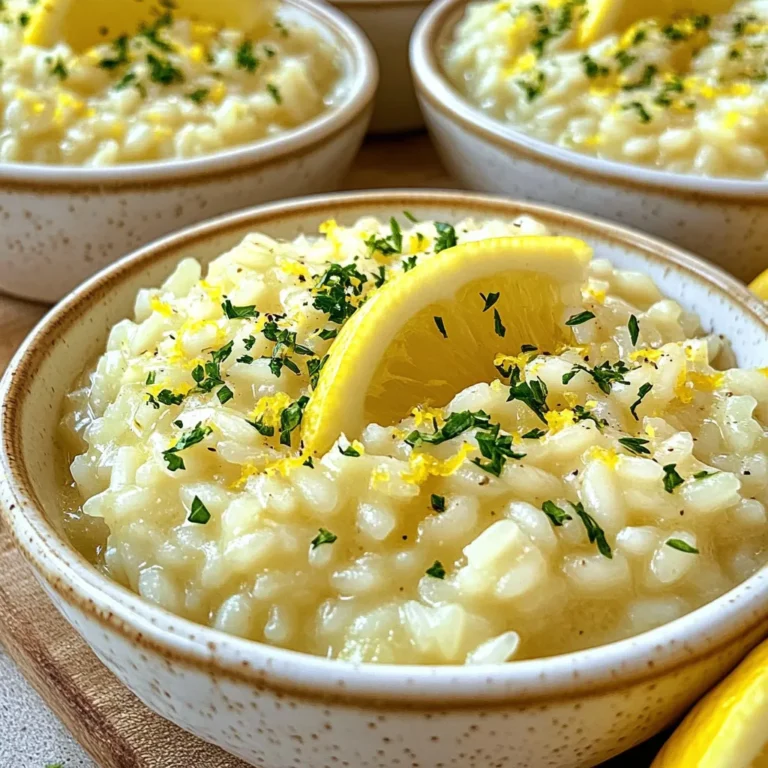 To make this creamy lemon parmesan risotto, you will need: - 1 cup Arborio rice - 4 cups low-sodium vegetable broth - 1 cup freshly grated Parmesan cheese - 1 small onion, finely chopped - 2 cloves garlic, minced - 1 tablespoon olive oil - 1 tablespoon unsalted butter - 1/4 cup heavy cream - 1 lemon (zest and juice) - Salt and pepper to taste - Fresh parsley, chopped (for garnish) When making risotto, fresh ingredients shine. I always choose fresh garlic and onion. They add a rich flavor to the dish. The lemon must be fresh too. Its juice and zest brighten the risotto. Use freshly grated Parmesan cheese. It melts better and offers a creamy texture. Avoid pre-grated cheese when possible. Fresh herbs, like parsley, enhance the look and taste. Arborio rice is key to great risotto. This rice has a high starch content. It creates a creamy texture that we love. Regular rice won’t give you the same results. When you cook Arborio rice, it absorbs broth well. It becomes tender yet remains slightly firm. This balance is what makes risotto special. Always choose Arborio rice for the best dish. {{ingredient_image_1}} Start by heating the vegetable broth in a saucepan over low heat. Keep it warm, but do not boil it. This step is key, as warm broth helps the rice cook evenly. You want the broth to be ready when you need to add it to the rice. Next, take a large skillet and heat the olive oil and butter over medium heat. Add the finely chopped onion. Sauté it until it turns translucent, which takes about 3 to 4 minutes. Then, add the minced garlic and cook for one more minute. Stir often to avoid burning the garlic. Now it's time to add the Arborio rice to the skillet. Stir the rice for about 2 minutes. This toasting step helps enhance the nutty flavor. You want to see the grains become slightly translucent. It adds a nice touch to the final dish. Begin adding the warm broth one ladle at a time. Stir the rice continuously. Wait until the liquid is mostly absorbed before adding more broth. This process takes about 18 to 20 minutes. The rice should be al dente and creamy by the end. Once your risotto is creamy and the rice is cooked, remove it from the heat. Stir in the heavy cream, grated Parmesan cheese, lemon juice, and lemon zest. Mix everything well until it's smooth and creamy. Season with salt and pepper to taste. Let it rest for a few minutes to let the flavors meld. To get that perfect creamy texture in your risotto, focus on two keys: stirring and broth. Always stir the rice as you add broth. This helps release starch, making the risotto creamy. Add broth slowly, one ladle at a time. Wait until the rice absorbs the liquid before adding more. You want the rice to cook evenly and not get mushy. The cream and cheese at the end add richness. Many people rush when making risotto. This is a mistake. Take your time. If you add too much broth at once, the rice won’t cook properly. Also, don’t skip the toasting step. Toasting the Arborio rice for a few minutes gives it a nice flavor. Finally, avoid overcooking the rice. It should be al dente, which means it has a slight bite. Use a large skillet for risotto. This gives more surface area for the rice to cook evenly. A ladle helps to add broth easily, and a wooden spoon is best for stirring. Keep a measuring cup handy for the broth. A good grater is key for fresh Parmesan cheese. Lastly, a zester will help you get the lemon’s zest without the bitter pith. These tools make the process smoother and more fun. Pro Tips Use Fresh Ingredients: Always opt for fresh lemons and high-quality Parmesan cheese to enhance the flavor of your risotto. Stir Constantly: Stirring continuously helps release the starch from the rice, resulting in a creamy texture that's essential for a perfect risotto. Don’t Rush the Broth: Add the broth gradually and wait for it to be mostly absorbed before adding more. This slow cooking method develops the risotto's flavor and creaminess. Rest Before Serving: Allow the risotto to rest for a few minutes after cooking. This helps the flavors meld together for a more delicious dish. {{image_2}} You can easily add vegetables to your risotto. Try spinach, peas, or asparagus. They add color and taste. Simply sauté them with the onion. For a twist, add roasted mushrooms or zucchini. Stir them in during the last few minutes of cooking. This keeps them bright and fresh. You can also try sun-dried tomatoes for a tangy kick. Adding protein makes your risotto heartier. Cooked chicken adds a nice flavor. Simply chop it and stir it in at the end. Shrimp cooks fast and adds a lovely taste. Sauté shrimp separately and mix them in right before serving. For a plant-based option, use tofu. Cube and pan-fry it until golden. Then add it to the risotto to create a filling meal. While Parmesan is classic, you can mix it up. Try using Pecorino Romano for a sharper flavor. Goat cheese can add creaminess and tang. Stir it in right before serving for a melty texture. If you want a nutty taste, try aged Gouda. Each cheese gives your risotto a different twist, so feel free to experiment! To keep your leftover risotto fresh, place it in an airtight container. Let it cool down to room temperature first. Once cooled, seal it tightly and store it in the fridge. This method helps to keep the risotto creamy and tasty. It can last for up to three days in the fridge. When you are ready to eat your leftover risotto, reheat it gently. Pour the risotto into a skillet over low heat. Add a splash of broth or water to bring back its creaminess. Stir often to prevent sticking. You can also use the microwave. Heat in short bursts, stirring in between, until warm. If you want to save risotto for later, freezing is a great option. First, let the risotto cool completely. Then, place portions in freezer-safe bags. Lay them flat to save space. You can freeze risotto for up to two months. When ready to eat, thaw it overnight in the fridge before reheating. The best rice for risotto is Arborio rice. This rice is short-grained and high in starch. The starch helps create that creamy texture we love in risotto. You can also use Carnaroli or Vialone Nano rice. Both types work well and give great results. You can skip the wine by using more vegetable broth. Focus on adding flavor through the broth and aromatics. A splash of lemon juice can add brightness too. Keep stirring and adding broth slowly to get that creamy texture. Yes, you can make it vegan! Use plant-based butter and cheese. Nutritional yeast can add a cheesy flavor. Replace heavy cream with coconut cream or cashew cream. This way, you can still enjoy a creamy texture and great taste. Risotto lasts about 3 to 4 days in the fridge. Store it in an airtight container. To keep it fresh, let it cool before sealing. Always check for signs of spoilage before eating. You can serve it with grilled vegetables, chicken, or fish for a complete meal. A fresh salad adds a nice crunch. For a simple touch, serve it with a lemon wedge or fresh herbs. This adds extra flavor and brightness to your dish. Creamy Lemon Parmesan Risotto is easy to make with the right ingredients. We learned about choosing fresh items and the key role of Arborio rice. I shared steps to cook creamy risotto, tips for the best texture, and ideas for adding flavor. You can even store leftovers or freeze them. In the end, this dish is versatile and satisfying. With a few simple changes, you can make it fit your taste. Enjoy making and sharing this delightful meal!