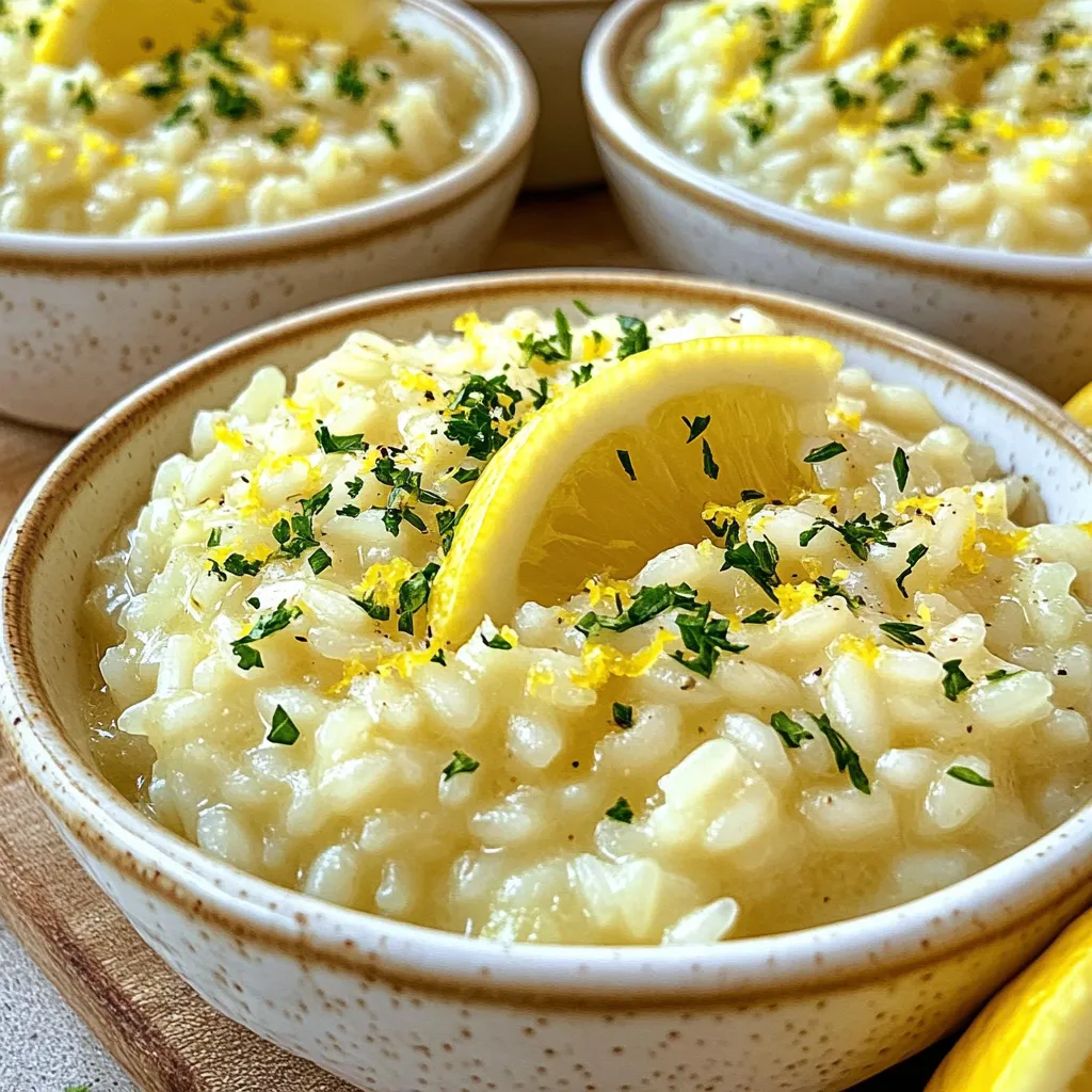 To make this creamy lemon parmesan risotto, you will need: - 1 cup Arborio rice - 4 cups low-sodium vegetable broth - 1 cup freshly grated Parmesan cheese - 1 small onion, finely chopped - 2 cloves garlic, minced - 1 tablespoon olive oil - 1 tablespoon unsalted butter - 1/4 cup heavy cream - 1 lemon (zest and juice) - Salt and pepper to taste - Fresh parsley, chopped (for garnish) When making risotto, fresh ingredients shine. I always choose fresh garlic and onion. They add a rich flavor to the dish. The lemon must be fresh too. Its juice and zest brighten the risotto. Use freshly grated Parmesan cheese. It melts better and offers a creamy texture. Avoid pre-grated cheese when possible. Fresh herbs, like parsley, enhance the look and taste. Arborio rice is key to great risotto. This rice has a high starch content. It creates a creamy texture that we love. Regular rice won’t give you the same results. When you cook Arborio rice, it absorbs broth well. It becomes tender yet remains slightly firm. This balance is what makes risotto special. Always choose Arborio rice for the best dish. {{ingredient_image_1}} Start by heating the vegetable broth in a saucepan over low heat. Keep it warm, but do not boil it. This step is key, as warm broth helps the rice cook evenly. You want the broth to be ready when you need to add it to the rice. Next, take a large skillet and heat the olive oil and butter over medium heat. Add the finely chopped onion. Sauté it until it turns translucent, which takes about 3 to 4 minutes. Then, add the minced garlic and cook for one more minute. Stir often to avoid burning the garlic. Now it's time to add the Arborio rice to the skillet. Stir the rice for about 2 minutes. This toasting step helps enhance the nutty flavor. You want to see the grains become slightly translucent. It adds a nice touch to the final dish. Begin adding the warm broth one ladle at a time. Stir the rice continuously. Wait until the liquid is mostly absorbed before adding more broth. This process takes about 18 to 20 minutes. The rice should be al dente and creamy by the end. Once your risotto is creamy and the rice is cooked, remove it from the heat. Stir in the heavy cream, grated Parmesan cheese, lemon juice, and lemon zest. Mix everything well until it's smooth and creamy. Season with salt and pepper to taste. Let it rest for a few minutes to let the flavors meld. To get that perfect creamy texture in your risotto, focus on two keys: stirring and broth. Always stir the rice as you add broth. This helps release starch, making the risotto creamy. Add broth slowly, one ladle at a time. Wait until the rice absorbs the liquid before adding more. You want the rice to cook evenly and not get mushy. The cream and cheese at the end add richness. Many people rush when making risotto. This is a mistake. Take your time. If you add too much broth at once, the rice won’t cook properly. Also, don’t skip the toasting step. Toasting the Arborio rice for a few minutes gives it a nice flavor. Finally, avoid overcooking the rice. It should be al dente, which means it has a slight bite. Use a large skillet for risotto. This gives more surface area for the rice to cook evenly. A ladle helps to add broth easily, and a wooden spoon is best for stirring. Keep a measuring cup handy for the broth. A good grater is key for fresh Parmesan cheese. Lastly, a zester will help you get the lemon’s zest without the bitter pith. These tools make the process smoother and more fun. Pro Tips Use Fresh Ingredients: Always opt for fresh lemons and high-quality Parmesan cheese to enhance the flavor of your risotto. Stir Constantly: Stirring continuously helps release the starch from the rice, resulting in a creamy texture that's essential for a perfect risotto. Don’t Rush the Broth: Add the broth gradually and wait for it to be mostly absorbed before adding more. This slow cooking method develops the risotto's flavor and creaminess. Rest Before Serving: Allow the risotto to rest for a few minutes after cooking. This helps the flavors meld together for a more delicious dish. {{image_2}} You can easily add vegetables to your risotto. Try spinach, peas, or asparagus. They add color and taste. Simply sauté them with the onion. For a twist, add roasted mushrooms or zucchini. Stir them in during the last few minutes of cooking. This keeps them bright and fresh. You can also try sun-dried tomatoes for a tangy kick. Adding protein makes your risotto heartier. Cooked chicken adds a nice flavor. Simply chop it and stir it in at the end. Shrimp cooks fast and adds a lovely taste. Sauté shrimp separately and mix them in right before serving. For a plant-based option, use tofu. Cube and pan-fry it until golden. Then add it to the risotto to create a filling meal. While Parmesan is classic, you can mix it up. Try using Pecorino Romano for a sharper flavor. Goat cheese can add creaminess and tang. Stir it in right before serving for a melty texture. If you want a nutty taste, try aged Gouda. Each cheese gives your risotto a different twist, so feel free to experiment! To keep your leftover risotto fresh, place it in an airtight container. Let it cool down to room temperature first. Once cooled, seal it tightly and store it in the fridge. This method helps to keep the risotto creamy and tasty. It can last for up to three days in the fridge. When you are ready to eat your leftover risotto, reheat it gently. Pour the risotto into a skillet over low heat. Add a splash of broth or water to bring back its creaminess. Stir often to prevent sticking. You can also use the microwave. Heat in short bursts, stirring in between, until warm. If you want to save risotto for later, freezing is a great option. First, let the risotto cool completely. Then, place portions in freezer-safe bags. Lay them flat to save space. You can freeze risotto for up to two months. When ready to eat, thaw it overnight in the fridge before reheating. The best rice for risotto is Arborio rice. This rice is short-grained and high in starch. The starch helps create that creamy texture we love in risotto. You can also use Carnaroli or Vialone Nano rice. Both types work well and give great results. You can skip the wine by using more vegetable broth. Focus on adding flavor through the broth and aromatics. A splash of lemon juice can add brightness too. Keep stirring and adding broth slowly to get that creamy texture. Yes, you can make it vegan! Use plant-based butter and cheese. Nutritional yeast can add a cheesy flavor. Replace heavy cream with coconut cream or cashew cream. This way, you can still enjoy a creamy texture and great taste. Risotto lasts about 3 to 4 days in the fridge. Store it in an airtight container. To keep it fresh, let it cool before sealing. Always check for signs of spoilage before eating. You can serve it with grilled vegetables, chicken, or fish for a complete meal. A fresh salad adds a nice crunch. For a simple touch, serve it with a lemon wedge or fresh herbs. This adds extra flavor and brightness to your dish. Creamy Lemon Parmesan Risotto is easy to make with the right ingredients. We learned about choosing fresh items and the key role of Arborio rice. I shared steps to cook creamy risotto, tips for the best texture, and ideas for adding flavor. You can even store leftovers or freeze them. In the end, this dish is versatile and satisfying. With a few simple changes, you can make it fit your taste. Enjoy making and sharing this delightful meal!