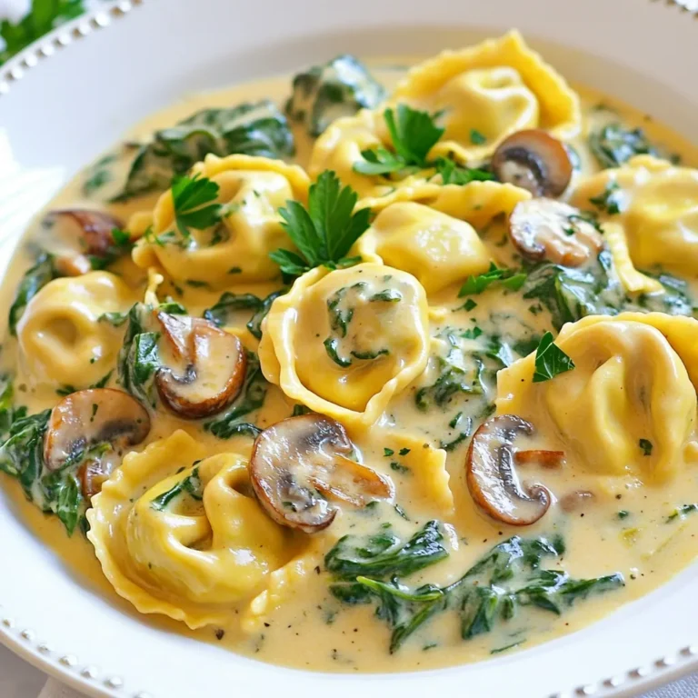 - 9 oz tortellini (fresh or frozen) - 2 cups fresh spinach, chopped - 1 cup mushrooms, sliced (cremini or button) - 1 small onion, diced - 2 cloves garlic, minced - 1 cup heavy cream - 1 cup vegetable broth - ½ cup grated Parmesan cheese - 2 tablespoons olive oil - Salt and pepper to taste The main ingredients create a rich and creamy base. Tortellini adds a delightful texture. Spinach brings freshness, while mushrooms add earthiness. The onion and garlic provide great flavor. Heavy cream makes the sauce luscious. Vegetable broth adds depth, and Parmesan gives a savory finish. - A pinch of nutmeg (optional) - Fresh parsley for garnish (optional) Adding nutmeg gives a warm, nutty taste. Fresh parsley adds color and a pop of flavor. Both options enhance your dish without overpowering it. If you need alternatives, you can use: - Gluten-free tortellini for a gluten-free version - Almond milk or coconut cream for dairy-free options - Nutritional yeast instead of Parmesan for a vegan twist These swaps keep the dish delicious while catering to different diets. Always adjust seasonings based on your choices, as flavors may change. {{ingredient_image_1}} To start, get a large pot and fill it with water. Add salt to the water for flavor. Bring it to a boil over high heat. Once boiling, add 9 oz of tortellini. Cook the tortellini according to the package instructions until it's al dente. This usually takes about 3 to 5 minutes. After cooking, drain the tortellini and set it aside for later. In the same pot, add 2 tablespoons of olive oil and heat it on medium. Once hot, toss in 1 small diced onion. Cook this for about 3 to 4 minutes until the onion turns soft and clear. Next, add 2 cloves of minced garlic and 1 cup of sliced mushrooms. Stir and cook for another 4 to 5 minutes. You want the mushrooms to soften and let out their moisture. After that, add 2 cups of chopped spinach. Cook until the spinach wilts, about 2 minutes. Now, pour in 1 cup of vegetable broth and bring it to a gentle simmer. Let it cook for 2 to 3 minutes to reduce a bit. Lower the heat and add 1 cup of heavy cream. Stir well to mix everything together. Season the sauce with salt, pepper, and a pinch of nutmeg if you like. This adds a warm flavor. Next, mix in ½ cup of grated Parmesan cheese. Stir until the cheese melts smoothly into the sauce. Now, it's time to add the cooked tortellini back into the pot. Gently toss the tortellini in the creamy sauce. Cook for an additional 1 to 2 minutes to warm everything through. Serve the dish right away, and if you want, top it with fresh parsley for a nice touch. Enjoy your creamy spinach mushroom tortellini! To get a creamy sauce, use heavy cream. It gives a rich texture. Stir in the cream slowly. This helps it blend well with the broth. If you want it thicker, let it simmer longer. This reduces the liquid and makes the sauce creamy. Adding cheese also helps. Parmesan melts nicely and adds flavor. Cook tortellini in salted boiling water. Follow the package time for the best results. Test a piece before draining. It should be firm, not mushy. After draining, toss the tortellini with a bit of olive oil. This keeps them from sticking together. Garnish with fresh parsley for color. It adds a nice touch to your dish. You can also sprinkle extra Parmesan on top. This makes it look more gourmet. A pinch of nutmeg can enhance the flavor too. Just remember, less is more! Pro Tips Fresh Ingredients Matter: Always use fresh spinach and mushrooms for the best flavor and texture in your creamy sauce. Perfectly Cooked Tortellini: Avoid overcooking the tortellini; it should be al dente to maintain its texture when mixed with the sauce. Customize Your Cheese: Feel free to mix in different cheeses like mozzarella or fontina for a unique taste and creaminess. Enhance with Herbs: Experiment with adding fresh herbs such as basil or thyme to elevate the dish's flavor profile. {{image_2}} You can add protein to your creamy spinach mushroom tortellini for a heartier meal. Chicken breast works well. Just cook it in the pot before adding the onions. Shrimp is another great choice. Add them right after the mushrooms. They cook quickly and add a nice flavor. If you want a vegetarian version, skip the meat and focus on the veggies. For a vegan twist, use coconut cream instead of heavy cream. You can also replace Parmesan with a vegan cheese or nutritional yeast. Both options give a cheesy taste without dairy. Feel free to get creative with your veggies. Broccoli or bell peppers add color and crunch. Zucchini can also be a great choice. Just slice it thin and add it with the mushrooms. Caramelized carrots or peas are tasty options too. They add sweetness and texture to the dish. To keep your creamy spinach mushroom tortellini fresh, use an airtight container. Place the cooled dish in the container and seal it tightly. Store it in the fridge. Your leftovers will last for 3 to 4 days. If you want to keep it longer, consider freezing it. When you're ready to eat your leftovers, reheat them gently. You can use a microwave or a stovetop. If using a microwave, heat in 30-second bursts. Stir in between to ensure even heating. If using the stovetop, add a splash of vegetable broth or cream to help it warm up. Heat on low until hot, stirring often. To freeze creamy spinach mushroom tortellini, let it cool completely first. Portion it into freezer-safe bags or containers. Squeeze out excess air to prevent freezer burn. Label the bags with the date. It can last up to 3 months in the freezer. When ready to eat, thaw it overnight in the fridge before reheating. It takes about 25 minutes to make Creamy Spinach Mushroom Tortellini. You spend 10 minutes prepping and 15 minutes cooking. This quick dish fits into any busy schedule. You can enjoy a rich meal in no time! Yes, you can use pre-packaged tortellini. Fresh or frozen tortellini works well in this recipe too. Just follow the cooking time on the package. This option saves time and still tastes great! You can add various vegetables to enhance flavor. Consider adding bell peppers, zucchini, or kale. Carrots and peas also work well. Feel free to mix and match based on your taste! Yes, you can make this recipe vegan. Use plant-based tortellini and substitute heavy cream with coconut cream or cashew cream. Replace Parmesan cheese with nutritional yeast or vegan cheese. You still get a creamy and tasty dish! Absolutely! You can use different cheeses to change the flavor. Mozzarella or goat cheese adds a nice twist. Just keep in mind that melting qualities may vary. Choose what you love best! We explored the ingredients and steps for making creamy spinach mushroom tortellini. You can mix and match the flavors and add proteins as you like. Store leftovers well, and enjoy reheating for a quick meal. This dish is adaptable for many diets. Follow these tips for the best taste and texture. Cook with joy, and feel free to experiment. This recipe is yours to make delicious!
