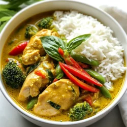 To make Thai green curry chicken, you need a few key ingredients. Here is what you will need: - 1 lb (450g) boneless chicken thighs, cut into bite-size pieces - 1 tablespoon vegetable oil - 1 can (13.5 oz) coconut milk - 2 tablespoons Thai green curry paste - 1 cup chicken broth - 1 tablespoon brown sugar - 2 tablespoons fish sauce (or soy sauce for a vegetarian option) - 1 red bell pepper, sliced - 1 cup broccoli florets - 1 cup snap peas - 3 kaffir lime leaves, torn (optional) - Fresh basil leaves, for garnish - Cooked jasmine rice, for serving These items bring the dish to life. The chicken thighs stay tender and juicy. The coconut milk adds creaminess, while the curry paste gives it that punch of flavor. You can adjust the recipe to fit your taste. Here are some optional ingredients: - Substitute chicken with tofu or shrimp for different proteins. - Use any seasonal vegetables like zucchini or carrots for a twist. - If you don’t have kaffir lime leaves, try lime zest for a similar taste. These swaps let you personalize your curry. You can make it your own while still keeping the flavors close to the original. Fresh herbs and veggies add brightness to your curry. I recommend using: - Fresh basil leaves for a sweet aroma. - Cilantro can also work if you enjoy its flavor. - Add more veggies like spinach or baby corn for extra color. Using fresh herbs makes the dish pop. It enhances the taste and makes your meal look beautiful. Enjoy experimenting with whatever you have on hand! {{ingredient_image_1}} Making your green curry paste is simple. If you have store-bought paste, you can skip this step. If you want to make it fresh, blend green chilies, garlic, ginger, and spices. Use a food processor for a smooth mix. This paste gives your curry its bold flavor. Start by heating vegetable oil in a large skillet over medium heat. Add the green curry paste and stir it for about two minutes. This brings out its rich aroma. Next, add the chicken pieces. Cook them until they are no longer pink. This should take five to seven minutes. Pour in the coconut milk and chicken broth. Stir well and let it simmer gently. After five minutes, add brown sugar and fish sauce. If you want, add the torn kaffir lime leaves for more flavor. Allow it to simmer for another ten minutes. Now, it’s time for the veggies. Add the sliced red bell pepper, broccoli florets, and snap peas. Cook for five more minutes until they are tender but still crisp. This keeps them bright and fresh. Taste your curry and adjust the seasoning if needed. You can add more fish sauce or sugar to suit your taste. Finally, remove the skillet from heat and garnish with fresh basil leaves. Serve your green curry hot over jasmine rice. This meal is colorful and packed with flavor. Enjoy! If you want less heat, use less green curry paste. You can start with one tablespoon. Taste as you go. If you want more heat, add more paste or some chopped fresh chili. Remember, you can always add spice, but you can't take it away. Use fresh kaffir lime leaves for the best flavor. They add a bright, citrus note. Fish sauce gives an umami kick, but soy sauce works too if you prefer. Thai basil is a must for garnish. It brings a sweet fragrance that makes the dish pop. One big mistake is cooking the chicken too long. It can become dry and tough. Another is not letting the curry simmer enough. Simmering helps the flavors blend well. Lastly, do not skip the brown sugar. It balances the spice and adds depth. Pro Tips Use Fresh Ingredients: Fresh herbs and vegetables will enhance the flavor of your curry significantly. Try to use fresh basil and crisp vegetables for the best results. Adjust Spice Level: If you prefer a milder curry, start with less green curry paste and adjust according to your taste preferences. You can add more as it cooks. Let It Simmer: Allowing the curry to simmer for a longer period can deepen the flavors. Just be careful not to overcook the vegetables; they should remain vibrant and slightly crunchy. Serve with Jasmine Rice: The fragrant jasmine rice absorbs the rich curry sauce beautifully, making each bite delicious. Consider garnishing with additional basil for a fresh touch. {{image_2}} You can make Thai green curry chicken without chicken. Use tofu or tempeh instead. Both options soak up flavors well. You can also use vegetables like eggplant and zucchini. For a vegan version, swap fish sauce for soy sauce. This keeps the taste without meat. Use coconut aminos for a lighter option. If you want to change the protein, try shrimp or beef. Both cook quickly and add a different taste. For a heartier dish, add chickpeas or lentils. These legumes bring a nice texture. As for veggies, bell peppers and carrots work great. They add color and crunch. You can serve green curry in many ways. Jasmine rice is a classic choice. It soaks up the sauce well. You might also try rice noodles. They give a fun twist. For a lighter meal, serve it in lettuce wraps. This adds a fresh crunch. You can also top it with fresh herbs to enhance flavor. Enjoy experimenting with these ideas! After enjoying your Thai green curry chicken, store any leftovers in an airtight container. This keeps your dish fresh and tasty. Allow it to cool to room temperature before sealing it. Place the container in the fridge. It is best to eat leftovers within three days to ensure quality. When you’re ready to eat your leftover curry, reheat it slowly. You can use a skillet over low heat or a microwave. If you use a microwave, cover the dish to keep moisture in. Stir it occasionally to heat evenly. Add a splash of coconut milk or water if it seems too thick. This helps regain its creamy texture. You can freeze Thai green curry chicken for up to three months. Use a freezer-safe container or a zip-top bag. Be sure to leave some space for expansion. When you’re ready to enjoy it, take it out of the freezer. Place it in the fridge for a night to defrost. If you’re in a hurry, you can defrost it in the microwave on the defrost setting. Always reheat it thoroughly before serving. You can use red curry paste if you do not have green curry paste. The flavors will change, but it still tastes good. You could also mix herbs like cilantro and mint for a fresh twist. For a milder option, try using yellow curry paste. Yes, you can make Thai Green Curry Chicken ahead of time. Just cook the curry, let it cool, and store it in the fridge. It stays good for up to three days. When you are ready to eat, just reheat it on low heat. The flavors will deepen over time, giving you a tasty meal. Jasmine rice is the best choice for Thai Green Curry Chicken. Its light, floral scent pairs well with the rich curry. You can also use basmati rice if you prefer. Both types of rice soak up the curry sauce nicely, making each bite delicious. In this blog post, I covered how to make Thai Green Curry Chicken. We discussed main and optional ingredients, plus fresh herbs and vegetables. I detailed step-by-step instructions for preparing the curry paste, cooking the chicken, and adding vegetables. You learned tips to adjust spice levels and avoid common mistakes. Variations for vegetarians and different serving styles were also shared. Lastly, I covered storage tips for leftovers. Cooking this dish can be fun and rewarding. Enjoy your flavorful journey with Thai green curry!
