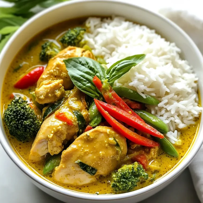 To make Thai green curry chicken, you need a few key ingredients. Here is what you will need: - 1 lb (450g) boneless chicken thighs, cut into bite-size pieces - 1 tablespoon vegetable oil - 1 can (13.5 oz) coconut milk - 2 tablespoons Thai green curry paste - 1 cup chicken broth - 1 tablespoon brown sugar - 2 tablespoons fish sauce (or soy sauce for a vegetarian option) - 1 red bell pepper, sliced - 1 cup broccoli florets - 1 cup snap peas - 3 kaffir lime leaves, torn (optional) - Fresh basil leaves, for garnish - Cooked jasmine rice, for serving These items bring the dish to life. The chicken thighs stay tender and juicy. The coconut milk adds creaminess, while the curry paste gives it that punch of flavor. You can adjust the recipe to fit your taste. Here are some optional ingredients: - Substitute chicken with tofu or shrimp for different proteins. - Use any seasonal vegetables like zucchini or carrots for a twist. - If you don’t have kaffir lime leaves, try lime zest for a similar taste. These swaps let you personalize your curry. You can make it your own while still keeping the flavors close to the original. Fresh herbs and veggies add brightness to your curry. I recommend using: - Fresh basil leaves for a sweet aroma. - Cilantro can also work if you enjoy its flavor. - Add more veggies like spinach or baby corn for extra color. Using fresh herbs makes the dish pop. It enhances the taste and makes your meal look beautiful. Enjoy experimenting with whatever you have on hand! {{ingredient_image_1}} Making your green curry paste is simple. If you have store-bought paste, you can skip this step. If you want to make it fresh, blend green chilies, garlic, ginger, and spices. Use a food processor for a smooth mix. This paste gives your curry its bold flavor. Start by heating vegetable oil in a large skillet over medium heat. Add the green curry paste and stir it for about two minutes. This brings out its rich aroma. Next, add the chicken pieces. Cook them until they are no longer pink. This should take five to seven minutes. Pour in the coconut milk and chicken broth. Stir well and let it simmer gently. After five minutes, add brown sugar and fish sauce. If you want, add the torn kaffir lime leaves for more flavor. Allow it to simmer for another ten minutes. Now, it’s time for the veggies. Add the sliced red bell pepper, broccoli florets, and snap peas. Cook for five more minutes until they are tender but still crisp. This keeps them bright and fresh. Taste your curry and adjust the seasoning if needed. You can add more fish sauce or sugar to suit your taste. Finally, remove the skillet from heat and garnish with fresh basil leaves. Serve your green curry hot over jasmine rice. This meal is colorful and packed with flavor. Enjoy! If you want less heat, use less green curry paste. You can start with one tablespoon. Taste as you go. If you want more heat, add more paste or some chopped fresh chili. Remember, you can always add spice, but you can't take it away. Use fresh kaffir lime leaves for the best flavor. They add a bright, citrus note. Fish sauce gives an umami kick, but soy sauce works too if you prefer. Thai basil is a must for garnish. It brings a sweet fragrance that makes the dish pop. One big mistake is cooking the chicken too long. It can become dry and tough. Another is not letting the curry simmer enough. Simmering helps the flavors blend well. Lastly, do not skip the brown sugar. It balances the spice and adds depth. Pro Tips Use Fresh Ingredients: Fresh herbs and vegetables will enhance the flavor of your curry significantly. Try to use fresh basil and crisp vegetables for the best results. Adjust Spice Level: If you prefer a milder curry, start with less green curry paste and adjust according to your taste preferences. You can add more as it cooks. Let It Simmer: Allowing the curry to simmer for a longer period can deepen the flavors. Just be careful not to overcook the vegetables; they should remain vibrant and slightly crunchy. Serve with Jasmine Rice: The fragrant jasmine rice absorbs the rich curry sauce beautifully, making each bite delicious. Consider garnishing with additional basil for a fresh touch. {{image_2}} You can make Thai green curry chicken without chicken. Use tofu or tempeh instead. Both options soak up flavors well. You can also use vegetables like eggplant and zucchini. For a vegan version, swap fish sauce for soy sauce. This keeps the taste without meat. Use coconut aminos for a lighter option. If you want to change the protein, try shrimp or beef. Both cook quickly and add a different taste. For a heartier dish, add chickpeas or lentils. These legumes bring a nice texture. As for veggies, bell peppers and carrots work great. They add color and crunch. You can serve green curry in many ways. Jasmine rice is a classic choice. It soaks up the sauce well. You might also try rice noodles. They give a fun twist. For a lighter meal, serve it in lettuce wraps. This adds a fresh crunch. You can also top it with fresh herbs to enhance flavor. Enjoy experimenting with these ideas! After enjoying your Thai green curry chicken, store any leftovers in an airtight container. This keeps your dish fresh and tasty. Allow it to cool to room temperature before sealing it. Place the container in the fridge. It is best to eat leftovers within three days to ensure quality. When you’re ready to eat your leftover curry, reheat it slowly. You can use a skillet over low heat or a microwave. If you use a microwave, cover the dish to keep moisture in. Stir it occasionally to heat evenly. Add a splash of coconut milk or water if it seems too thick. This helps regain its creamy texture. You can freeze Thai green curry chicken for up to three months. Use a freezer-safe container or a zip-top bag. Be sure to leave some space for expansion. When you’re ready to enjoy it, take it out of the freezer. Place it in the fridge for a night to defrost. If you’re in a hurry, you can defrost it in the microwave on the defrost setting. Always reheat it thoroughly before serving. You can use red curry paste if you do not have green curry paste. The flavors will change, but it still tastes good. You could also mix herbs like cilantro and mint for a fresh twist. For a milder option, try using yellow curry paste. Yes, you can make Thai Green Curry Chicken ahead of time. Just cook the curry, let it cool, and store it in the fridge. It stays good for up to three days. When you are ready to eat, just reheat it on low heat. The flavors will deepen over time, giving you a tasty meal. Jasmine rice is the best choice for Thai Green Curry Chicken. Its light, floral scent pairs well with the rich curry. You can also use basmati rice if you prefer. Both types of rice soak up the curry sauce nicely, making each bite delicious. In this blog post, I covered how to make Thai Green Curry Chicken. We discussed main and optional ingredients, plus fresh herbs and vegetables. I detailed step-by-step instructions for preparing the curry paste, cooking the chicken, and adding vegetables. You learned tips to adjust spice levels and avoid common mistakes. Variations for vegetarians and different serving styles were also shared. Lastly, I covered storage tips for leftovers. Cooking this dish can be fun and rewarding. Enjoy your flavorful journey with Thai green curry!