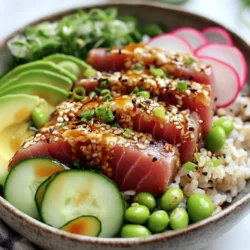 - 2 fresh sushi-grade tuna steaks - 1/4 cup sesame seeds (white and black mixed) - 2 tablespoons soy sauce (low sodium) - 1 tablespoon sesame oil To make your sesame crusted tuna bowls truly delicious, start with sushi-grade tuna steaks. This fish is fresh and safe to eat raw. The sesame seeds give a nice crunch and nutty flavor. Combine soy sauce and sesame oil for a tasty drizzle. These main ingredients set the stage for a wonderful meal. - 1 cup cooked brown rice or quinoa - 1 cup edamame, shelled - 1 avocado, sliced - 1 small cucumber, thinly sliced Next, we need fresh components. Cooked brown rice or quinoa serves as a great base. Edamame adds protein and a pop of color. Sliced avocado brings creaminess, while cucumber adds a refreshing crunch. These fresh ingredients make the bowls vibrant and healthy. - 1 tablespoon pickled ginger - 2 green onions, chopped - Sea salt and black pepper to taste For a little extra flair, you can include optional add-ins. Pickled ginger gives a sharp, zesty kick. Chopped green onions add brightness and flavor. A pinch of sea salt and black pepper enhances all the tastes. These add-ins can elevate your dish even more. {{ingredient_image_1}} Start by getting your fresh sushi-grade tuna steaks. First, pat them dry with paper towels. This helps to remove extra moisture. Next, season both sides with a pinch of sea salt and black pepper. This simple step adds great flavor. Next, get a shallow dish and pour in your sesame seeds. You can mix white and black seeds for a nice look. Press each tuna steak into the seeds. Make sure to coat all sides well. This creates a crunchy, nutty crust. Now, heat 1 tablespoon of sesame oil in a non-stick skillet. Use medium-high heat for the best results. When the oil is hot, carefully place the tuna steaks in the skillet. Sear for about 1-2 minutes on each side for a rare finish. If you like it more cooked, leave it a bit longer. Once done, take the tuna out of the skillet. Let it rest for a minute before slicing. This keeps the juices inside and makes it tender. While the tuna rests, prepare your bowls. Start by layering cooked brown rice or quinoa at the bottom. This will be your base. Next, artfully arrange the edamame, sliced avocado, cucumber, and radish on one side of the bowl. This helps to create a colorful and fresh look. Now, slice the seared tuna into thin strips. Place these strips on top of the rice or quinoa. For extra flavor, drizzle some soy sauce and honey over the tuna and the entire bowl. Finally, garnish with chopped green onions and microgreens if you like. Serve with pickled ginger on the side for a zesty touch. Enjoy your nutritious and flavorful meal! To get a great sear on your tuna, heat your skillet to medium-high. This temperature is key. You want it hot enough to cook the fish but not burn it. Cook the tuna for about 1-2 minutes on each side for rare. If you like it more done, leave it longer. Just don’t overcook it; you want it tender and juicy. If you don’t have brown rice, quinoa is a great choice. It adds a nice nutty flavor. For veggies, feel free to mix in some shredded carrots or snap peas. They add crunch and color. You can also use farro or barley if you want different textures. When plating your bowls, think about color and shape. Use a big, white bowl to make the food pop. Stack the rice on one side and arrange the veggies next to it. Place the tuna slices on top. Drizzle some soy sauce and honey for flair. Garnish with green onions and microgreens for that fresh look. You can even add edible flowers for a fun touch. Pro Tips Freshness is Key: Always use sushi-grade tuna for the best flavor and safety. This ensures the fish is fresh and safe for raw consumption. Perfect Searing: Ensure your skillet is hot before adding the tuna. This helps to achieve a nice crust while keeping the inside rare. Customize Your Bowl: Feel free to add other toppings like seaweed, carrots, or radishes to personalize your tuna bowl to your taste. Serve Immediately: These bowls are best enjoyed fresh. Assemble right before serving to maintain the texture and flavor of the ingredients. {{image_2}} You can switch up the protein in this dish. Salmon works great as an alternative. It has a rich flavor and pairs well with sesame seeds. Other fish, like yellowtail or snapper, can also shine in this bowl. For a vegetarian twist, use tofu. Press the tofu to remove water, then coat it with sesame seeds. You can bake or pan-fry it for a delicious crunch. Spices and marinades can boost the flavors in your bowl. Try adding chili powder or garlic for a spicy kick. You can also mix soy sauce with ginger or lime juice for a zesty marinade. Different sauces can change the flavor too. Try teriyaki or a sweet chili sauce for a tasty twist. The base of your bowl can change too. Use seasonal vegetables for freshness. Try bell peppers, carrots, or snap peas for color and crunch. You can also swap the grains. Quinoa is a good choice, but you might like farro or even cauliflower rice. These changes keep the dish exciting and full of flavor. - You can store these bowls in the fridge for up to two days. - Keep the tuna separate from the other ingredients to maintain freshness. - Use airtight containers to avoid any odors or moisture. - If you have leftover avocado, sprinkle lemon juice on it to slow browning. - For the best flavor, do not reheat the tuna. - If you must, use low heat to warm it gently in a skillet. - Avoid microwave reheating, as it can make the tuna tough. - Reheat rice or quinoa in the microwave or on the stove. - Cook the rice or quinoa in advance for easy assembly. - Prep the edamame, cucumber, and radish ahead of time. - Slice the tuna just before serving to keep it fresh. - Assemble bowls right before eating to maintain texture and flavor. Yes, you can use frozen tuna. Make sure it is sushi-grade. Frozen tuna must be thawed properly. Place it in the fridge overnight or run it under cold water. This keeps the fish safe and fresh. Frozen tuna may not have the same taste as fresh. However, it can still work well in your bowls. Look for bright red color and firm texture. Fresh tuna should have a mild ocean smell. Ask your fishmonger for sushi-grade fish. They can help you choose the best quality. Check if the tuna has been frozen first. This kills harmful parasites, making it safe to eat raw. These sides will complement your bowls nicely: - Seaweed salad - Pickled vegetables - Miso soup - Steamed broccoli - Sautéed bok choy - Crispy tempura veggies These options add flavor and color to your meal. They also enhance the healthy aspects of your dish. Enjoy exploring different combinations! In this blog post, we explored how to create delicious sesame-crusted tuna bowls. We discussed key ingredients like sushi-grade tuna, sesame seeds, and fresh components like avocado. I shared step-by-step cooking instructions, helpful tips for perfecting your dish, and variations to keep meals exciting. Embrace these ideas for a tasty meal that impresses. Enjoy customizing the bowls for your taste, and remember: fresh ingredients matter. Get cooking and enjoy your meal!