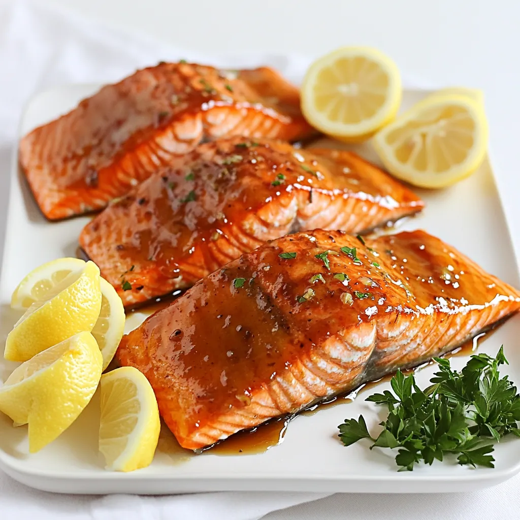 - 4 salmon fillets (6 oz each) - 1/4 cup pure maple syrup - 2 tablespoons soy sauce (low sodium) - 1 tablespoon Dijon mustard - 1 teaspoon minced garlic - 1 teaspoon fresh ginger, grated - 1 tablespoon olive oil - Salt and pepper to taste - Lemon wedges for serving - Fresh parsley for garnish The star of this dish is the salmon. Choose fresh salmon fillets for the best flavor. Each fillet should weigh about 6 ounces. The next key ingredient is pure maple syrup. This sweet element brings a delightful glaze to your fish. You will also need low-sodium soy sauce for a touch of saltiness. Dijon mustard adds a nice tang. Minced garlic and grated ginger give the glaze depth. Olive oil helps sear the salmon perfectly. Don’t forget salt and pepper for seasoning. For serving, lemon wedges brighten the dish. Fresh parsley makes a lovely garnish. These simple ingredients come together to create a tasty meal. To start, you need to mix the glaze. Grab a small bowl and add: - 1/4 cup pure maple syrup - 2 tablespoons low-sodium soy sauce - 1 tablespoon Dijon mustard - 1 teaspoon minced garlic - 1 teaspoon grated fresh ginger Whisk these ingredients together until smooth. This mix gives your salmon a sweet and tangy flavor. Next, it’s time to marinate the salmon. Place 4 salmon fillets in a shallow dish. Pour half of the glaze over the fillets. Make sure they are well coated. Cover the dish and put it in the fridge. Let it marinate for at least 30 minutes. If you have time, let it sit for up to 2 hours. This step helps the salmon soak in all the flavors. Now, let’s cook the salmon. Start by preheating your oven to 400°F (200°C). Line a baking sheet with parchment paper for easy cleanup. After marinating, take the salmon out of the fridge. Let any extra marinade drip off. Sprinkle salt and pepper on both sides of each fillet. Heat 1 tablespoon of olive oil in a skillet over medium-high heat. Once the oil is hot, add the salmon fillets skin-side down. Sear them for about 3-4 minutes. Don’t move them during this time. You want them to form a nice crust. Carefully flip the fillets. Brush the reserved maple glaze on top. Then, transfer the salmon to the prepared baking sheet. Bake the salmon in the oven for about 10-12 minutes. It should flake easily with a fork when done. Once the salmon is cooked, take it out of the oven. Let it rest for a couple of minutes. This helps keep it juicy. For serving, place the salmon on plates. Add lemon wedges on the side for a fresh touch. Garnish with fresh parsley for added color. This dish looks great and tastes even better! Pair it with simple sides like rice or steamed veggies. Enjoy your delightful maple glazed salmon! Marinating your salmon is key to great flavor. I recommend marinating for at least 30 minutes. For even better taste, let it sit for up to 2 hours. This gives the flavors time to soak in. Use the full mix of ingredients: maple syrup, soy sauce, Dijon mustard, garlic, and ginger. Each adds its own magic. To sear salmon perfectly, heat olive oil in your skillet first. Make sure it’s hot before adding the salmon. Place the fillets skin-side down and don’t move them for about 3-4 minutes. This helps form a nice crust. To check for doneness, look for flakiness. When the fish flakes easily with a fork, it’s ready. Garnishing makes your dish pop. Use fresh parsley for color and freshness. A squeeze of lemon adds brightness too. For sides, consider sweet potatoes or steamed broccoli. They balance the rich flavors of the salmon and complete your meal. {{image_2}} You can swap maple syrup with honey or agave nectar. These options give a sweet flavor but change the taste a bit. If you lack soy sauce, try coconut aminos or tamari for a gluten-free choice. For the herbs and spices, fresh dill or thyme can replace ginger. You can also use chili flakes for a spicy kick. You can grill or bake your salmon. Grilling gives a smoky taste and nice grill marks. Preheat your grill to medium heat. Cook for about 4-5 minutes per side. Baking is easy and requires less attention. Just follow the oven method in the recipe. A slow cooker is also a great option. Just set it on low for 2-3 hours. This method keeps the salmon very moist. Pair your salmon with roasted or steamed vegetables. Broccoli, asparagus, or green beans work well. You can also serve it over a bed of rice or quinoa for a hearty meal. Try a simple salad as a side to add freshness. For a twist, serve with a fruit salsa. Mango or pineapple salsa can brighten the dish. To keep your maple glazed salmon fresh, place any leftovers in an airtight container. This helps seal in flavor and moisture. Make sure the salmon is cool before sealing. Store it in the fridge for up to three days. If you want to keep it longer, consider freezing it. Wrapped tightly in foil or freezer bags, it can last up to three months. When reheating, avoid drying out the salmon. Preheat your oven to 350°F (175°C). Place the salmon on a baking sheet. Cover it with foil to lock in moisture. Heat for about 10-15 minutes until warmed through. You can also use a microwave. Place the salmon on a microwave-safe plate, cover it with a damp paper towel, and heat in short bursts. This keeps it juicy while warming. To keep the flavor vibrant, consider adding a squeeze of fresh lemon juice before serving again. You can tell if the salmon is done by checking its color and texture. Cooked salmon turns from a bright red to a light pink. It should also flake easily when you poke it with a fork. If the salmon is still raw in the middle, it needs more time. Aim for an internal temperature of 145°F (63°C) for safe eating. Yes, you can prep the salmon ahead of time. Marinate the salmon in the glaze for up to 2 hours. This rest time helps the flavors soak in. If you want to cook it later, store the marinated salmon in the fridge. Just remember to keep it covered. Maple glazed salmon goes well with many sides. Here are some great options: - Steamed broccoli - Roasted sweet potatoes - Quinoa or rice - Fresh green salad - Garlic mashed potatoes These sides balance the sweetness of the glaze and add color to your plate. You can create a delicious maple-glazed salmon with the right ingredients and techniques. I shared how to prepare the glaze, marinate the salmon, and cook it to perfection. You learned tips for presentation, alternative cooking methods, and how to store leftovers. By following these steps, you can impress your family and friends. Enjoy this tasty dish that offers flexibility and flavor. Now, go ahead and make this recipe your own. Happy cooking!