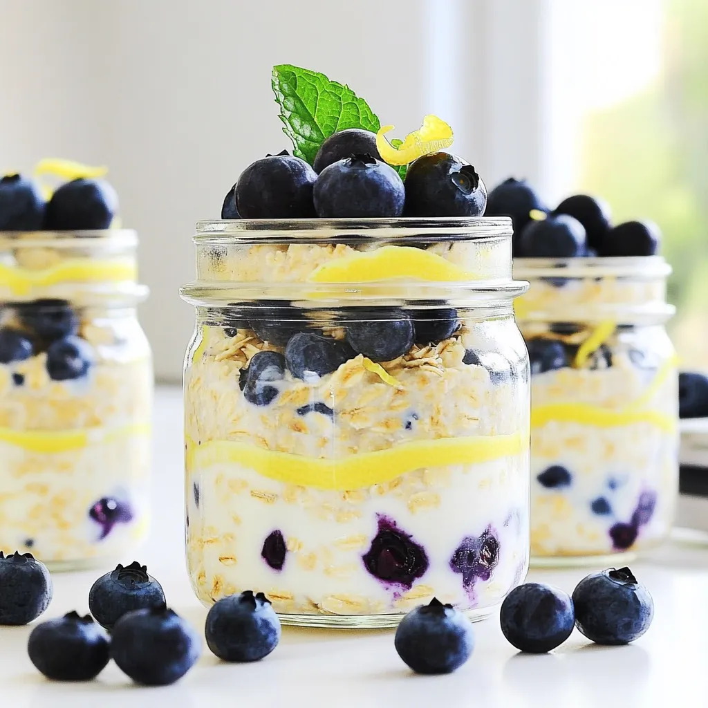To make Blueberry Lemon Overnight Oats, you need simple and fresh items. This recipe uses oats, milk, yogurt, and blueberries. These ingredients come together to create a tasty and healthy breakfast. - Rolled oats: They are the base of our dish. Oats add fiber and keep you full. - Almond milk: This milk adds creaminess. You can use any milk you like. - Plain Greek yogurt: This ingredient adds protein and a rich texture. - Fresh blueberries: Blueberries are sweet and packed with nutrients. - Honey or maple syrup: These sweeteners add a touch of natural sweetness. - Lemon zest and juice: They bring bright and fresh flavors to the oats. - Vanilla extract: This adds a warm and comforting taste. - Pinch of salt: Salt enhances all the flavors in the dish. If you want to change things up, you can easily swap ingredients. Here are some ideas: - Use coconut milk for a tropical twist. - Replace Greek yogurt with dairy-free yogurt for a vegan option. - You can use agave nectar instead of honey for a lighter sweetener. - If you don’t have fresh blueberries, frozen ones work well too, just thaw them first. - For a nut-free option, choose oat milk instead of almond milk. Start with a medium bowl or jar. Pour in 1 cup of rolled oats. Add 1 cup of almond milk, or any milk you like. Then, mix in 1/2 cup of plain Greek yogurt. Stir these ingredients gently until they blend well. This base is creamy and full of flavor. Next, it’s time for the fun part! Add 1/2 cup of fresh blueberries. Toss in the zest of 1 lemon and 1 tablespoon of lemon juice. These add a bright taste. Also, include 1/2 teaspoon of vanilla extract and a pinch of salt. Stir everything until you see the blueberries and lemon spread throughout. Each bite will burst with flavor! Cover your bowl or jar tightly with a lid or plastic wrap. Place it in the fridge. Let it chill overnight or for at least 4 hours. This time allows the oats to soak up the liquid and flavors. In the morning, stir well. If it looks thick, just add a splash of almond milk. Your oats will be ready to enjoy! To make perfect overnight oats, start with a good mix. Use rolled oats for the best texture. Combine 1 cup of oats with 1 cup of almond milk. Add 1/2 cup of Greek yogurt for creaminess. Stir in 1 tablespoon of honey for sweetness. This blend gives you a great base. Make sure to add fresh blueberries. They add a burst of flavor. Mix in the zest and juice of 1 lemon. This makes the oats bright and fresh. Don't forget a pinch of salt; it brings out the other flavors. Cover your jar and refrigerate overnight. To boost flavor, try different milks. Coconut milk adds a tropical twist. You can also use flavored yogurt for extra taste. Consider adding nuts or seeds for crunch. Chia seeds can help thicken the oats too. For more lemon flavor, add extra zest. You can also mix in a dash of cinnamon. This gives a warm note that pairs well with berries. If you want more sweetness, drizzle a bit more honey in the morning. One common mistake is not letting the oats soak long enough. They need at least four hours to absorb liquid and flavors. Another mistake is using instant oats. They become mushy and lose texture. Avoid overloading with toppings too soon. This can weigh down your oats. Add toppings just before you eat. Lastly, don’t skip the salt. It enhances the overall taste of your dish. {{image_2}} You can change the flavor of your blueberry lemon overnight oats easily. Try adding different fruits. Strawberries, raspberries, or even peaches work well. You can also swap lemon for lime for a zesty twist. If you want a richer taste, add a spoonful of peanut butter or almond butter. This adds creaminess and a nutty flavor that pairs nicely with blueberries. Making your overnight oats fit your diet is simple. To make it vegan, use plant-based yogurt instead of Greek yogurt. Almond milk is great, but coconut or oat milk are good choices too. For gluten-free oats, ensure you buy certified gluten-free rolled oats. This will keep your breakfast safe and delicious. Toppings can elevate your overnight oats. Fresh blueberries are a must, but you can add sliced bananas or chopped nuts too. A sprinkle of chia seeds adds a nice crunch and nutrition. Drizzle some honey or maple syrup on top for extra sweetness. If you want a special touch, add a dollop of whipped coconut cream. This will make your breakfast feel like a treat! To keep your blueberry lemon overnight oats fresh, use an airtight container. A jar works great. Make sure to seal it well before placing it in the fridge. This keeps the oats tasty and prevents them from drying out. You can also layer the oats with extra blueberries for added flavor. These overnight oats last about 3 to 5 days in the fridge. For the best taste, eat them within 3 days. Check for any changes in smell or texture before eating. If you find any, it's time to toss them. Keep in mind that the longer they sit, the softer the oats get. You can eat overnight oats cold or warm. If you prefer them warm, heat them in the microwave. Start with 30 seconds, then stir. Check if they need more time. Add a splash of almond milk if they feel too thick after heating. Enjoy your meal warm or cold, it’s your choice! You can use regular yogurt, dairy-free yogurt, or cottage cheese. Each will change the flavor a bit. Regular yogurt gives a nice creaminess. Dairy-free options work well for allergies. Cottage cheese adds protein and a different texture. Yes, you can use frozen blueberries! They work great in overnight oats. Just add them directly to the mix. They may make the oats a little colder, but the flavor stays good. You can also let them thaw before adding. Overnight oats last about 3 to 5 days in the fridge. Store them in a sealed container to keep them fresh. If you see any signs of spoilage, it’s best to throw them away. Enjoy your oats within this time for the best taste! In this post, we explored how to make overnight oats. We detailed the key ingredients and substitutions. You learned the step-by-step preparation and mixing tips for smooth oats. We shared clever tricks for perfecting your dish and avoiding common mistakes. You discovered various flavor options and dietary adjustments to suit your tastes. Finally, we covered the best storage practices to keep your oats fresh. You now have the tools to create tasty overnight oats that fit your needs. Enjoy experimenting with flavors and make breakfast fun!