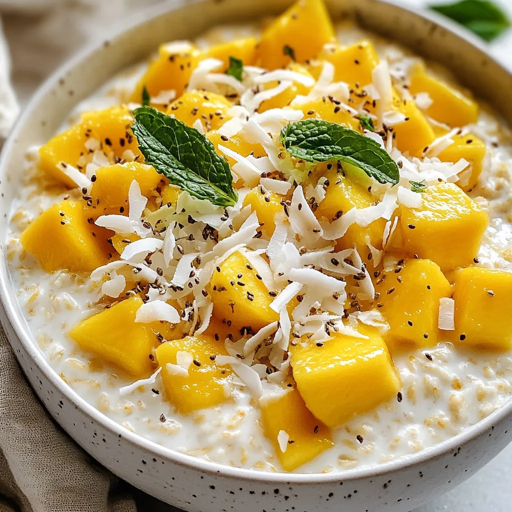 Here is what you need for Coconut Mango Overnight Oats. Gather these simple items: - 1 cup rolled oats - 1 cup coconut milk (or almond milk) - 1 ripe mango, diced - 1 tablespoon chia seeds - 1 tablespoon honey or maple syrup (optional) - 1/2 teaspoon vanilla extract - A pinch of salt - Shredded coconut for topping - Fresh mint leaves for garnish These ingredients create a creamy, tasty breakfast. The oats will soak up the flavors overnight. The chia seeds help thicken the mix, making it satisfying. You can choose honey or maple syrup based on your sweetness preference. This recipe is flexible; feel free to swap the coconut milk for almond milk if you like. Diced mango adds a juicy touch, while shredded coconut gives it a tropical feel. Mint leaves not only look nice but also add a fresh taste. Enjoy this simple yet delicious recipe! {{ingredient_image_1}} In a medium bowl or jar, combine the rolled oats, coconut milk, chia seeds, honey, vanilla extract, and a pinch of salt. Mixing these ingredients well helps create a smooth base. Stir until everything is evenly combined. This step is key to getting that creamy texture. Next, gently fold in half of the diced mango. This adds a sweet and fruity flavor to your oats. Be careful not to mash the mango. You want those lovely chunks to stay intact for texture and taste. Now, cover the bowl or seal your jar with a lid. Place it in the refrigerator overnight. Letting the oats soak for at least 4 hours allows them to absorb the liquid. This is when the magic happens, and your oats will thicken nicely. In the morning, give the mixture a good stir. If the oats feel too thick, add a splash of coconut milk to reach your desired consistency. Divide the oats between serving bowls or jars. Top with the remaining diced mango, some shredded coconut, and fresh mint leaves for a touch of color and flavor. Enjoy your delicious and nutritious breakfast! To get the best texture for your coconut mango overnight oats, adjust the liquid amount. If you like a thicker mix, use less coconut milk. For a creamier, smoother texture, add a bit more. You can also choose almond milk if you prefer a different flavor. Make sure to stir well to blend everything together. Sweetness is key in this recipe. If you want your oats sweeter, add honey or maple syrup. Start with one tablespoon. Then, taste it. If you think it needs more, add a little extra. You can skip the sweeteners if you like a more natural taste from the mango. To boost the flavor, think about adding spices or extracts. A dash of cinnamon or nutmeg can bring warmth. You can also try a drop of almond extract for a new twist. Experiment with flavors to find what you like best. It’s fun to create your own version! Pro Tips Choose Ripe Mangoes: For the best flavor and sweetness, make sure to use ripe mangoes that are slightly soft to the touch. Customize Your Sweetness: Adjust the sweetness of your oats by varying the amount of honey or maple syrup according to your taste preference. Experiment with Toppings: Feel free to add other toppings like nuts, seeds, or berries for extra texture and flavor. Make Ahead for Busy Mornings: Prepare multiple jars at once and store them in the fridge for easy grab-and-go breakfasts throughout the week. {{image_2}} You can easily change the milk in this recipe. I love using almond milk, soy milk, or oat milk. Each gives a unique flavor. Almond milk adds a nutty taste. Soy milk is creamy and rich. Oat milk makes it smooth. Choose what suits your taste best. Want to mix it up? Try adding other fruits! Pineapple and banana work well. Pineapple brings a sweet and tangy flavor. Bananas add creaminess and extra sweetness. You can use any fruit you love. Just make sure it pairs well with mango. For a crunchy bite, add nuts or nut butter as toppings. Almonds, walnuts, or cashews are great choices. They add texture and healthy fats. Nut butter like peanut or almond gives creaminess. This extra layer makes your overnight oats even more delicious. Enjoy experimenting with your favorite nuts! Store your Coconut Mango Overnight Oats in airtight containers. This keeps them fresh. I recommend using glass jars or plastic containers. Make sure they are sealed tightly. This prevents any odors from the fridge from seeping in. Make a big batch to save time. You can prepare two or three servings at once. Portion them out into individual containers. This way, breakfast is ready when you are. Just grab a jar and go. It’s an easy way to eat healthy. These oats are best enjoyed within three to five days. After that, they may lose their taste and texture. Always check for any signs of spoilage. If they look or smell off, toss them out. Enjoy them fresh for the best flavor! Yes, you can use quick oats. Quick oats cook faster and absorb liquid quickly. This gives your oats a softer texture. Rolled oats are chewy and hold their shape better. If you prefer a smoother mix, quick oats work well. However, if you want a heartier bite, stick with rolled oats. Coconut Mango Overnight Oats can last up to five days in the fridge. Store them in an airtight container to keep them fresh. After a few days, they may lose some texture. They still taste great, but may become mushy. Always check for any off smells or changes in color before eating. Yes, you can freeze Coconut Mango Overnight Oats. Use a freezer-safe container and leave some space for expansion. They can last up to three months in the freezer. To eat, thaw them in the fridge overnight. You may need to stir in some coconut milk to regain the creamy texture. Enjoy your tasty breakfast whenever you want! This blog post covered how to make Coconut Mango Overnight Oats. We discussed the right ingredients, step-by-step instructions, and tips to enhance your oats. You can easily substitute dairy alternatives or try other fruits to make it your own. Storing your oats correctly ensures they stay fresh. Now, you can enjoy a quick and tasty breakfast that's easy to prepare. Get creative with flavors and toppings, and make this dish your go-to morning meal. Enjoy every spoonful!