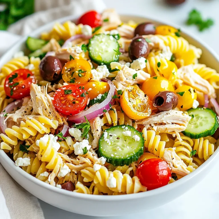 To make the Greek Chicken Pasta Salad, you need a few main items. Here’s what you should gather: - 2 cups rotini or fusilli pasta - 1 pound cooked chicken breast, shredded - 1 cup cherry tomatoes, halved - 1 cucumber, diced - 1/2 red onion, thinly sliced - 1 cup Kalamata olives, pitted and halved - 1 cup feta cheese, crumbled - 1/4 cup fresh parsley, chopped - 1/4 cup olive oil - 2 tablespoons red wine vinegar - 1 tablespoon dried oregano - Salt and pepper to taste These ingredients create a colorful and tasty dish. The pasta serves as a hearty base, while the chicken adds protein. Each veggie brings a crunch, and the olives and feta give it that classic Greek flavor. You can add some extra ingredients to boost the taste even more. Here are a few ideas: - Bell peppers, diced - Artichoke hearts, chopped - Spinach or arugula - Fresh lemon juice Adding these can bring new flavors and textures. For example, bell peppers add sweetness, while spinach gives it a fresh touch. If you can’t find some ingredients, don’t worry! Here are some swaps: - Use grilled turkey or tofu instead of chicken for a different protein. - Try different pasta shapes like penne or farfalle. - Swap Kalamata olives for green olives if you prefer a milder taste. - Use goat cheese instead of feta for a tangy kick. These substitutions keep the dish fresh and fun while catering to your taste preferences. {{ingredient_image_1}} Start with a large pot. Fill it with water and add salt. Bring the water to a boil. Add 2 cups of rotini or fusilli pasta. Cook it until it is al dente, following the package instructions. This usually takes about 8-10 minutes. Drain the pasta and rinse it under cold water. This stops the cooking and cools it down. In a small bowl, combine the dressing ingredients. Pour in 1/4 cup of olive oil and 2 tablespoons of red wine vinegar. Add 1 tablespoon of dried oregano. Season with salt and pepper to taste. Use a whisk to mix everything together until it is smooth and well combined. In a large mixing bowl, combine all the main ingredients. Add the cooked pasta first. Then, mix in 1 pound of shredded chicken breast, 1 cup of halved cherry tomatoes, 1 diced cucumber, and 1/2 thinly sliced red onion. Next, add 1 cup of pitted and halved Kalamata olives, and finish with 1 cup of crumbled feta cheese. Pour the dressing over the pasta mixture. Gently toss everything to coat well. The dressing should cover all the ingredients. For added freshness, sprinkle 1/4 cup of chopped parsley on top. Cover the bowl with plastic wrap and chill it for at least 30 minutes. This allows the flavors to mix. When ready to serve, give it another gentle toss. Serve in a large bowl and garnish with extra feta and parsley for a nice look. To make the best dressing, use fresh ingredients. Start with good olive oil. Combine it with red wine vinegar, oregano, salt, and pepper. Whisk them well in a small bowl. This helps mix the flavors fully. Taste it after mixing. Adjust salt or vinegar to your liking. A great dressing can lift the whole salad. Chill the salad for at least 30 minutes. This time allows the flavors to blend well. It also cools the pasta and chicken. If you can wait longer, do it! Letting it sit for two hours makes it even better. Serve it cold for a refreshing experience. Avoid overcooking the pasta. Cook it just until al dente. Rinse it in cold water right after. This stops the cooking. Don't add the dressing too early. If you dress it too soon, the pasta gets soggy. Lastly, don't skip the parsley garnish. It adds a fresh pop of flavor. Pro Tips Cook Pasta Al Dente: Cooking the pasta al dente will ensure that it holds its shape and texture when mixed with the dressing and other ingredients. Use Fresh Ingredients: For the best flavor, use fresh vegetables and herbs. The quality of the produce can significantly impact the overall taste of the salad. Chill Before Serving: Allowing the salad to chill for at least 30 minutes helps the flavors meld together, enhancing the overall taste of the dish. Customize Your Add-ins: Feel free to add other ingredients like bell peppers, artichokes, or even avocado to personalize the salad to your liking. {{image_2}} You can easily boost the veggie count in your Greek chicken pasta salad. Try adding bell peppers, spinach, or artichokes. These veggies add color and crunch. You can also use roasted vegetables for a smoky taste. Just make sure to chop them into bite-sized pieces. This way, they mix well with the pasta and chicken. If you want to switch up the protein, there are great options. You can use grilled shrimp or diced turkey instead of chicken. For a lighter option, try tuna or chickpeas. These proteins still work well with the Greek flavors. Just make sure they are cooked or canned and ready to go. You can make this salad vegetarian or vegan with a few changes. For a vegetarian dish, simply leave out the chicken and add more cheese. Feta cheese is a great choice here. If you want a vegan salad, use tofu or tempeh instead of chicken. You can also replace feta with a dairy-free cheese. This keeps the flavors fresh and tasty without any animal products. To keep your Greek Chicken Pasta Salad fresh, store it in an airtight container. This prevents air from getting in and helps maintain flavor. Make sure the salad is cool before sealing the container. It will stay fresh in the fridge for up to three days. If you see any liquid, drain it before serving. Crisp veggies like cucumbers and tomatoes add great flavor. To keep them fresh, store them separately. Place them in a small container or bag. When you are ready to eat, mix them in just before serving. This keeps them crunchy and bright. If you have leftover pasta salad, you can enjoy it cold or warmed up. To reheat, place it in a microwave-safe bowl. Heat it for 30 seconds, then stir. Check the temperature before eating. You want it warm, not hot. If it feels dry, add a splash of olive oil or vinegar to liven it up. You can store Greek Chicken Pasta Salad in the fridge for up to three days. Keep it in an airtight container to keep it fresh. After that, the flavors may fade, and the veggies can get mushy. Yes, you can use different pasta shapes. Rotini and fusilli work great, but any short pasta will do. Penne or farfalle are good choices too. Just make sure they are cooked al dente for the best texture. Greek Chicken Pasta Salad pairs well with grilled vegetables or a simple green salad. You can also serve it with warm pita bread and hummus. These sides add more flavors and textures to your meal. Absolutely! Greek Chicken Pasta Salad is perfect for meal prep. It keeps well and tastes great when chilled. You can prepare it on a Sunday and enjoy it throughout the week. Just make sure to store it properly. Yes, you can make this salad in advance. It tastes even better after sitting for a few hours. Just cover it well and chill it in the fridge. This allows the flavors to blend nicely, making each bite even tastier. Greek chicken pasta salad is fresh, tasty, and easy to make. We covered the key ingredients, including how to enhance flavors. I shared tips for cooking pasta and perfecting your dressing. With some simple variations and storage tips, you can enjoy this dish anytime. In my experience, small changes can make a big difference. So, feel free to experiment and make it your own! Enjoy creating this delicious meal!