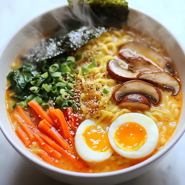 To make a delicious Spicy Miso Ramen Bowl, you need a few key ingredients: - 4 cups vegetable broth - 2 tablespoons miso paste (preferably red miso) - 2 tablespoons soy sauce - 1 tablespoon sriracha (adjust for spice level) - 200g ramen noodles - 1 cup shiitake mushrooms, sliced - 1 cup baby spinach - 1 carrot, julienned - 2 green onions, sliced These ingredients create a rich and tasty broth. The miso paste adds depth while the sriracha brings heat. You can enhance your ramen with some fun toppings: - 2 boiled eggs, halved (optional) - Sesame seeds for garnish - Seaweed sheets for garnish These add flavor and texture to your bowl. The eggs provide creaminess, while the sesame seeds and seaweed add crunch. This bowl is not just tasty; it offers health benefits too: - Vegetable broth: Low in calories, full of vitamins. - Miso paste: Packed with probiotics, good for gut health. - Shiitake mushrooms: Rich in antioxidants, support the immune system. - Spinach: High in iron, great for energy. - Carrots: Full of beta-carotene, good for your eyes. By using these ingredients, you make a meal that is both hearty and healthy. Enjoy the flavors while knowing you are nourishing your body! {{ingredient_image_1}} Start by grabbing a large pot. Pour in 4 cups of vegetable broth. Heat it on medium until it simmers. Next, add 2 tablespoons of red miso paste. Stir well so the miso mixes easily. Then, pour in 2 tablespoons of soy sauce and 1 tablespoon of sriracha. Make sure the sriracha is mixed in completely. Now, toss in 1 cup of sliced shiitake mushrooms and 1 julienned carrot. Let them cook for about 5 minutes. This makes the broth rich and flavorful. Finally, add 1 cup of baby spinach and cook for another minute. The spinach should wilt nicely. While the broth simmers, grab another pot and fill it with water. Bring it to a boil. Add 200 grams of ramen noodles and cook them as the package directs. After they are tender, drain the noodles and set them aside. Make sure they don’t stick together. You can add a little oil if needed. Now it’s time to put everything together. Take two serving bowls and divide the cooked ramen noodles between them. Next, ladle the hot broth with vegetables over the noodles. This makes the noodles warm and tasty. If you like, add halved boiled eggs on top. Then sprinkle sliced green onions and sesame seeds for extra flavor. Finally, add seaweed sheets for a nice touch. Serve the bowls hot and enjoy your delicious Spicy Miso Ramen! To make your spicy miso ramen just right, control the heat. Start with one tablespoon of sriracha. Taste the broth after mixing in the miso and soy sauce. If you want more heat, add more sriracha. You can also use less sriracha or switch to a milder hot sauce. This way, you can enjoy the flavors without overwhelming your taste buds. Cooking ramen noodles can be simple. Always follow the package directions for the best results. Use a big pot with boiling water. Stir the noodles gently so they do not stick. Cook until they are firm but tender. Drain them quickly and rinse with cold water. This stops the cooking process and keeps them from getting mushy. Adding them to hot broth just before serving keeps them perfect. If you have leftovers, store them in an airtight container. Keep the broth separate from the noodles. This helps the noodles stay firm. You can keep the broth in the fridge for up to three days. When you’re ready to eat, reheat the broth on the stove until hot. Add the noodles and any extra veggies. This way, your ramen tastes fresh and delicious every time. Pro Tips Choose the Right Miso: Red miso provides a deeper, richer flavor, perfect for a spicy ramen. If you're looking for a milder taste, consider using white miso instead. Customize Your Spice Level: Adjust the amount of sriracha based on your preference. Start with less and add more to find the perfect heat for your palate. Fresh Ingredients Matter: Use fresh shiitake mushrooms and baby spinach for the best flavor and texture. They will enhance the overall quality of your ramen bowl. Perfect Boiled Eggs: For the best boiled eggs, cook them for 6-7 minutes, then plunge them into ice water to stop the cooking process. This ensures a creamy yolk. {{image_2}} If you want a vegetarian or vegan ramen bowl, you can make simple swaps. Use vegetable broth, which I already added to the recipe. For the miso, stick with red miso. It gives that rich flavor. You can skip the boiled eggs for a fully vegan dish. Instead, try adding extra tofu for protein. Firm tofu works best. Just cube it and toss it in the broth to heat through. If you want more protein, add cooked chicken or pork. These meats pair well with miso. For a plant-based option, consider edamame or tempeh. They add a nice texture and boost protein. Simply toss in the cooked edamame or sliced tempeh into the broth. Make sure to heat them until warm. The beauty of ramen lies in its flexibility with veggies. You can use bok choy, snap peas, or bell peppers. Just chop them up and add them to the broth as it simmers. Each vegetable brings its own flavor and crunch. If you're feeling adventurous, try adding corn or zucchini for a sweet twist. Spicy miso ramen shines with the right side dishes. Here are some tasty options: - Edamame: These steamed soybeans are a great snack. Their slight saltiness pairs well. - Gyoza: These pan-fried dumplings add a crunchy texture. Choose vegetable or meat fillings. - Seaweed Salad: This light salad brings a fresh taste and is easy to make. Drink choices can enhance your ramen experience. Consider these pairings: - Green Tea: This warm drink cleanses the palate and balances spice. - Sake: A chilled or warm sake adds a rich flavor. It complements the umami. - Light Beer: A crisp beer can refresh your taste buds and cool the heat. Make your ramen bowl visually appealing. Here are some ideas: - Layering: Place noodles at the bottom, then pour broth and veggies on top. - Garnishing: Use green onions, sesame seeds, and seaweed to add color. - Serving Bowls: Use deep, wide bowls for a more inviting look. They hold the broth well. These serving suggestions will elevate your spicy miso ramen experience. Enjoy every bite! If you can't find miso paste, use tahini or almond butter. These add creaminess but lack miso’s unique taste. You can also mix soy sauce with a bit of vinegar. This gives a salty and tangy flavor, closer to miso. To make this dish vegan, swap the vegetable broth for a rich vegetable stock. Skip the boiled eggs and use tofu instead. Silken tofu works great for a creamy texture. Make sure your miso paste is vegan. Most miso pastes are plant-based, but check the label. Yes, you can use other types of noodles. Udon noodles or rice noodles work well. Just adjust the cooking time based on the package instructions. Each noodle type adds its own twist. Experiment and find your favorite! You can find great Spicy Miso Ramen at many ramen shops. Look for places that focus on authentic flavors. Many cities have spots with unique twists on this dish. Check reviews online for recommendations. Store leftovers in an airtight container in the fridge. It lasts about three days. Keep the noodles separate from the broth to avoid sogginess. Reheat the broth and add the noodles just before serving. This keeps everything fresh and tasty! Spicy miso ramen combines flavor and health through simple steps and diverse options. We explored key ingredients, preparation methods, and fun variations. Adjust your spice levels and try new toppings to make each bowl unique. This dish can please any palate and fit dietary needs. Enjoy experimenting with side dishes and drinks that enhance your ramen experience. Remember, the best ramen comes from creativity and a dash of love. Happy cooking!